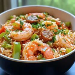 - 1 lb shrimp, peeled and deveined - 1/2 lb smoked sausage, sliced into rounds - 1 cup long grain rice - 1 medium onion, finely chopped - 1 green bell pepper, diced - 2 celery stalks, diced - 3 cloves garlic, minced - 1 can (14.5 oz) diced tomatoes with green chilies - 4 cups chicken broth - 2 tablespoons Cajun seasoning - 1 teaspoon dried thyme - 1 teaspoon paprika - 1 bay leaf - 2 tablespoons olive oil - Salt and black pepper, to taste - Fresh parsley, chopped (for garnish) Fresh shrimp gives the best flavor and texture. I always choose shrimp that’s bright pink and firm. Frozen shrimp works too, but thaw it safely in the fridge overnight. For sausage, I prefer smoked or Cajun sausage. Both add great depth to the dish. Cajun seasoning is a key flavor in jambalaya. It usually blends paprika, cayenne, garlic powder, and herbs. This adds a nice kick to your meal. Dried thyme and paprika enhance the taste too. If you don’t have Cajun seasoning, you can mix your own or use a store-bought blend. Use a Dutch oven or a large pot for even cooking. A good knife and a cutting board are key for prep. Measuring cups help keep your ingredients right. Always wash your hands after handling raw shrimp. This keeps your kitchen safe and clean. First, gather all your ingredients. Chop the onion, bell pepper, and celery. Measure out the rice and spices. This step helps you cook faster. Keep your workspace clean to avoid mess. When handling raw shrimp, wash your hands. Use a separate cutting board for the shrimp. This will prevent cross-contamination. Heat olive oil in a large pot over medium heat. Add the sliced sausage and cook for about five minutes. The sausage should turn golden brown. Remove the sausage and set it aside. Next, add the chopped vegetables to the pot. Sauté them for 5-7 minutes until the onion is soft. Now, stir in the rice. Toasting it for two minutes adds flavor. Add diced tomatoes, chicken broth, and seasonings. Bring everything to a boil, then cover and reduce heat. Let it simmer for 20-25 minutes. You’ll know it’s done when the rice absorbs most of the liquid. Now, add the shrimp. Fold them gently into the pot. Cover again and cook for another 5-7 minutes. The shrimp should turn pink and opaque. This means they are perfectly cooked. Once the shrimp are ready, remove the bay leaf. Taste your jambalaya and adjust the salt and pepper. Stir in fresh parsley for color. For serving, use deep bowls. Top with extra parsley and a sprinkle of Cajun seasoning. This adds a nice visual touch and flavor. For the full recipe, check out the previous sections. - For a great jambalaya, make sure your rice is not too wet. - Use long-grain rice for a light, fluffy texture. - Rinse the rice before cooking to remove excess starch. - Avoid mushy rice by not stirring too much during cooking. - Cook shrimp until they turn pink; this takes about 5 minutes. - If you like spice, add cayenne pepper to the sausage mix. - For milder jambalaya, use less Cajun seasoning or omit it. - Fresh shrimp have the best taste, so buy them from local markets. - Look for shrimp that smell sweet, not fishy. - Quality sausage adds great flavor; choose smoked or Andouille sausage. - Visit farmers' markets for fresh produce like bell peppers and onions. - Supermarkets can have good options, but local shops often have better quality. - Marinate shrimp in lemon juice and garlic for 15 minutes before cooking. - Add bell peppers, okra, or corn for extra flavor and texture. - Homemade chicken broth gives a richer taste than store-bought. - Try using beer instead of broth for a unique twist. - Adjust the cooking time based on any added vegetables or meats. For the full recipe, check out the Spicy Shrimp & Sausage Jambalaya section. {{image_4}} You can swap shrimp for many other proteins. Chicken works great in jambalaya. Just cut it into bite-sized pieces. Cook it longer than shrimp, about 10-15 minutes, until it is no longer pink. If you prefer a meatless dish, tofu is a tasty option. Use firm tofu and cube it. Sauté it for a few minutes before adding it to the jambalaya. For seafood lovers, try scallops or crab for a fun twist. Just remember to adjust the cooking time to avoid overcooking. Want more heat? You can add cayenne pepper or a splash of hot sauce. Mix in extra spices, too, like crushed red pepper flakes. For a fresh taste, add herbs like basil or oregano. Swap out the Cajun seasoning if you want a different flavor profile. You can use Creole seasoning or even a mix of paprika and garlic powder. Each region has its own spin on jambalaya, so feel free to experiment! Making jambalaya gluten-free is simple. Just choose gluten-free sausage or skip it altogether. For a vegan version, use vegetable broth and omit any meat. Replace shrimp with extra veggies or tofu. You can also make low-calorie jambalaya by using less oil and more veggies. Cut down on sausage and shrimp portions, too. This keeps the dish flavorful but light! Storing leftover jambalaya is easy. First, let it cool to room temperature. Then, place it in an airtight container. This keeps it fresh. You can store it in the fridge for up to three days. If it smells sour or looks off, it’s best to toss it. When reheating, use the stove or microwave. Add a splash of broth to keep it moist. To freeze jambalaya, portion it into smaller containers. Make sure they are freezer-safe. You can freeze it for up to three months. When ready to eat, take a portion out and let it thaw in the fridge overnight. For quick reheating, use the microwave or stovetop. Remember, shrimp can become rubbery if frozen too long, so enjoy sooner rather than later. Batch cooking jambalaya is a smart move. Make a large pot and divide it into portions. Store them in the fridge or freezer. This way, you have meals ready to go. Pair jambalaya with a simple salad or crusty bread for a complete meal. Fresh herbs or a squeeze of lemon can brighten the dish. This adds flavor and makes it feel fresh. What is the difference between jambalaya and gumbo? Jambalaya is a rice dish that is cooked all together. Gumbo is a soup that serves over rice. Both are flavorful but differ in texture and cooking method. Can I make jambalaya in a slow cooker? Yes, you can! Just brown the sausage and sauté the veggies first. Then, add everything to the slow cooker with the rice. Cook on low for about 4 hours. What side dishes pair well with jambalaya? Some great sides include cornbread, a simple green salad, or coleslaw. These add a nice contrast to the spicy jambalaya. Can I omit the sausage for a lighter dish? Absolutely! You can skip the sausage. Use extra shrimp or add more veggies for flavor. What is the origin of jambalaya? Jambalaya comes from Louisiana, influenced by Spanish and French cooking. It is a dish that reflects the region’s rich culture and flavors. How spicy is the dish typically? The spice level can vary. With Cajun seasoning, it has a good kick. You can adjust spices to your taste. How can I make jambalaya less spicy? Try using mild sausage and less Cajun seasoning. You can also add a little sugar to balance the heat. Can I use brown rice instead of white rice? Yes, but brown rice takes longer to cook. Increase the liquid and cooking time for best results. What are some good topping suggestions? Chopped green onions, fresh parsley, or a squeeze of lemon work great. They add freshness and flavor to each bowl. For the complete recipe of Spicy Shrimp & Sausage Jambalaya, check the [Full Recipe]. Spicy Shrimp & Sausage Jambalaya is a flavorful dish that you can easily master. Fresh ingredients and proper cooking techniques are key. Remember to choose your spices wisely and keep safety in mind. You can customize this dish to fit your taste and dietary needs. Store leftovers well for later enjoyment. With a little practice, you will create an unforgettable jambalaya. Now, it’s time to get cooking and enjoy a taste of Louisiana at home!