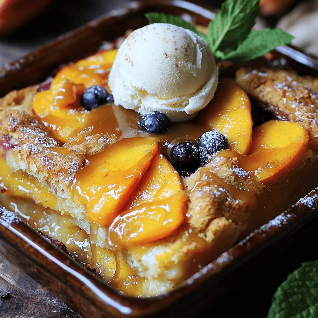 - 4 ripe peaches, peeled and sliced - 1 cup fresh blueberries - 1/2 cup granulated sugar - 1 tablespoon freshly squeezed lemon juice - 1 teaspoon pure vanilla extract - 1 teaspoon ground cinnamon - 1 cup all-purpose flour - 1 tablespoon baking powder - 1/2 teaspoon fine sea salt - 1/3 cup unsalted butter, melted - 3/4 cup whole milk - 1/2 cup packed brown sugar for topping - 1 teaspoon ground nutmeg What can you use instead of peaches and blueberries? You can swap peaches for nectarines or plums. You can use blackberries or strawberries in place of blueberries. What about sugar? If you want a healthier option, you can try using honey or maple syrup. These give a nice flavor too. Need dairy-free options? You can use almond milk or coconut milk instead of whole milk. For butter, try coconut oil or vegan butter. These swaps keep your cobbler tasty! For the full recipe, check out the details above. 1. Preheat your oven to 350°F (175°C). This helps bake the cobbler evenly. 2. In a large bowl, combine the sliced peaches, blueberries, granulated sugar, lemon juice, vanilla extract, and cinnamon. Toss gently until the fruit gets coated. 3. In another bowl, mix the flour, baking powder, and salt. This ensures even distribution of the dry ingredients. 1. Add the melted butter and milk to the dry mix. Stir gently until just combined. Remember, it is okay if the batter is a bit lumpy. This keeps your cobbler tender. 1. Grease an 8x8 inch baking dish. Pour the batter evenly into the dish. 2. Spoon the fruit mixture over the batter. Make sure some of it sinks in, and some stays on top for a nice look. 3. In a small bowl, mix the brown sugar and nutmeg. Sprinkle this over the fruit for a sweet crunch. 4. Bake in the oven for about 45-50 minutes. Look for a golden top and use a toothpick to check if it comes out clean. Now, you’re ready to enjoy your delicious Bourbon Peach Cobbler! For the full recipe, check out the details above. To ensure even baking, use a square baking dish. This helps the heat distribute well. Always preheat your oven to 350°F (175°C) before placing your cobbler inside. This step is key to achieving that golden crust. To check for doneness, use the toothpick method. Insert a toothpick into the center of the cobbler. If it comes out clean, your cobbler is ready. If there's batter on the toothpick, bake it a little longer. Serving your cobbler with ice cream is a great idea. The cold ice cream pairs well with the warm cobbler. For a special touch, add whipped cream on top. It adds a nice creaminess. Drizzling caramel over your cobbler can enhance its flavor. The rich sweetness of caramel contrasts well with the fruit. It makes your dessert feel more indulgent. One common mistake is overmixing the batter. This can make your cobbler tough. Mix just until the ingredients are combined for a tender result. Another mistake is cutting into the cobbler too soon. Let it cool for a few minutes before serving. This allows the juices to settle and makes for a better texture. For the full recipe, check out the details above. {{image_4}} You can make this bourbon peach cobbler even more fun. Try adding other fruits too. Strawberries and raspberries can blend well with peaches. They add a nice tartness and bright color. You might also want to experiment with spices. Ginger gives a warm kick, while cloves add a deep flavor. Use these in small amounts to find what you like best. Mixing flavors can change the whole dish and make it special. If you want a gluten-free version, swap all-purpose flour for a gluten-free blend. Many brands work well and will keep your cobbler soft. For a vegan-friendly cobbler, replace the butter with coconut oil or vegan butter. Use almond or oat milk instead of whole milk. These changes keep the taste great and are perfect for those with dietary needs. Using seasonal fruits can change the flavor of your cobbler. In spring, try cherries or apricots. In fall, apples or pears work well. Each season brings new tastes and fun options. You might also adapt the recipe for holidays. For Thanksgiving, add a sprinkle of nutmeg or cinnamon. During summer, serve it with fresh mint. These small tweaks keep the dish fresh and exciting. Check out the Full Recipe for more ways to enjoy bourbon peach cobbler! Let your cobbler cool for about 30 minutes before you store it. This helps keep the crust nice. Use a glass or plastic container with a tight lid. These containers keep the cobbler fresh longer. Avoid metal containers as they can change the taste. To reheat your cobbler, use an oven or microwave. For the oven, set it to 350°F (175°C). Place the cobbler in a dish and cover it with foil. Heat for about 15-20 minutes until warm. In the microwave, heat in 30-second bursts until it's hot. If you want to freeze it, wrap it tightly in plastic wrap. Thaw in the fridge overnight before reheating. You can keep your cobbler in the fridge for about 3-4 days. Look for signs of spoilage like mold or an off smell. If the cobbler looks dry or hard, it’s best to toss it. Enjoy your Bourbon Peach Cobbler fresh for the best taste! For the full recipe, check out the complete guide. You can tell your cobbler is done when it has a golden brown top. A toothpick test works well, too. Insert a toothpick into the center. If it comes out clean, the cobbler is ready. The edges should pull away slightly from the dish. This shows it has baked through evenly. Yes, you can prepare the cobbler a few hours in advance. Just mix the fruit and batter, then store them separately. Keep them in the fridge until you're ready to bake. This helps the flavors blend. When you’re ready, layer them in your baking dish and bake as usual. Serve your cobbler warm for the best taste. A scoop of vanilla ice cream on top adds creaminess. You can even drizzle caramel sauce over the cobbler for a sweet touch. Fresh mint leaves make a lovely garnish, too. This makes it look and taste amazing for gatherings. Bourbon is not a must, but it adds a special touch. It enhances the flavors of the peaches. If you want a non-alcoholic version, you can skip it. Try using extra vanilla extract or a splash of apple juice instead. This keeps your cobbler tasty and rich. For the full recipe, check the link. This blog covers how to create a delicious cobbler. You learned about the key ingredients, their substitutes, and how to mix and bake them. I also shared tips to perfect your dish and variations to try. Remember, let your cobbler cool before serving for the best taste. Enjoy it warm with ice cream or explore creative flavors. Your baking adventure is just beginning, and I’m excited for you to try it!