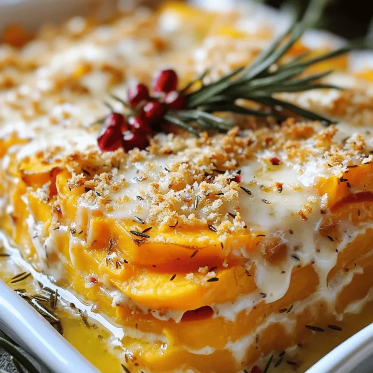 To make this sweet potato gratin, gather these key ingredients: - 3 large sweet potatoes, peeled and sliced into thin rounds - 1 cup heavy cream - 1 cup Gruyère cheese, finely grated - 1 cup Parmesan cheese, finely grated - 2 cloves garlic, minced - 2 tablespoons fresh rosemary, finely chopped - 1 teaspoon salt - 1/2 teaspoon freshly ground black pepper - 1/4 teaspoon ground nutmeg - 1 cup whole wheat breadcrumbs - 2 tablespoons olive oil Using high-quality ingredients makes a big difference. Fresh sweet potatoes give a sweeter taste. Good cheese adds creaminess and depth. Fresh rosemary brings a bright, herbal note. Always choose the best you can find. It enhances the flavor and texture. This dish is all about layers of taste. If you want to switch things up, here are some ideas: - For sweet potatoes, you can use butternut squash or regular potatoes. - Swap heavy cream with milk or a non-dairy cream for a lighter version. - Gruyère can be replaced with cheddar or mozzarella for a different flavor. - If you don’t have fresh rosemary, dried rosemary works too, but use less. - Whole wheat breadcrumbs can be switched with gluten-free options or crushed crackers. Remember, these swaps can change the final taste, but they can also make the recipe work for your needs. Enjoy the process of creating your perfect gratin! Start by gathering your ingredients. You will need: - 3 large sweet potatoes, peeled and sliced into thin rounds - 1 cup heavy cream - 1 cup Gruyère cheese, finely grated - 1 cup Parmesan cheese, finely grated - 2 cloves garlic, minced - 2 tablespoons fresh rosemary, finely chopped - 1 teaspoon salt - 1/2 teaspoon freshly ground black pepper - 1/4 teaspoon ground nutmeg - 1 cup whole wheat breadcrumbs - 2 tablespoons olive oil First, preheat your oven to 375°F (190°C). Take a 9x13 inch baking dish and lightly grease it with one tablespoon of olive oil. This helps stop the gratin from sticking. Next, in a large bowl, mix the heavy cream, minced garlic, chopped rosemary, salt, black pepper, and nutmeg. Whisk until it's well combined. Now it's time to build your gratin. Place half of the sliced sweet potatoes in an even layer at the bottom of your baking dish. Pour half of the cream mixture over this layer. Next, sprinkle half of both cheeses on top. This layering adds flavor and creaminess. Repeat the process with the other half of the ingredients. Add the remaining sweet potatoes, the rest of the cream mixture, and finish with the last of the cheeses. This will create a rich and cheesy dish. In a separate bowl, combine the breadcrumbs with the remaining tablespoon of olive oil. Stir until the breadcrumbs are well coated. Sprinkle this mixture evenly over the top of the gratin. This adds a delicious crunch to your dish. To bake, cover your dish with aluminum foil. Place it in the preheated oven and bake for 40 minutes. After this, carefully remove the foil. Continue to bake for 15 to 20 minutes. You want the top to be golden brown and the sweet potatoes tender. A fork should easily pierce through the layers. Once baked, allow the gratin to cool for about 5 minutes. This resting time helps everything set up nicely for slicing. For more details, check the Full Recipe. To get the best texture in your sweet potato gratin, focus on even slicing. Aim for thin, uniform rounds. This helps them cook evenly. A mandoline slicer can make this task easier. Layer the sweet potatoes tightly in your dish. This keeps them from drying out. Always let the gratin rest for a few minutes after baking. This helps the layers set, making it easier to slice. Herbs and spices can elevate your gratin's flavor. Fresh rosemary adds a lovely aroma. You can also try thyme or sage for a different twist. Nutmeg adds warmth and depth. Just a pinch goes a long way. Don’t forget to season well with salt and pepper. These simple additions can make your gratin sing. Choosing the right cheese can transform your dish. Gruyère gives a rich, nutty flavor, while Parmesan adds sharpness. Mixing these cheeses creates a delightful taste. You can also add mozzarella for extra creaminess. For a twist, try a smoky cheese like gouda. Remember to grate cheese finely for even melting. This ensures a smooth, gooey texture throughout your gratin. For the full recipe, check out the complete list of ingredients and instructions. {{image_4}} You can add more veggies to your sweet potato gratin. Carrots, zucchini, or spinach work well. Slice them thinly like the sweet potatoes. Layer them between the sweet potato slices. This adds color and nutrients. Plus, it makes the dish more exciting. You can even try mixing different root vegetables, like parsnips or turnips. Their flavors blend nicely with sweet potatoes. Cheese can change the taste of your gratin. Gruyère and Parmesan are classic choices. But feel free to experiment! Cheddar gives a sharp flavor. Feta adds a tangy twist. Goat cheese brings creaminess. You can mix different cheeses too. The blend creates depth and richness. Just remember to adjust the amount. Use about two cups in total for a great taste. If you need a gluten-free option, use gluten-free breadcrumbs. Crushed nuts can also add a nice crunch. Almonds or pecans work well. You can use cornflakes or rice cereal as a topping. Just crush them into smaller pieces. Mix them with olive oil, then sprinkle on top. This keeps the dish crunchy without gluten. Enjoy these variations to make the gratin your own! After you enjoy your sweet potato gratin, store any leftovers in the fridge. Place it in an airtight container. It will stay fresh for up to four days. Be sure to cool it to room temperature first. This helps keep the texture nice. When ready to eat, simply reheat it. You can freeze sweet potato gratin if you want to save some for later. Cut it into portions and wrap each piece in plastic wrap. Then, place the wrapped pieces in a freezer bag. This way, it’s easy to grab a slice when you want it. It will last up to three months in the freezer. When you’re ready to eat, thaw it overnight in the fridge before reheating. To reheat the gratin, you have a few options. The oven works best to keep it crispy. Preheat your oven to 350°F (175°C). Place the gratin in an oven-safe dish and cover it with foil. Heat it for about 20 minutes or until warm all the way through. You can also use a microwave, but the texture may not be as good. In that case, heat it in short bursts, checking often. Enjoy your savory treat! Sweet Potato Gratin stays fresh in the fridge for about 3-5 days. Store it in an airtight container. This helps keep it moist and tasty. When reheating, make sure it warms through evenly. Yes, you can make this recipe ahead of time. Prepare the gratin up to the baking step. Cover it tightly and store it in the fridge for up to 24 hours. When you’re ready, bake it right from the fridge. Just add a few extra minutes to the baking time. Sweet Potato Gratin can be a healthy choice. Sweet potatoes are full of vitamins and fiber. They support good digestion. The cheese adds some protein and calcium. To make it lighter, you can use less cream or cheese. You can also add veggies for extra nutrients. Check out the Full Recipe for more tips on making this dish health-focused! In this blog post, we explored the key ingredients and their quality, plus tips for success. I shared step-by-step instructions for making a perfect sweet potato gratin. We discussed variations to make it your own and covered how to store and reheat leftovers. Sweet potato gratin is versatile and fun to customize. As you try this recipe, remember to focus on fresh ingredients and flavors. Enjoy your cooking, and savor every bite!