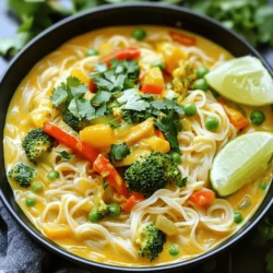 - 200g rice noodles - 1 tablespoon coconut oil - 1 medium onion, finely chopped - 2 cloves garlic, minced - 1 tablespoon curry powder - 1 teaspoon ground turmeric - 400ml coconut milk - 1 cup mixed vegetables (like bell peppers, broccoli, and peas) - 2 tablespoons soy sauce - Fresh cilantro leaves, for garnish - Lime wedges, for serving - Salt and black pepper to taste To make Quick Curry Noodles, gather all these ingredients. The rice noodles give a nice base, while coconut oil adds a rich flavor. Onions and garlic boost the taste. Curry powder and turmeric bring warmth and color to the dish. The coconut milk creates a creamy sauce that ties everything together. Mixed vegetables add crunch and color. Soy sauce gives a savory touch. Fresh cilantro and lime wedges brighten up your meal. This dish is not just quick; it’s also full of flavor. For the full recipe, check the details above. Enjoy your cooking! First, boil water in a pot. Add 200g of rice noodles once the water bubbles. Cook them as the package says, about 4-5 minutes. When they are ready, drain the noodles. Rinse them with cold water to stop the cooking. Set them aside. Next, heat 1 tablespoon of coconut oil in a large skillet over medium heat. Once the oil is hot, toss in 1 finely chopped onion. Sauté the onion for about 3-4 minutes. You want it to become soft and translucent. This step adds a sweet flavor. Now, mix in 2 minced garlic cloves, 1 tablespoon of curry powder, and 1 teaspoon of ground turmeric. Stir the mixture for 1-2 minutes. The spices should blend well and smell great. Pour in 400ml of coconut milk next. Increase the heat slightly. Bring the mixture to a gentle simmer. Add 1 cup of mixed vegetables to the skillet. Cook them for about 5-7 minutes. You want them tender but still bright. Once they are ready, lower the heat. Toss in the cooked rice noodles. Mix well. Drizzle 2 tablespoons of soy sauce over the noodles. Stir everything together until it is hot. For the full recipe, remember to check the details above! To make your Quick Curry Noodles shine, adjust the seasoning. You can add more soy sauce for saltiness or use extra spices for depth. If the dish tastes too strong, add a pinch of sugar. This small step helps balance the flavors and makes every bite delicious. Cooking is all about technique. Use high heat when you cook your vegetables. This keeps them crisp and colorful. Stir gently to avoid breaking your noodles. You want them whole, not mushy. Taking care with these steps ensures a better dish. Garnishes can elevate your meal. Fresh cilantro adds a pop of flavor and color. Lime wedges bring a bright, zesty touch. You can also sprinkle crushed peanuts or seeds on top. This adds a nice crunch and extra texture to your noodles. Enjoy customizing your dish! {{image_4}} You can make your Quick Curry Noodles even better with protein. Here are some ideas: - Add cooked chicken for a hearty meal. - Toss in shrimp for a seafood twist. - Use tofu for a plant-based option. - If you want a vegetarian choice, try chickpeas. They add great texture and protein. Want to turn up the heat? You can easily adjust the spice in your dish: - Increase the curry powder for more flavor and warmth. - Add chili flakes or fresh chilies to kick it up a notch. This will make your curry noodles extra exciting. Make your dish colorful by swapping out vegetables. Here are some fun ideas: - Use seasonal vegetables for the freshest taste. - Try adding leafy greens like spinach or kale. They give a nice pop of color and nutrients. Feel free to explore these variations to make your Quick Curry Noodles truly your own! For the complete recipe, check out the [Full Recipe]. To keep your Quick Curry Noodles fresh, place them in an airtight container in the fridge. This method helps seal in flavors. Enjoy your leftovers within 2-3 days for the best taste. After that, the flavor and texture may decline. When it’s time to enjoy your leftovers, reheat them using a microwave or a skillet. If using a skillet, add a splash of water to help steam the noodles. This keeps them moist and tasty. After reheating, sprinkle fresh herbs on top for an extra burst of flavor. It’s a simple trick that makes a big difference! You can make Quick Curry Noodles gluten-free by swapping soy sauce with tamari. Tamari is a gluten-free soy sauce. This small change keeps the flavor strong and tasty without gluten. You won’t lose any of the yummy taste! Yes, you can use different types of noodles for this recipe. Udon, soba, or even egg noodles work well. Each type brings its own taste and texture. Feel free to pick your favorite or what you have at home. You can have fun experimenting with these options! To increase the cooking time, pre-cook proteins like chicken or shrimp. You can also add vegetables that take longer to soften, like carrots or sweet potatoes. This will make your dish heartier and even more delicious. Just remember to cook everything until it’s tender! Quick Curry Noodles are easy to make and packed with flavor. We covered the simple ingredients, step-by-step cooking, and tips to enhance taste. You can add your choice of protein or adjust spice levels. Storage info ensures you enjoy leftovers for days. Cooking should be fun, not stressful. This dish allows for creativity. Follow these steps to delight your taste buds with every bite. Enjoy making this comforting meal, and feel free to explore your own variations!