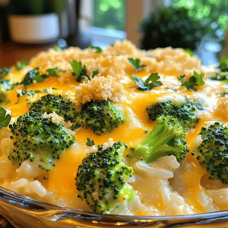 - 2 cups of cooked white or brown rice - 3 cups of fresh broccoli florets, chopped - 1 cup of shredded sharp cheddar cheese - 1 cup of creamy mushroom soup - 1/4 cup of grated Parmesan cheese - 1/2 cup of seasoned breadcrumbs - 2 tablespoons of melted butter - 1/2 teaspoon of garlic powder - 1/2 teaspoon of onion powder - 1/4 teaspoon of freshly ground black pepper - 1/2 teaspoon of salt To start, gather all your ingredients. The main ingredients are simple but essential. I prefer using fresh broccoli for the best taste and texture. You can use white or brown rice, depending on what you like. Sharp cheddar cheese gives a nice kick, while creamy mushroom soup adds smoothness. Optional ingredients can enhance your dish. Grated Parmesan cheese brings even more flavor. Seasoned breadcrumbs add a crunchy topping. Melted butter helps the breadcrumbs brown nicely. Don’t forget the seasonings! Garlic powder and onion powder give depth. Black pepper adds a little heat, and salt brings all the flavors together. For the full recipe, check the details above. Happy cooking! - Preheat the oven to 375°F (190°C). This ensures even baking. - In a large mixing bowl, combine 2 cups of cooked rice and 3 cups of chopped broccoli florets. - Mix in 1 cup of shredded sharp cheddar cheese, 1 cup of creamy mushroom soup, and 1/2 cup of milk. - Add 1/2 teaspoon of garlic powder, 1/2 teaspoon of onion powder, 1/4 teaspoon of black pepper, and 1/2 teaspoon of salt. - Stir well until the rice and broccoli are coated in the mixture. - Transfer the mixture to a greased 9x13 inch baking dish. Spread it out evenly. - In a small bowl, combine 1/2 cup of seasoned breadcrumbs with 2 tablespoons of melted butter. - Mix until the breadcrumbs are coated. If you want, add 1/4 cup of grated Parmesan cheese for extra flavor. - Sprinkle the breadcrumb mix over the casserole for a crunchy topping. - Cover the baking dish with foil and bake for 25 minutes. - After 25 minutes, remove the foil and bake for an extra 10-15 minutes. - Watch for a golden top and bubbling edges. - Let it cool for a few minutes before serving. For a full recipe, check out the complete details to make this easy dish. Enjoy your delicious Cheesy Broccoli Rice Casserole! To make your Cheesy Broccoli Rice Casserole perfect, keep these tips in mind: - Even Cooking: Mix the rice and broccoli well. Spread the mixture evenly in the baking dish. This helps all parts cook the same way. - Golden Topping: For a golden topping, make sure the breadcrumb mix is well-coated with melted butter. This will help it crisp up nicely. You can also broil it for a minute at the end to get that lovely color. For a great presentation, try these tips: - Garnish Options: Add more shredded cheese on top right before serving. Fresh parsley also adds a nice touch of color. - Best Side Dishes: Serve with a side salad or some roasted chicken. These pair perfectly and balance the meal nicely. Here are some common problems and how to fix them: - Dry Casserole: If your casserole turns out dry, add more milk next time. You can also cover it while baking to keep moisture in. - Too Moist Casserole: If it’s too wet, bake it a bit longer without the foil. This will help evaporate excess moisture. - Oven Variations: Every oven is different. If your casserole isn’t done in the suggested time, check it often. Adjust the time based on how your oven heats. For full details, check the Full Recipe. {{image_4}} You can easily change the cheese in this dish. Try mozzarella for a milder taste, or gouda for a smoky flavor. You could even mix different cheeses for a unique twist. If you want to add protein, consider diced chicken or ham. Both options add flavor and make the casserole more filling. To make this casserole gluten-free, swap regular breadcrumbs for gluten-free ones. You can also use gluten-free soup. For vegan options, replace cheese with plant-based cheese. Use a creamy vegan soup, like cashew or coconut soup, instead of mushroom soup. These swaps still give you a rich flavor without dairy. Spice things up with a Mexican twist. Add cumin, chili powder, or diced jalapeños. This creates a zesty flavor that pairs well with the cheese. If you prefer an Asian-inspired dish, try adding soy sauce or sesame oil. These ingredients give the casserole a nice depth and a unique taste. Store leftover Cheesy Broccoli Rice Casserole in an airtight container. It can last up to five days in the fridge. When reheating, use the oven for the best results. Preheat your oven to 350°F (175°C) and cover the casserole with foil. Heat for about 20 minutes, or until warm throughout. To freeze this casserole, let it cool completely first. Then, wrap it tightly in plastic wrap and foil. This helps prevent freezer burn. You can freeze it for up to three months. When you’re ready to enjoy it, defrost overnight in the fridge. After that, reheat it in the oven as mentioned earlier. Understanding the freshness of ingredients helps maintain quality. Cooked rice lasts about four to six days in the fridge. Broccoli is fresh for about three to five days. Cheese can last a week or more, but check for mold. By keeping track of these dates, you can ensure your casserole stays tasty and safe to eat. To make your casserole creamier, add more creamy ingredients. You can mix in an extra cup of cheese. Cream cheese is another great idea for extra richness. Sour cream or Greek yogurt can also boost creaminess. These options will help create a velvety texture that everyone will love. Yes, you can prepare this casserole ahead of time. Just make the mixture and place it in the dish. Cover it tightly with foil and store it in the fridge. When you're ready to bake, allow it to sit at room temperature for about 30 minutes. Then, bake as the [Full Recipe] suggests. This makes it easy for busy days! Absolutely, you can use a slow cooker. First, layer the rice, broccoli, cheese, soup, and milk in the slow cooker. Stir to combine. Set it on low for about 4-6 hours. Or, you can cook it on high for 2-3 hours. This method gives you a great, warm meal without needing to watch the oven. If you want to swap out mushroom soup, there are options. Cream of chicken soup works well for a different flavor. You can also use cream of celery soup for a lighter taste. If you prefer a vegan option, try using a homemade cashew cream or a can of coconut milk. These alternatives will keep the dish creamy and delicious. This blog post covered all you need for a tasty Cheesy Broccoli Rice Casserole. We discussed the main and optional ingredients, cooking steps, and handy tips to perfect your dish. You can also explore variations for different tastes and dietary needs. Remember, cooking is fun! Don't hesitate to try new ideas and make it your own. Enjoy sharing this easy recipe with family and friends!