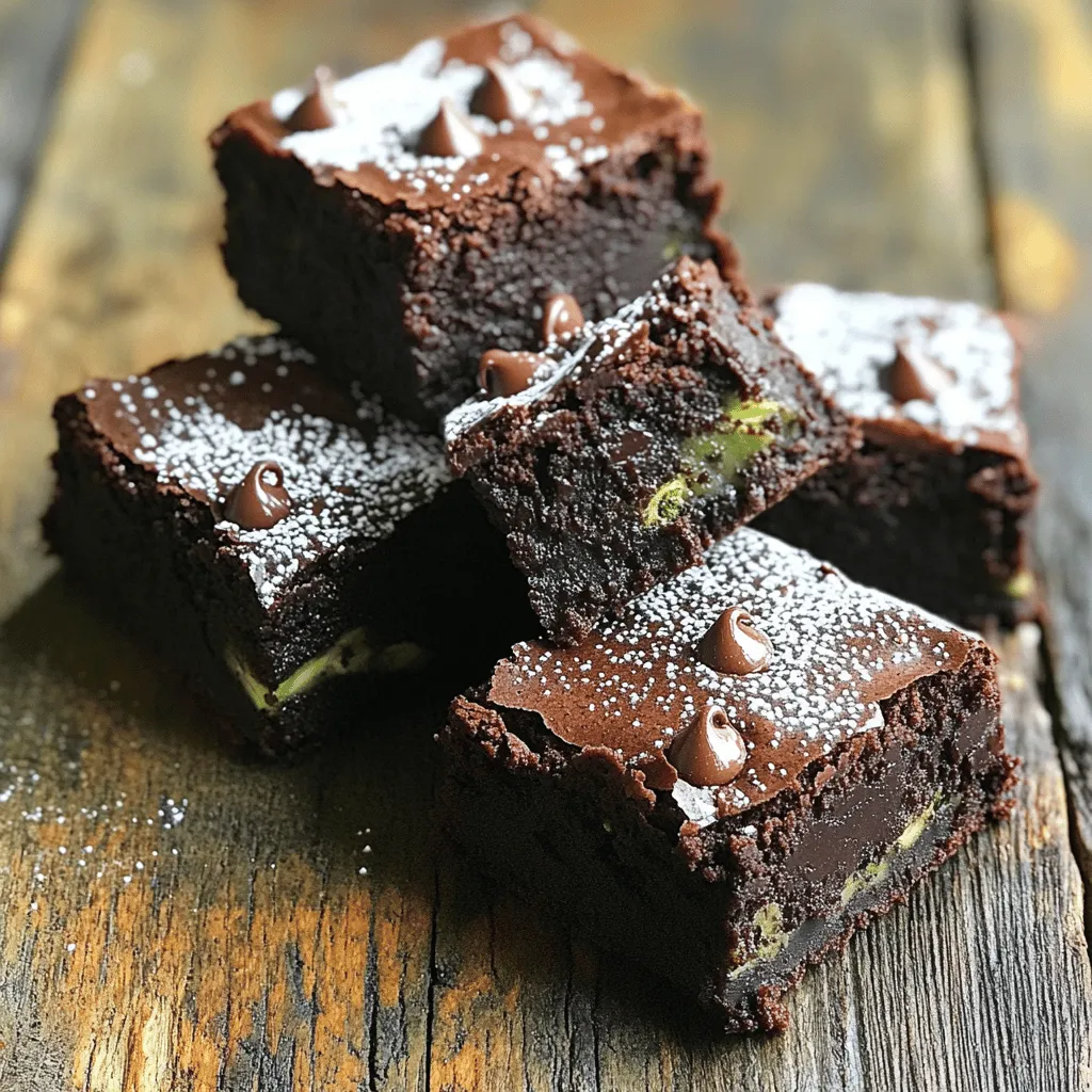 - 1 cup grated zucchini (approximately 1 medium zucchini) - 1/2 cup all-purpose flour - 1/2 cup unsweetened cocoa powder - 1/2 teaspoon baking powder - 1/4 teaspoon baking soda - 1/4 teaspoon salt - 1/2 cup granulated sugar - 1/4 cup packed brown sugar - 1/3 cup vegetable oil - 1 teaspoon vanilla extract - 1 large egg - 1/2 cup chocolate chips (optional) - 1/4 cup chopped walnuts (optional) Gather these items before you start. The zucchini gives the brownies moisture. This makes them rich and fudgy. Use fresh zucchini for the best flavor. The cocoa powder adds deep chocolate taste. Make sure it is unsweetened for balance. The sugars sweeten the brownies nicely. They also help create that chewy texture we love. Do not skip the baking powder and baking soda. They help the brownies rise. Salt enhances all the flavors, so don’t leave it out. You can add chocolate chips and nuts if you wish. They boost the flavor and add a nice crunch. Once you have everything ready, you can move on to making these tasty treats. Check out the Full Recipe to see how to combine these ingredients for the perfect brownie. 1. Preheat your oven to 350°F (175°C). 2. Line an 8x8 inch baking pan with parchment paper, leaving some overhang. This helps you lift the brownies out later. 3. In a medium bowl, mix 1 cup of grated zucchini with 1/2 cup of granulated sugar and 1/4 cup of brown sugar. Let it rest for 5 minutes. This step helps release moisture from the zucchini. 4. In another bowl, stir together 1/2 cup of all-purpose flour, 1/2 cup of unsweetened cocoa powder, 1/2 teaspoon of baking powder, 1/4 teaspoon of baking soda, and 1/4 teaspoon of salt. 1. To the zucchini mixture, add 1/3 cup of vegetable oil, 1 teaspoon of vanilla extract, and 1 large egg. Mix until smooth. 2. Gradually add the dry ingredients to the wet mixture. Stir gently until just combined. Be careful not to overmix. 3. If you like, fold in 1/2 cup of chocolate chips and 1/4 cup of chopped walnuts for extra texture. 1. Pour the batter into your prepared baking pan. Spread it evenly. 2. Bake for 25 to 30 minutes. Check for doneness by inserting a toothpick in the center. It should come out with a few moist crumbs. 3. Allow the brownies to cool in the pan for 10 minutes. Use the parchment paper to lift them out. Cool completely on a wire rack before cutting into squares. For the complete recipe details, refer to the Full Recipe section. Enjoy your rich and fudgy zucchini brownies! To make moist brownies, I focus on two key steps. First, I measure my ingredients carefully. If you use too much flour, your brownies can turn dry. Use a spoon to fluff the flour, then spoon it into the measuring cup. Level it off with a knife for accuracy. Second, I avoid overmixing the batter. Once you add dry ingredients, stir just until combined. Overmixing can add too much air and dry out the brownies. To make my brownies healthier, I often substitute oils or sweeteners. For oil, I may use applesauce or coconut oil. Both options can keep the brownies moist while reducing fat. For sweeteners, I like using honey or maple syrup instead of sugar. I also add extra veggies or nuts. Shredded carrots or beets blend well with the zucchini. Chopped nuts add a nice crunch and healthy fats. When serving, I love to get creative with toppings. A light dusting of powdered sugar adds a sweet touch. For a richer dessert, I serve the brownies warm with a scoop of vanilla ice cream. The melting ice cream pairs perfectly with the fudgy texture of the brownies. For the full recipe, check out the delicious Chocolate Zucchini Bliss Brownies. {{image_4}} You can make zucchini brownies even more exciting. Adding spices like cinnamon gives warmth. A bit of espresso powder adds depth to the chocolate flavor. If you want a different taste, swap cocoa powder for carob powder. Carob has a milder, sweeter flavor. It’s a great option if you want to avoid caffeine. You can easily change sweeteners in your brownies. Honey or maple syrup works well. These natural sweeteners add a unique taste. Remember, they add moisture, so adjust your other liquids. If you use honey, reduce the oil slightly. This way, you keep the right brownie texture. Want to try vegan zucchini brownies? You can replace eggs with flaxseed or chia seed eggs. Mix one tablespoon of flaxseed or chia seeds with three tablespoons of water. Let it sit for a few minutes until it thickens. For milk, use almond, soy, or oat milk. These swaps make your brownies plant-based and still delicious. For the full recipe, check out the Chocolate Zucchini Bliss Brownies section above! To keep your zucchini brownies fresh, store them in an airtight container. If you place them in the fridge, they stay moist for up to five days. Just wrap them tightly in plastic wrap first. This prevents them from drying out. For longer storage, freeze the brownies. Cut them into squares and wrap each piece in plastic wrap. Place the wrapped pieces in a freezer bag. They can last up to three months this way. When you're ready to enjoy a brownie, just take it out and let it thaw at room temperature. To reheat your brownies, use the microwave or the oven. If using the microwave, heat them for 10-15 seconds. Check to make sure they are warm, but not hot. This keeps the fudgy texture intact. For the oven, set it to 350°F (175°C). Place the brownies on a baking sheet. Warm them for about 5-10 minutes. This method helps maintain their rich flavor and texture. Homemade zucchini brownies can last for about five days in the fridge. If stored properly in the freezer, they can last for up to three months. Keep an eye on them to ensure they stay tasty. For the full recipe, check the section above. No, you cannot taste the zucchini in the brownies. The zucchini adds moisture and richness. It blends in well with the chocolate flavor. You get a fudgy texture without any veggie taste. This makes it a fun way to sneak in some veggies! To check if your brownies are done, look for a few signs. The edges will pull away from the pan. The center should not jiggle too much when you shake the pan. A toothpick inserted in the middle should come out with a few moist crumbs. This means they are perfectly baked! Yes, you can use other vegetables. Carrots or sweet potatoes work well. They will add their own flavor and sweetness. However, be mindful of how much moisture they bring. Too much moisture can change the texture of the brownies. For clean cuts, use a sharp knife. Wipe the knife with a wet cloth between cuts. This keeps the edges neat. You can also chill the brownies before slicing. Cold brownies hold their shape better and look great on a plate. Enjoy your beautifully presented brownies! For the full recipe, check out the Chocolate Zucchini Bliss Brownies. You can make delicious zucchini brownies with simple ingredients and steps. We covered everything you need, from preparing the batter to baking and storing the brownies. You learned tips to make them moist and ways to substitute healthier options. Feel free to explore fun variations to impress your friends. With all this knowledge, you can create tasty treats that everyone will enjoy. Now, it's time to bake and savor the joy of your homemade brownies!