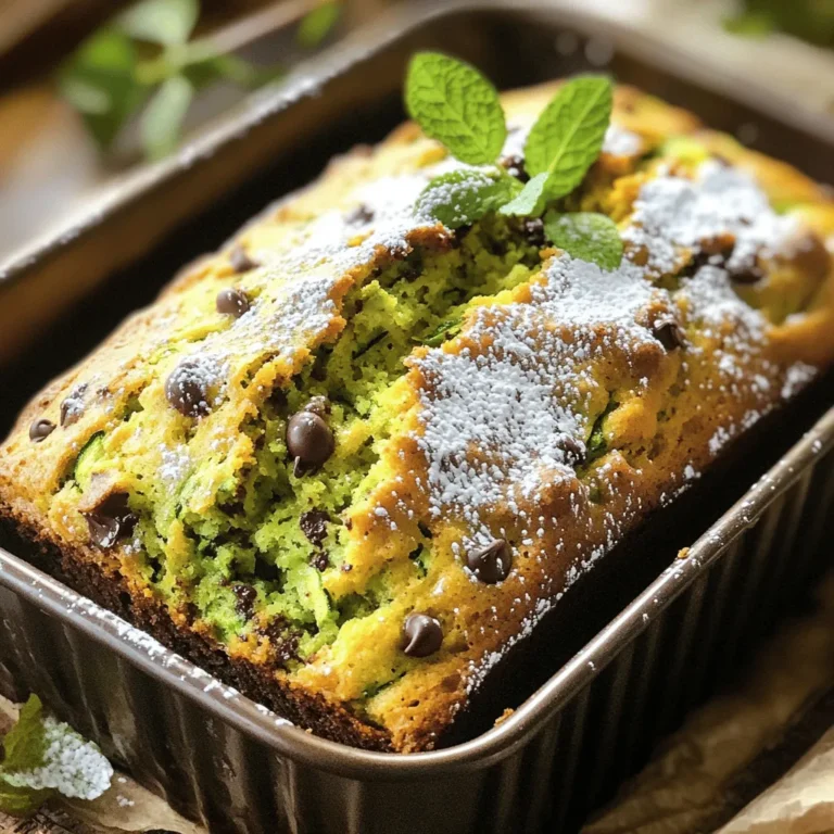 This zucchini bread recipe combines simple, fresh ingredients for a moist and tasty treat. The key is to use ripe zucchini and balance the sweetness. - 2 cups all-purpose flour - 2 cups grated zucchini - 3/4 cup granulated sugar - 1/4 cup brown sugar - 1/2 cup chopped nuts - 1/2 cup chocolate chips Using all-purpose flour gives the bread a nice texture. Grated zucchini adds moisture and flavor. The mix of granulated and brown sugars creates a rich sweetness. For extra crunch, consider adding chopped nuts like walnuts or pecans. If you love chocolate, throw in chocolate chips for a sweet surprise. Both add-ins enhance the flavor and make each slice special. Feel free to experiment with these ingredients. Your zucchini bread can reflect your taste and style. This recipe is flexible, so enjoy making it your own! For the full details on how to create this delicious zucchini bread, check the Full Recipe. - Prepping the loaf pan Start by preheating your oven to 350°F (175°C). Grease a 9x5-inch loaf pan with cooking spray or butter. You can also line it with parchment paper. This helps with easy removal later. - Mixing dry ingredients In a large mixing bowl, combine the dry ingredients. Whisk together 2 cups of all-purpose flour, 1 teaspoon of baking soda, 1/2 teaspoon of baking powder, 1 teaspoon of ground cinnamon, 1/2 teaspoon of nutmeg (if you like), and 1/2 teaspoon of salt. Make sure everything is mixed well and free of lumps. - Steps to mix sugars, oil, and eggs In a separate bowl, mix your wet ingredients. Combine 3/4 cup of granulated sugar, 1/4 cup of brown sugar, and 1/2 cup of vegetable oil. Add in 3 large eggs and 1 teaspoon of vanilla extract. Whisk until the mixture is smooth and creamy. - Folding in zucchini and dry ingredients Gently fold 2 cups of grated zucchini into the wet mixture. Then, gradually add the dry ingredients to the wet mixture. Use a spatula or wooden spoon and mix just until combined. A few small lumps are fine; overmixing makes the bread dense. - Baking time and tips If you want, you can fold in 1/2 cup of chopped walnuts or chocolate chips now. Pour the batter into your prepared loaf pan. Smooth the top with a spatula. Bake in the preheated oven for 50-60 minutes. Check for doneness by inserting a toothpick in the center. It should come out clean or with a few moist crumbs. After baking, let the zucchini bread cool in the pan for about 10 minutes. Then, transfer it to a wire rack to cool completely. You can find the Full Recipe for more details. To make the best zucchini bread, avoid overmixing. When you mix the wet and dry ingredients, do it gently. Overmixing can make the bread dense and tough. Aim for a few small lumps in the batter. This will help keep your zucchini bread light and fluffy. You can easily adjust the spices for more flavor. Consider adding more cinnamon or nutmeg if you like a warm taste. If you want a unique twist, try adding a pinch of ginger or allspice. These spices can elevate your bread and make it even more delicious. To test for doneness, use a toothpick. Insert it into the center of the bread. If it comes out clean or with just a few crumbs, the bread is ready. If it has wet batter on it, bake a little longer. This simple test can prevent a soggy loaf and ensure a perfect zucchini bread every time. For the full recipe, check the Ultimate Zucchini Bread 🥒. {{image_4}} You can make zucchini bread healthier with some simple swaps. Whole wheat flour adds fiber and nutrients. It gives a nutty flavor too. You can also reduce the sugar. Using less granulated sugar or brown sugar makes the bread less sweet. Try cutting the sugar by a third. It still tastes great! Adding spices can change the flavor of your zucchini bread. Nutmeg gives it a warm, cozy taste. A splash of vanilla makes it smell amazing. You can experiment with different spices. Just remember, a little goes a long way! Mix-ins can make your zucchini bread unique. Chopped nuts like walnuts or pecans add a nice crunch. Dried fruits, such as raisins or cranberries, add sweetness and chewiness. You can also toss in chocolate chips for a fun treat. Each mix-in brings its own special flavor. Choose your favorites and have fun! For the complete recipe, check out the Full Recipe. To keep your zucchini bread fresh, I recommend storing it in an airtight container. This method prevents moisture loss and keeps the bread soft. You can refrigerate it for up to a week. If you want to store it longer, wrap it tightly in plastic wrap and place it in a freezer bag. This way, it can last for about three months in the freezer. Zucchini bread has a good shelf life if stored correctly. In the fridge, it lasts about 5 to 7 days. When frozen, it stays fresh for up to three months. Just remember to label your containers with the date. This helps you know when to enjoy it. When you want to enjoy your zucchini bread again, there are easy ways to warm it up. You can use a toaster oven or a regular oven. Preheat the oven to 350°F (175°C). Place the slices on a baking sheet and heat for about 10 minutes. This method keeps the bread soft and enhances its flavor. If you’re in a hurry, you can also microwave it for 15 to 20 seconds. Just be careful not to overheat, as it may dry out. Enjoy your delicious zucchini bread warm! Yes, you can use frozen zucchini. Just thaw it first and drain excess water. Frozen zucchini works well in this recipe. It saves time and keeps the flavor rich. Make sure to measure it after draining. This helps keep your bread from getting too wet. This recipe is the best for several reasons. First, it has a perfect mix of spices. The cinnamon and nutmeg add warmth and depth. Second, the blend of sugars gives a nice sweetness. You can also add nuts or chocolate chips for extra crunch. The zucchini keeps the bread moist and soft. With all these flavors, it’s hard to resist a slice. To check if the bread is done, insert a toothpick into the center. If it comes out clean or with a few crumbs, it’s ready! The top should be golden brown and spring back when you touch it. If the toothpick comes out wet, bake for a few more minutes. It’s best to check often to avoid overbaking. This blog post covered the essential ingredients and clear steps for making delicious zucchini bread. From mixing wet and dry ingredients to helpful baking tips, you are now ready to create your own loaf. Remember, don’t overmix to keep it fluffy, and feel free to try different add-ins for extra flavor. Store it right for lasting freshness. With this guidance, you can enjoy baking zucchini bread, savor unique flavors, and share with others. Enjoy your baking adventure!