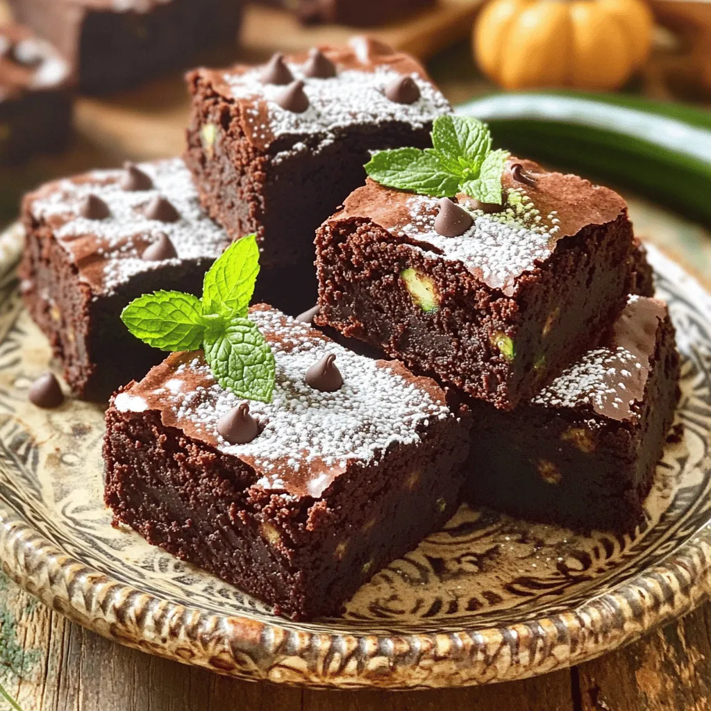 - 1 cup finely grated zucchini - 1/2 cup coconut oil (or unsalted butter) - 1 cup packed brown sugar - 1/2 cup granulated sugar The main ingredients create a rich and moist brownie. The zucchini adds moisture, while the sugars give sweetness. Coconut oil or butter provides a nice fat that helps with texture and flavor. - 1/2 cup semi-sweet chocolate chips - 1/4 cup chopped walnuts You can enhance your brownies with these add-ins for extra taste. The chocolate chips add richness. Walnuts give a nice crunch and flavor. Feel free to mix and match or skip them if you prefer. - 1 cup all-purpose flour - 1/2 cup unsweetened cocoa powder - 1/2 teaspoon baking soda - 1/4 teaspoon baking powder - 1/4 teaspoon sea salt The dry ingredients are key for structure. Flour provides the base, while cocoa powder gives that deep chocolate flavor. Baking soda and powder help the brownies rise. Sea salt balances out the sweetness, making each bite delicious. Remember to check out the Full Recipe for all the details on how to put these ingredients together! - Preheat oven to 350°F (175°C). - Grease or line an 8x8 inch baking pan. - Combine melted coconut oil with sugars. - Whisk in eggs and vanilla extract. - Fold in grated zucchini. - Sift and mix dry ingredients, then combine with wet mixture. - Pour batter into prepared pan. - Bake for 25-30 minutes and check doneness. To prepare these rich and moist zucchini brownies, start by preheating your oven to 350°F (175°C). Greasing the pan or using parchment paper helps with easy removal. Next, in a bowl, mix melted coconut oil with both sugars until smooth. This creates a nice base for your brownies. Add two eggs and a teaspoon of pure vanilla extract. Whisk these ingredients until they blend well. This step is key for a rich flavor. Then, gently fold in one cup of finely grated zucchini. This adds moisture without altering the taste too much. In a separate bowl, sift and mix the dry ingredients: one cup of all-purpose flour, half a cup of cocoa powder, half a teaspoon of baking soda, a quarter teaspoon of baking powder, and a quarter teaspoon of sea salt. Gradually mix this dry mixture with the wet ingredients. Be careful not to overmix, as this can make the brownies tough. Finally, pour your batter into the prepared pan. Bake for 25-30 minutes. To check if they're done, insert a toothpick into the center. It should come out with a few moist crumbs but no wet batter. Enjoy making your delicious zucchini brownies! For the full recipe, see above. To get the best texture, avoid overmixing your batter. Mix just until the dry and wet ingredients come together. This keeps your brownies fudgy and rich. Using fresh zucchini is key for moisture. Grate it finely and add it straight to the mix. This helps your brownies stay soft and flavorful. For a lovely finish, dust your brownies with powdered sugar before serving. This adds a nice touch and makes them look fancy. Pairing the brownies with ice cream turns them into an indulgent treat. The cold ice cream contrasts beautifully with the warm, rich brownies. If you want a smoother batter, use a blender. This makes mixing easier and gives a nice, creamy texture. Don’t be afraid to experiment with different types of cocoa powder. Each type can change the flavor a bit, so find your favorite! For the full recipe, check the details above and enjoy your baking adventure! {{image_4}} You can easily make your zucchini brownies healthier. Replace brown sugar with coconut sugar. This switch lowers the glycemic index and adds a light caramel flavor. Another great option is to use unsweetened applesauce instead of oil. This change reduces fat and adds natural sweetness. You’ll still get that rich taste without the extra calories. To make your brownies richer, add a teaspoon of espresso powder. This small addition boosts the chocolate flavor without tasting like coffee. You can also incorporate spices like cinnamon or nutmeg. These spices add warmth and depth to the brownies. A hint of cinnamon can make a big difference in taste. If you need gluten-free brownies, use almond flour or oat flour instead of regular flour. Both options give a great texture and taste. For vegan brownies, you can use flax eggs or chia seeds. Mix one tablespoon of flaxseed meal or chia seeds with three tablespoons of water. Let it sit for a few minutes to thicken before adding it to your batter. This way, everyone can enjoy these delicious zucchini brownies! Let your brownies cool completely before storing. This step is key. If you store them warm, they can become soggy. Place them in an airtight container at room temperature. This keeps them fresh and moist. Enjoy them for up to a week, but they rarely last that long! Want to save some for later? Wrap individual servings in plastic wrap. This helps keep them from freezer burn. Then, store the wrapped brownies in freezer-safe bags. They can last for up to three months. When you're ready to eat them, just take out what you need! To warm up your brownies, use a microwave. Heat them for just a few seconds. This brings back their soft texture. If you prefer, you can also heat them in a low oven. Just keep an eye on them to prevent overcooking. Enjoy your delicious zucchini brownies any day! Using fresh zucchini adds moisture. Avoid overbaking to keep them soft. If you bake them too long, they can dry out quickly. The zucchini adds moisture but has a mild flavor. Most people cannot taste it at all, which makes these brownies a sneaky way to add veggies to dessert. Use a box grater or a food processor for fine shreds. After grating, wring the zucchini in a clean towel. This helps remove excess moisture, keeping your brownies from becoming soggy. Yes, you can use frozen zucchini. Just thaw it first and drain any excess water. This makes it easy to blend into your batter. To make these brownies gluten-free, substitute all-purpose flour with a gluten-free blend or almond flour. Both work well and still keep the texture nice. If you want a vegan option, use flax eggs or applesauce. To make a flax egg, mix one tablespoon of flaxseed meal with two and a half tablespoons of water. Let it sit for a few minutes until it thickens. For detailed instructions on preparing "Zucchini Brownies Delight 🥒", check the Full Recipe section. These zucchini brownies mix simple ingredients for a delightful treat. You learned about key ingredients like zucchini, sugar, and cocoa powder. The steps are clear: prepare, mix, bake, and enjoy. Remember to avoid overmixing for fudgy goodness. You can personalize your brownies with add-ins or healthier swaps. Store them right, and they’ll stay fresh for days. Now go ahead, gather your ingredients, and make a batch. It’s easy, fun, and oh so rewarding! Enjoy your baking journey!