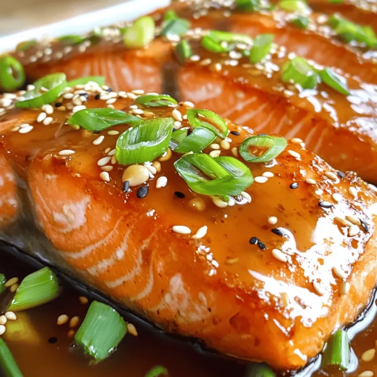 To make honey garlic glazed salmon, you need simple yet tasty ingredients. Here is the list: - 4 salmon fillets (6 ounces each) - 1/4 cup honey - 3 tablespoons soy sauce - 4 cloves garlic, minced - 2 tablespoons fresh ginger, grated - 1 tablespoon sesame oil - 1 tablespoon olive oil - Juice of 1 lime - Salt and pepper to taste - 2 green onions, sliced (for garnish) - 1 tablespoon sesame seeds (for garnish) These ingredients create a rich and sweet glaze that enhances the salmon's natural flavor. The honey adds sweetness, while the garlic and ginger bring warmth. The soy sauce ties it all together with umami notes. Using fresh ingredients makes a big difference in taste. You want your salmon to shine, so opt for quality fish. The right balance of flavors will make everyone at your table smile. For the full recipe, check out the Honey Garlic Glazed Salmon section. Happy cooking! - Combine honey, soy sauce, garlic, ginger, sesame oil, lime juice, salt, and pepper. - Whisk the ingredients until fully blended. I love making this marinade. It takes just a few minutes and boosts flavor. The mix of honey and soy sauce gives a sweet and salty taste. Garlic and ginger add a nice kick. This blend will coat the salmon in a tasty glaze. - Place salmon fillets in a shallow dish or resealable bag. - Pour marinade over the fillets and refrigerate. After preparing the marinade, it's time to marinate the salmon. I recommend using a shallow dish or a resealable bag. This way, the salmon soaks up all the flavors. I usually let it sit for at least 30 minutes. If you have time, marinating for up to 2 hours makes it even better. - Preheat oven to 400°F (200°C). - Sear salmon skin-side down in an oven-safe skillet. - Flip and pour remaining marinade over salmon before baking. - Bake for 8-10 minutes, then broil for 1-2 minutes if desired. Once marinated, preheat your oven to 400°F (200°C). I like to heat an oven-safe skillet with olive oil over medium-high heat. When the oil shines, place the salmon skin-side down. This step creates a crispy skin. After 3-4 minutes, flip the fillets and pour any leftover marinade on top. Bake for 8-10 minutes until the salmon flakes easily. If you want a caramelized glaze, broil it for 1-2 minutes. Keep an eye on it to avoid burning. Don't forget to check the Full Recipe for all steps and tips! To get that crispy skin on your salmon, make sure your skillet is hot. Heat it over medium-high heat until the oil shimmers. This step is key for a great texture. Also, avoid overcrowding the pan. If you add too many fillets at once, they will steam rather than sear. Cook them in batches if needed. For the best taste, marinate your salmon for at least 30 minutes. If you have time, try marinating for up to 2 hours. This will let the flavors really soak in. When serving, consider garnishing with sliced green onions and sesame seeds. These add a nice touch to the dish. If your salmon turns out overcooked, don’t worry. You can still enjoy it! Serve it with a sauce or a squeeze of fresh lime. This will add moisture and flavor. To achieve the perfect glaze, pour the remaining marinade over the salmon before baking. It helps create a sweet and savory crust. For more details, check out the Full Recipe. {{image_4}} If you want to switch things up, consider these options. You can use maple syrup instead of honey. This swap gives a rich flavor. For soy sauce, try tamari or coconut aminos. Both work well and add a nice depth. You might also think about adding fresh herbs. Dill or cilantro can brighten the dish. For extra zing, a bit of cayenne pepper or smoked paprika can elevate the taste. There are several ways to cook salmon. Grilling gives it a smoky flavor. Use a grill pan or outdoor grill for this method. Baking is another great choice. It cooks evenly and keeps the fish moist. If you're looking for crispiness, pan-searing is the way to go. Heat oil in a skillet and get the skin nice and crispy. It adds a delightful crunch! Pairing your honey garlic glazed salmon is easy! Serve it with steamed broccoli or asparagus for a fresh touch. A side of fluffy jasmine rice is a perfect match too. For a fun twist, try serving it atop a salad. This adds texture and brightness. For presentation, place the salmon on a colorful platter. Add lime wedges for a pop of color. Enjoy making your dish look as good as it tastes! You can find the full recipe at the beginning. To keep your honey garlic glazed salmon fresh, store it in the fridge. Place the salmon in an airtight container. This helps to avoid air exposure and keeps it tasty. You can safely eat leftovers within three days after cooking. Always check for any strange smells or changes in color before eating. When reheating, you want to keep the salmon moist. The best way is to use the oven. Preheat your oven to 300°F (150°C). Place the salmon on a baking sheet and cover it with foil. This will help trap moisture. Heat for about 10-15 minutes. You can also use a microwave if you are in a hurry. Just cover the salmon with a damp paper towel and heat for short bursts, checking often. Use glass or silicone containers for storage, as they are safe for reheating. If you want to save honey garlic glazed salmon for later, freezing works well. Wrap each piece tightly in plastic wrap, then place it in a freezer-safe bag. Squeeze out any air before sealing. You can freeze it for up to three months. When you want to eat it, thaw the salmon in the fridge overnight. After thawing, reheat it using the tips above for best results. Enjoy your tasty salmon anytime! You should marinate the salmon for at least 30 minutes. This time allows the flavors to soak in. If you have more time, try marinating for up to 2 hours. This longer time gives a stronger taste. Just remember to keep it in the fridge while it marinates. Yes, you can use other fish like trout or halibut. These fish have similar cooking times and will absorb the honey garlic flavors well. Just adjust the cooking time if you choose a thicker or thinner fish. I recommend serving the salmon with steamed vegetables or fluffy rice. Both options balance the sweet and savory flavors of the salmon. You can also add a fresh salad or roasted potatoes for a complete meal. Yes, you can prepare the marinade ahead of time. Just store it in the fridge until you’re ready to use it. You can also marinate the salmon a few hours before cooking. This makes meal prep easy and quick. The best way to check is by looking for flakiness. When salmon is cooked, it will flake easily with a fork. You can also check the internal temperature. It should reach 145°F (63°C) for safe eating. In this article, we explored a tasty honey garlic glazed salmon recipe. You learned about essential ingredients, step-by-step instructions, and effective tips for cooking. We also discussed variations, storage methods, and answers to common questions. This dish is simple to make and full of flavor. Enjoy trying it out for yourself. Your meal will impress anyone at your table. Happy cooking!