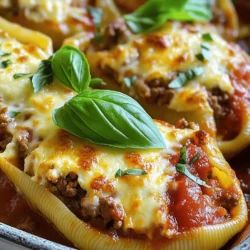 - Jumbo pasta shells - Ground beef - Ricotta cheese - Shredded mozzarella cheese - Grated Parmesan cheese - Egg - Marinara sauce - Garlic and spices For stuffed shells, you need specific ingredients to create a rich meal. Jumbo pasta shells are the base, holding all the goodness inside. Ground beef gives a hearty flavor. Ricotta cheese adds creaminess, while shredded mozzarella and Parmesan bring that melty goodness. An egg helps bind the filling. Marinara sauce adds moisture and flavor, and garlic and spices enhance the taste. - Vegetables, such as spinach or zucchini - Additional cheese varieties - Spices for enhanced flavor You can customize your stuffed shells. Adding spinach or zucchini makes it healthier and adds texture. You can also try different cheese like goat cheese or cheddar for a unique twist. If you want more flavor, add spices like red pepper flakes or Italian herbs. - Large pot for boiling pasta - Skillet for browning beef - Mixing bowl for filling - Baking dish To make these stuffed shells, you’ll need some tools. A large pot is essential for boiling the pasta. Use a skillet to brown the ground beef. A mixing bowl helps combine your filling. Finally, a baking dish is needed for baking your delicious creation to perfection. First, bring a large pot of water to a rolling boil and add salt. This helps flavor the pasta. Next, carefully add the jumbo pasta shells. Cook them according to the package instructions until they are al dente. After cooking, drain the shells in a colander. Let them cool on a wire rack to prevent sticking together. In a large skillet, set the heat to medium. Add the ground beef and cook it while stirring. You want the meat to be nicely browned and no longer pink. This should take about 6 to 8 minutes. Then, drain any excess fat from the skillet. This step is key for a leaner filling. In a large mixing bowl, combine the cooked ground beef with ricotta cheese, half of the shredded mozzarella cheese, grated Parmesan cheese, and one egg. Then add minced garlic, Italian seasoning, and a pinch of salt and pepper. Mix everything thoroughly. You want a creamy and well-combined filling. If it feels too dry, you can add a bit more ricotta. Preheat your oven to 375°F (190°C). Using a teaspoon or a piping bag, take a spoonful of the filling mixture. Gently stuff each cooked pasta shell. Fill them well, but be careful not to overstuff. This helps prevent the filling from spilling out during baking. In a 9x13 inch baking dish, spread a thin layer of marinara sauce on the bottom. This keeps the shells from sticking. Arrange the stuffed shells in the dish, open side up. Pour the remaining marinara sauce over the shells, ensuring each one is coated. Finally, sprinkle the rest of the shredded mozzarella cheese on top. Cover the dish with aluminum foil and bake it for 25 minutes. Then remove the foil and bake for an additional 10 to 15 minutes. Look for bubbly and golden cheese on top. Enjoy this rich and flavorful meal straight from the oven! For those looking for the complete recipe, you can check the Full Recipe. To make your stuffed shells even creamier, consider adding more ricotta cheese. Ricotta adds richness and smoothness. Mix in an extra half cup for a delightful texture. Choosing the right cheese is also key. Opt for a high-quality ricotta and fresh mozzarella. They melt well and create a lovely, creamy filling. You might even try blending in some cream cheese for extra richness. Covering your dish while baking is crucial. It helps steam the shells and keeps them moist. This will prevent drying out. After 25 minutes, remove the foil to let the cheese brown. For perfect baking times, check your shells. They need about 25 minutes covered and another 10-15 minutes uncovered. Keep an eye on the cheese. It should bubble and turn golden. Pairing sides can enhance your meal. A simple green salad works well with stuffed shells. Garlic bread also makes a great side, adding crunch and flavor. For presentation, place the stuffed shells on a large platter. Drizzle some marinara sauce on top and sprinkle fresh basil. This will make your dish look even more appetizing. For the complete recipe, check out the [Full Recipe]. {{image_4}} You can make a tasty vegetarian version of stuffed shells. Swap the ground beef for lentils or mushrooms. Lentils give a nice texture and flavor. Mushrooms add a rich, earthy taste. You can also use leafy greens like spinach or kale. This adds color and nutrition. Mix the greens into your filling for a fresh twist. If you want to change things up, try turkey or chicken. Both meats have less fat than beef. You may need to adjust the flavors with more spices or herbs. A bit of smoked paprika can add depth. Switching meats can give you a whole new dish while keeping it delicious. Don't just stick to one type of marinara sauce. Explore different flavors! You can try roasted garlic or spicy arrabbiata. Homemade sauce is easy too. Just cook tomatoes, garlic, and herbs in a pot. This allows you to control the taste. Try different sauces to find your favorite blend. Your stuffed shells will be even better with a new sauce! For the full recipe, check out Stuffed Shells Delight with Ground Beef. After you enjoy your stuffed shells, store leftovers in the fridge. Place them in an airtight container. This keeps them fresh for up to three days. If you want to save some for later, freezing is a great option. Arrange the stuffed shells in a single layer on a baking sheet. Freeze them until solid, then transfer to a freezer-safe bag. This helps to prevent them from sticking together. To reheat your stuffed shells, use the oven for the best results. Preheat it to 350°F (175°C). Place the shells in a baking dish and cover them with foil. This keeps moisture in, so they do not dry out. Heat for about 20 minutes or until warmed through. If you prefer the microwave, place a shell on a plate and cover it with a damp paper towel. Heat in short bursts until hot, but this may not keep them as moist. Stuffed shells last about three days in the fridge if stored properly. Just be sure to check for any signs of spoilage before eating. For frozen stuffed shells, they can last up to three months. Just remember to label your bags with the date. When ready to eat, thaw them in the fridge overnight before baking. This ensures they heat evenly. For detailed steps, refer to the Full Recipe. Baking stuffed shells takes about 35 to 40 minutes. Preheat your oven to 375°F (190°C). Cover the dish with foil and bake for 25 minutes. Then, remove the foil and bake for an extra 10 to 15 minutes. You want the cheese to bubble and turn golden brown. Yes, you can prepare stuffed shells ahead of time. Assemble the shells and place them in the baking dish. Cover the dish tightly with plastic wrap or foil. Store them in the fridge for up to 24 hours. When ready to bake, just add a few extra minutes to the baking time. If you need a ricotta substitute, you have options. Here are some ideas: - Cottage cheese: Blend it for a smoother texture. - Cream cheese: Mix with a bit of milk for creaminess. - Greek yogurt: Use plain for a tangy flavor. - Silken tofu: Blend for a dairy-free option. Yes, stuffed shells can be frozen. After assembling, cover the dish tightly with foil. Freeze them for up to three months. Thaw in the fridge overnight before baking. You can bake them straight from frozen, but add about 10 to 15 minutes to the total baking time. In this post, we explored how to make delicious stuffed shells. We covered ingredients, cooking steps, and tips for perfect results. You can customize your dish and make it your own. Remember, you can swap meats, use different sauces, or add vegetables. Storing and reheating are essential for maintaining taste. With these steps, you’ll enjoy a hearty meal any time. Try this dish, and impress your friends and family with your cooking skills. Enjoy every bite!