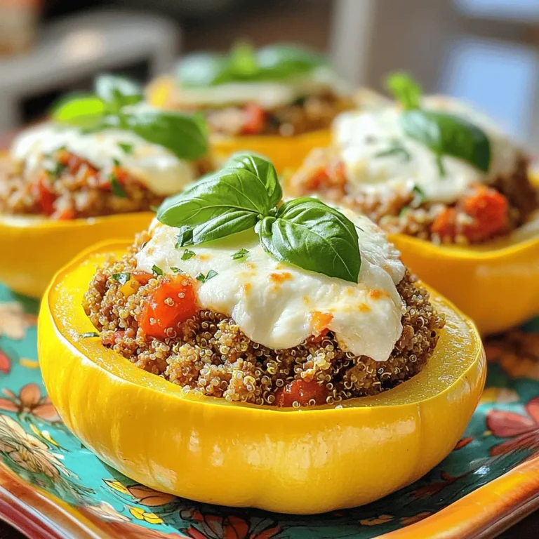 - 4 medium yellow squash - 1 pound ground beef - 1 cup cooked quinoa - 1 small onion, finely diced - 2 cloves garlic, minced - 1 cup diced tomatoes (fresh or canned) - 1 teaspoon Italian seasoning - 1/2 teaspoon paprika - Salt and freshly cracked pepper to taste - 1 cup shredded mozzarella cheese - 2 tablespoons olive oil - Fresh basil leaves, for garnish When making stuffed yellow squash with beef, I focus on fresh and tasty ingredients. You start with medium yellow squash, which you can find at most grocery stores. The squash should feel firm and smooth. Ground beef is the star of the dish, so choose a good quality one. I like to use lean beef to keep the dish light. Cooked quinoa adds texture and nutrition. It’s a great way to boost the meal. Don't forget the onion and garlic; they add a lot of flavor. I always dice the onion finely. This way, it mixes well with the beef. Minced garlic gives that aromatic touch we love. For flavor, I use diced tomatoes. Fresh ones are great, but canned works too. Italian seasoning brings warmth, while paprika adds a nice color. Salt and pepper are key for taste. Finally, I sprinkle shredded mozzarella cheese on top. This cheese melts beautifully and makes the dish creamy. A drizzle of olive oil brings everything together. I love to garnish with fresh basil leaves at the end. They add a lovely pop of green and flavor. For the full recipe, check out the complete guide. 1. Preheat your oven to 375°F (190°C). This heat helps cook the squash well. 2. Slice the yellow squash in half lengthwise. Use a sharp knife for a clean cut. 3. Use a spoon to scoop out the seeds and flesh. Leave about a 1/4-inch shell. 4. Set the scooped-out flesh aside for later. You’ll use it in the beef mix. 5. Place the hollowed squash halves cut side up in a baking dish. Make sure they sit flat. 1. In a large skillet, heat 2 tablespoons of olive oil over medium heat. This oil adds flavor. 2. Add 1 small diced onion and 2 minced garlic cloves. Sauté until the onion is soft, about 3-4 minutes. 3. Add 1 pound of ground beef to the skillet. Cook it until it is browned, breaking it into smaller pieces, about 5-7 minutes. 4. Stir in the reserved squash flesh, 1 cup of diced tomatoes, 1 cup of cooked quinoa, 1 teaspoon of Italian seasoning, and 1/2 teaspoon of paprika. 5. Season with salt and freshly cracked pepper to taste. Mix well and cook for another 5 minutes. This step allows the flavors to blend. 1. Generously spoon the beef and vegetable mixture into each squash half. Pack it in well. 2. Sprinkle 1 cup of shredded mozzarella cheese over the top of each stuffed squash. This cheese will melt beautifully. 3. Cover the baking dish with aluminum foil. Bake in the preheated oven for 25 minutes. This softens the squash. 4. Remove the foil and bake for another 10 minutes. Check that the cheese is melted and bubbly. 5. After baking, let the stuffed squash cool slightly. Garnish with fresh basil leaves for color and taste. For the full recipe, refer to the [Full Recipe] for more details. - Selecting the right yellow squash: Choose squash that feels firm and has smooth skin. Avoid any blemishes or soft spots. Medium-sized squash works best for stuffing. They hold their shape and cook evenly. - Ensuring even cooking and flavor absorption: Cut the squash in half lengthwise to create a shell. Make sure to scoop out enough flesh but leave a sturdy base. This helps the squash cook evenly and soak up the tasty filling. - Presentation ideas for serving the dish: Serve the stuffed squash on a colorful platter. You can drizzle balsamic reduction over the top for a touch of elegance. Add fresh basil leaves on each half for a lovely pop of color. - Suggested side dishes to accompany the meal: A light salad pairs well with this dish. You can also serve some crusty bread or roasted vegetables for a complete meal. These sides enhance the flavors and add variety. - Additional spice options or garnishes: You can add chili flakes for heat or fresh herbs like parsley for freshness. Consider topping with a dollop of sour cream or yogurt for a creamy finish. - Substitution options for dietary needs: If you need a healthier option, swap the beef for ground turkey or a plant-based protein. For a gluten-free version, ensure your quinoa is certified gluten-free. This way, everyone can enjoy this delicious meal! {{image_4}} For a vegetarian twist, swap the ground beef for plant-based protein. Options like lentils, chickpeas, or crumbled tofu work great. This keeps the dish hearty while being meat-free. You can also add more vegetables, like spinach, zucchini, or carrots. Spice it up with herbs like basil or oregano to enhance the flavor. If you want a Mediterranean flair, mix in feta cheese and olives. These ingredients bring a tangy taste that pairs well with the squash. You can also replace the yellow squash with bell peppers for a colorful and tasty option. This change offers a different texture while still being delightful. For those who love heat, add chili flakes or diced hot peppers to the beef mix. This gives the dish a spicy kick that delights the taste buds. You can also include jalapeños for an extra layer of flavor. Just be careful not to overdo it if you prefer a milder taste. Consider these variations to make stuffed yellow squash your own. Each option adds a unique twist to a classic dish, making it fun to explore new flavors! You can keep leftovers in the fridge for up to three days. Use an airtight container to keep them fresh. Before storing, let the stuffed squash cool down. This helps prevent condensation and sogginess. When you want to eat it again, simply reheat in the oven or microwave. To freeze stuffed squash, place it in a freezer-safe container. It can last for about three months in the freezer. To reheat, first thaw it overnight in the fridge. Then, heat it in the oven at 350°F (175°C) until warmed through. This keeps the flavors and texture intact. For quick meals, you can prep the ingredients ahead. Chop the onions and garlic, and cook the quinoa. You can even brown the ground beef in advance. Store each item in separate containers. When you're ready to cook, simply assemble everything and bake. This saves time and makes dinner easy! For the full recipe, check the link above. It takes about 55 minutes in total. You need 15 minutes to prep the squash and ingredients. Cooking in the oven takes roughly 40 minutes. This time allows the squash to soften and the flavors to blend well. Yes, you can! Ground turkey or chicken works great. If you want a twist, try sausage or even pork. Each meat brings its own flavor, so feel free to mix it up. Stuffed yellow squash pairs well with a fresh salad. Try a simple green salad with vinaigrette. Roasted vegetables or garlic bread also make great sides. They balance the meal and add more flavor. Absolutely! You can prepare the stuffing a day before. Just store it in the fridge. For cooking, assemble the squash and stuffing when you're ready. You can also reheat leftovers in the oven at 350°F for about 15 minutes. Enjoy that delicious taste again! Stuffed yellow squash with beef combines fresh ingredients and bold flavors. You learned about the main components, cooking steps, and tips to enhance your dish. I shared ideas for variations and ways to store leftovers. Each option allows for creativity in your kitchen. Enjoy exploring this dish and making it your own. Whether you stick with the classic theme or try a twist, you can create a meal that delights and satisfies. Happy cooking!