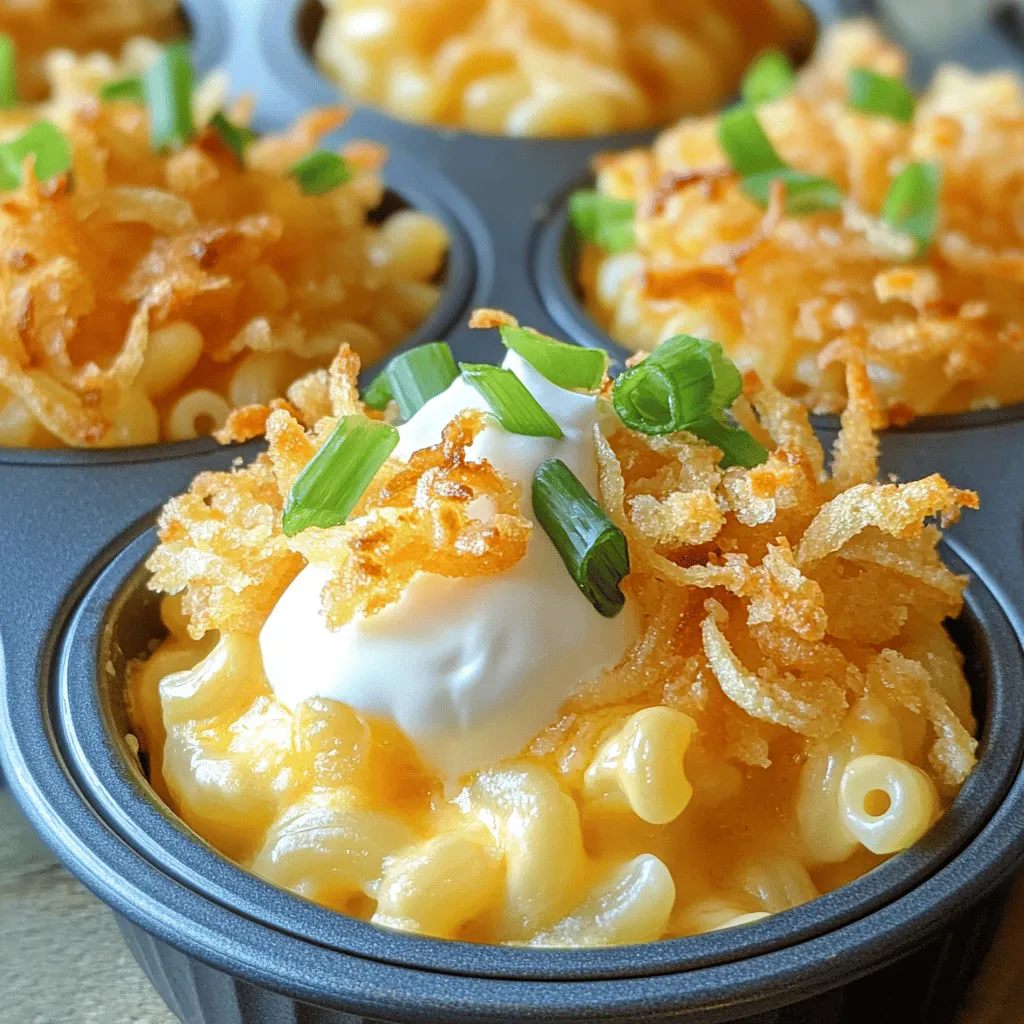 To make the best Loaded Mac and Cheese Football Cups, you need these key items: - 2 cups elbow macaroni - 2 tablespoons unsalted butter - 2 tablespoons all-purpose flour - 2 cups whole milk - 2 cups sharp cheddar cheese, freshly shredded - 1 cup mozzarella cheese, freshly shredded - 1 teaspoon garlic powder - 1 teaspoon onion powder - 1/2 teaspoon smoked paprika - Salt and black pepper to taste These ingredients create a rich and creamy base for your cups. The combination of cheddar and mozzarella gives a great flavor and texture. You can add your own twist with these optional items: - 1/2 cup cooked and crumbled turkey sausage - 1/4 cup green onions, thinly sliced - 1/4 cup sour cream - 1/4 cup crispy fried onions (for topping) Feel free to mix and match these extras. They add fun flavors and a nice crunch. To make these tasty cups, you'll need a few basic tools: - Mini muffin tin - Large pot - Whisk - Spoon or small cookie scoop - Cooking spray or melted butter for greasing Having the right tools makes the process smoother and more enjoyable. Now, you’re ready to get cooking! For the full recipe, check out the detailed instructions provided. Start by boiling a large pot of salted water. When the water bubbles, add 2 cups of elbow macaroni. Cook the pasta until it is al dente, following package instructions. Drain the pasta well and set it aside. This step is key for a great texture in your Loaded Mac and Cheese Football Cups. In the same pot, melt 2 tablespoons of unsalted butter over medium heat. Once it’s melted, add 2 tablespoons of all-purpose flour. Whisk this mixture for 1-2 minutes until it turns a light golden color. Gradually pour in 2 cups of whole milk while whisking. Stir until the sauce thickens and becomes smooth, which takes about 3-5 minutes. Next, lower the heat and add 2 cups of sharp cheddar cheese and 1 cup of mozzarella cheese. Sprinkle in 1 teaspoon of garlic powder, 1 teaspoon of onion powder, 1/2 teaspoon of smoked paprika, and salt and black pepper to taste. Stir until the cheese melts and the sauce is creamy. Now it's time to combine everything. Gently fold the cooked macaroni into the cheese sauce. If you want to add 1/2 cup of cooked and crumbled turkey sausage, mix it in now. Preheat your oven to 350°F (175°C) and lightly grease a mini muffin tin. Fill each cup with the mac and cheese mixture, pressing down lightly to pack it in. Bake for 15-20 minutes until the tops are golden brown and slightly crisp. Once out of the oven, let them cool for a bit. Top each cup with 1/4 cup of sour cream, 1/4 cup of crispy fried onions, and a sprinkle of sliced green onions. Enjoy this tasty game snack! For more details, check the Full Recipe. To create the best cheese sauce, start with a roux. This helps to thicken the sauce and gives it a great base. Use equal parts butter and flour. Cooking the roux for a minute or two until golden adds depth. Gradually add milk while whisking to prevent lumps. This step is key! Keep stirring until it thickens and feels creamy. Then, add your cheeses. A mix of sharp cheddar and mozzarella works wonders for flavor and texture. Presentation makes all the difference on game day. Use a mini muffin tin to shape your cups. After baking, let them cool slightly. Then, add a dollop of sour cream on top. This gives a nice contrast to the cheesy cups. Sprinkle crispy fried onions for crunch, and add green onions for color. Arrange the cups on a platter in a fun football shape. This adds excitement to your snack table! You can make these cups ahead of time. Prepare the mac and cheese mixture and fill the muffin tin. Cover it and store it in the fridge for up to 24 hours. When you're ready, bake them straight from the fridge. Just add a few extra minutes to the baking time. This makes game day stress-free. Enjoy delicious snacks without the last-minute rush. For the full recipe, check out the detailed steps above! {{image_4}} If you want a meat-free version, skip the turkey sausage. You can add more veggies instead. Try spinach, bell peppers, or mushrooms. These add great taste and color. You can also mix in some cooked broccoli for a nutrient boost. Cheese choice changes the taste! You can use gouda, fontina, or pepper jack. Gouda gives a rich flavor, while pepper jack adds a spicy kick. Mixing cheeses creates a unique flavor profile. Just make sure to use a good melting cheese. Toppings make your cups even better! Try crispy bacon bits for a salty crunch. You can sprinkle chili flakes for heat or drizzle hot sauce for a zesty touch. Fresh herbs like parsley or cilantro add color and freshness. For a creamy twist, use ranch dressing instead of sour cream. Explore these ideas to make your Loaded Mac and Cheese Football Cups your own. For the full recipe, check out the section above! To keep your leftovers fresh, let the mac and cheese cups cool completely first. Then, place them in an airtight container. Store them in the fridge for up to three days. This way, they stay tasty and safe to eat. If you want to avoid sogginess, try to separate layers with parchment paper. When you're ready to enjoy your leftovers, the best way to reheat them is in the oven. Preheat your oven to 350°F (175°C). Place the cups on a baking sheet. Heat them for about 10-15 minutes. This keeps them crispy on the outside and warm on the inside. You can also microwave them for a quick option. Just heat them in 30-second bursts to avoid drying them out. If you want to store the cups for longer, freezing is a great choice. After they cool, arrange them on a baking sheet. Freeze them for about an hour, then transfer them to a freezer-safe bag. They can last for two to three months in the freezer. When you're ready to eat, thaw them in the fridge overnight before reheating. This keeps the flavor and texture intact. I hope you find these storage tips helpful, and don't forget to check out the Full Recipe for more details! Yes, you can easily make these cups without meat. Just skip the turkey sausage. The cheese and pasta provide great flavor on their own. Add more veggies if you want. Try chopped bell peppers or spinach for a tasty twist. Sharp cheddar is my go-to for mac and cheese. It gives a rich taste. Mozzarella adds creaminess and stretch. You can also mix in gouda or fontina for more depth. Experimenting with different cheeses makes it fun! To keep your cups crispy, bake them until they are golden brown. Use a mini muffin tin for the best shape. Make sure to pack the mixture tightly in each cup. Topping with crispy fried onions adds extra crunch too. Keep an eye on them while baking for the perfect texture. Loaded Mac and Cheese Football Cups are simple and fun to make. We covered the key ingredients, from pasta to cheese sauce. You can customize this dish with optional toppings or different cheeses. I shared tips for the best cheese sauce and how to make these cups ahead of time. Remember, you can store leftovers or freeze them for later. In the end, these bites are perfect for game day or any fun gathering. Enjoy making and sharing this dish!