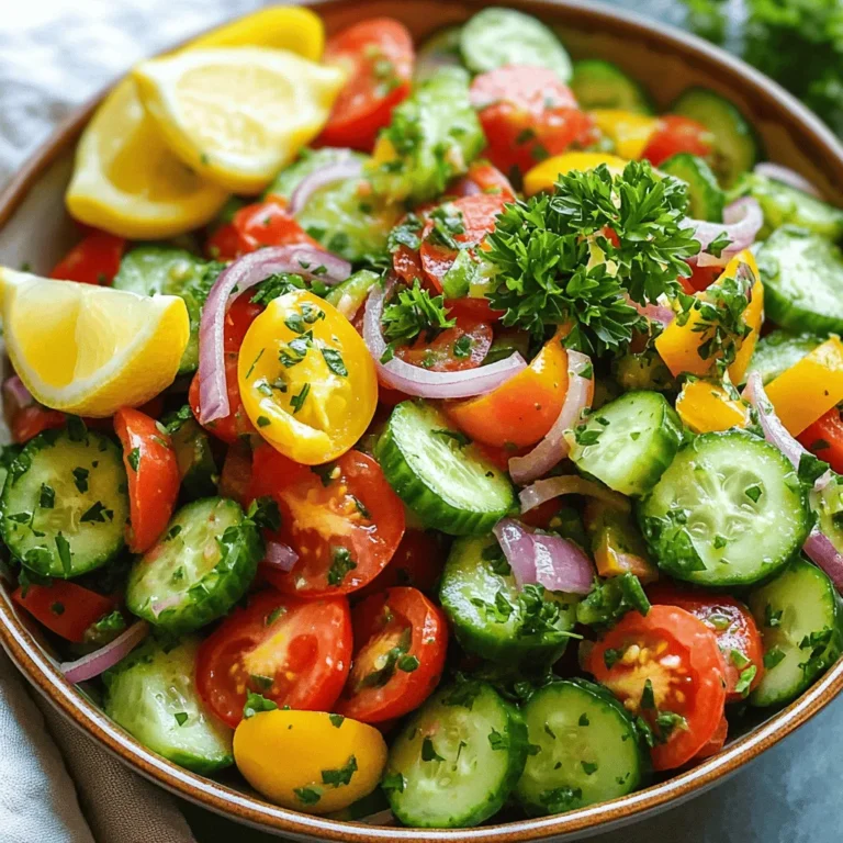 - 2 medium cucumbers, diced - 3 ripe tomatoes, diced - 1 small red onion, finely sliced - 1 bell pepper, diced - 1/4 cup fresh parsley leaves, chopped - 2 tablespoons lemon juice - 1 tablespoon olive oil - 1 teaspoon honey (optional) - Sea salt and black pepper to taste Using fresh produce makes a big difference. Fresh ingredients taste better and help your dish shine. They bring out the natural flavors in your salad. Fresh cucumbers add a crisp bite, while ripe tomatoes provide sweetness. Red onions give it a sharp kick. Fresh herbs like parsley not only add color but also a burst of flavor. When you mix all these fresh ingredients, you create a harmony of tastes. The quality of your salad depends on the freshness of its parts. Always choose ripe and bright ingredients for the best results. With fresh ingredients, you create a dish that feels alive and vibrant. For the full recipe, check out the details to make this easy cucumber tomato onion salad. Start by dicing the cucumbers into bite-sized pieces. This size helps them mix well with other veggies. Next, take your ripe tomatoes and also dice them. A mix of colors adds to the salad's look. Then, grab a bell pepper. Dice it too, making sure to keep the pieces small for a good crunch. Finally, slice your small red onion into thin rings. This will add a sharp flavor that balances the other ingredients. In a large mixing bowl, combine all your diced cucumbers, tomatoes, sliced onion, and diced bell pepper. Stir gently to mix everything evenly. This step is key for a balanced bite. Now, take your fresh parsley and chop it coarsely. Add it to the bowl. This herb gives the salad a fresh taste and bright color. In a separate small bowl, whisk together 2 tablespoons of lemon juice, 1 tablespoon of extra virgin olive oil, and 1 teaspoon of honey if you want a touch of sweetness. This dressing is key for flavor. Whisk until it blends well and becomes smooth. This process, called emulsification, ensures your dressing coats the veggies nicely. Drizzle the dressing over the vegetable mix and gently toss everything together. Season with sea salt and freshly cracked black pepper to taste. Let your salad sit for about 10 minutes. This resting time allows the flavors to mix and deepen. For the full recipe, check out the details above. Let your salad rest for about 10 minutes. This helps the flavors blend well. The lemon juice and olive oil will soak into the veggies. Adjust seasoning to your liking. Taste it and add more salt or pepper as needed. Serve your salad in a large, shallow bowl. This makes it inviting and easy to share. To make it look pretty, garnish with fresh parsley on top. You can also add lemon wedges around the bowl. This gives guests a chance to add more zest to their salad. Use a sharp knife when slicing. This makes cutting the veggies easier and safer. Aim for uniform cuts. This helps the flavors mix evenly in each bite. Cutting everything the same size makes the salad look nicer too. For the full recipe, check out the [Full Recipe]. {{image_4}} You can swap out some veggies in this salad. Try using zucchini or radishes for crunch. Fresh herbs like cilantro or basil can boost the flavor too. For a heartier salad, add proteins like chickpeas or grilled chicken. To give your salad a kick, add spices like cumin or smoked paprika. You might also try different dressings, like balsamic vinaigrette or yogurt dressing. For creaminess, mix in feta cheese or avocado. They add a rich texture that complements the fresh veggies. Add a Mediterranean twist by mixing in olives and feta cheese. This gives a salty flavor that pairs well with tomatoes. For a Southwestern flair, toss in corn and avocado. This adds sweetness and creaminess, making it a complete meal. To store your Easy Cucumber Tomato Onion Salad, place it in a sealed container. This helps keep it fresh. Make sure to eat it within 2 to 3 days. To keep the veggies crisp, avoid dressing it until you serve. The dressing can make the salad soggy if left too long. You can freeze this salad, but the texture may change. Freezing makes cucumbers watery and mushy. Instead, consider using jars for quick meal prep. Layer the ingredients, starting with the dressing at the bottom. This keeps the veggies fresh until you’re ready to eat. This salad stays fresh in the fridge for about 2 to 3 days. Watch for any signs of spoilage. If the veggies look slimy or have an off smell, it's time to toss them. Always trust your senses when it comes to food safety. You can store this salad in the fridge for up to three days. To keep it fresh longer, use an airtight container. This will help reduce moisture loss and keep the flavors intact. Always check for any signs of spoilage, like off smells or mushy veggies. Yes, you can make this salad ahead of time. This is great for meal prep. Just remember to add the dressing just before serving. Letting the salad rest for about ten minutes will improve its flavor. This resting time allows the veggies to soak up the dressing, making each bite taste even better. This salad pairs well with grilled chicken or fish. You can also serve it as a side with tacos or burgers. Consider adding some crusty bread for a complete meal. Other complementary dishes include quinoa or couscous salads. This variety will elevate your dining experience and impress your guests. For the full recipe, check out the earlier sections! Using fresh ingredients makes your salad tasty and healthy. We covered key ingredients, preparation steps, and tips for great flavor. Remember to let your salad rest for the best taste. You can try fun variations to mix it up. Store leftovers well to keep them fresh longer. With these pointers, you’ll enjoy making this salad again and again. Enjoy your delicious, fresh flavors!