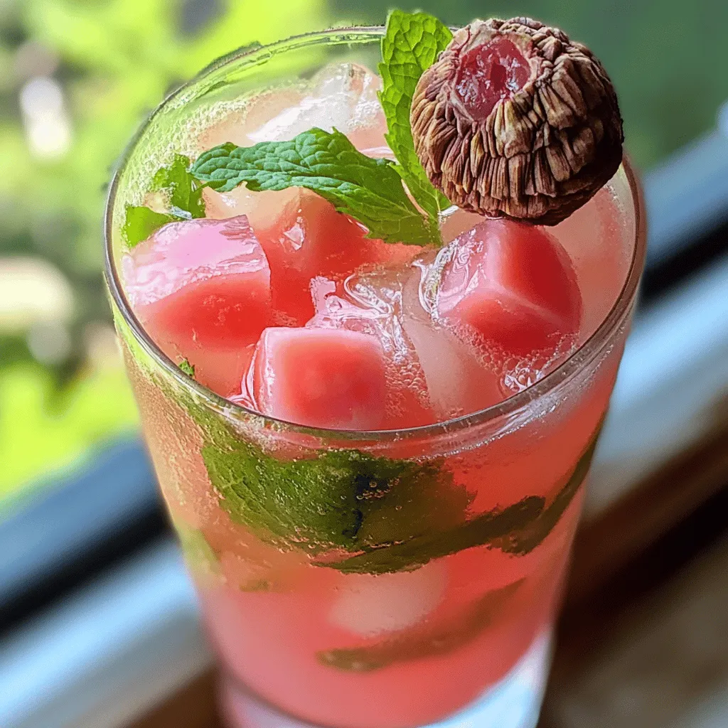To make a Lychee Rose Mojito, you need some simple ingredients. Here’s what you need: - 1 cup fresh lychee, peeled and pitted - 1/2 cup fresh mint leaves (plus extra for garnish) - 2 tablespoons rose syrup - 2 tablespoons freshly squeezed lime juice - 1 tablespoon granulated sugar (adjust to taste) - Sparkling water (to top off) - Ice cubes - Whole lychee and mint sprigs for garnish Each ingredient plays a key role in this drink. Fresh lychee adds sweetness and a unique flavor. Mint gives a fresh aroma and taste. Rose syrup adds floral notes that pair well with the other flavors. Lime juice adds a bright, tangy kick. Sugar balances the drink, while sparkling water gives it a nice fizz. Ice cubes keep your drink cool and refreshing. Finally, the garnish makes your mojito look pretty and inviting. For the full recipe, check out the instructions on how to put these ingredients together to create your delicious summer drink! Making a Lychee Rose Mojito is simple and fun! You will need fresh lychee, mint, and lime juice. Keep your ingredients ready. This drink is great for hot days. It feels light and refreshing. 1. Muddle the Base: In a sturdy glass, add 1 cup of fresh lychee, 1/2 cup of mint leaves, and 1 tablespoon of granulated sugar. Use a muddler or a spoon. Gently mash the lychee. You want it soft and juicy. The mint should smell nice and fresh. 2. Add Flavor: Pour in 2 tablespoons of rose syrup and 2 tablespoons of lime juice. Lightly muddle again. This helps the mint mix well with the other flavors. 3. Prepare the Glasses: Take two serving glasses. Fill each with ice cubes halfway. This keeps your drink cold and refreshing. 4. Build Your Drink: Spoon the lychee mix into the ice-filled glasses. Divide it evenly. 5. Finish with Sparkling Water: Carefully top off each glass with sparkling water. Stir gently with a spoon. Be careful not to lose the bubbles! 6. Taste and Adjust: Take a sip of your drink. If it needs more sweetness, add a bit more sugar. For more tartness, add a splash of lime juice. Stir gently to mix. 7. Garnish: To make your drink look beautiful, add a mint sprig on top. Place a whole lychee on the rim of each glass. This adds a nice touch. Consider taking photos at each step. Show the fresh ingredients, the muddling process, and the final drink. A video can also help others see how to make it. These visuals make it easier to follow the recipe. Check out the [Full Recipe] for more details! To make the best Lychee Rose Mojito, start with ripe lychees. They should smell sweet and fragrant. If you use canned lychees, pick the ones in light syrup. Fresh mint is essential too. Gently clap the mint leaves before adding them. This step helps release their oils. Make sure to muddle gently. You want to mix flavors, not mash everything into bits. Adjust the sweetness according to your taste. More sugar will make it sweeter, while extra lime juice adds a nice zing. One common mistake is over-muddling the mint. This can make your drink bitter. Instead, muddle just enough to release the mint’s scent. Another mistake is not tasting the drink. Always taste and tweak the flavors before serving. Also, don’t skip the sparkling water. It adds a refreshing fizz. Lastly, avoid using too much ice. Too much ice can dilute your drink and ruin the taste. A beautiful drink makes it even more enjoyable. Use tall glasses to show off the colors. Garnish with a sprig of mint and a whole lychee on the rim. You can also add a slice of lime for color. For an extra touch, consider using decorative straws. This makes it fun and fancy. Remember, the look of your drink can enhance the experience. For the full recipe, check out the details above. {{image_4}} You can change the flavor of your Lychee Rose Mojito easily. Try adding different fruits. For a twist, use mango or passion fruit. You can also swap the rose syrup for elderflower syrup. This gives your drink a lovely floral note. Another option is to add a splash of coconut milk. It creates a creamy texture that is very refreshing. Want a fun drink without alcohol? You can make a mocktail version. Just skip any alcohol and add more sparkling water. You might also add a splash of soda for extra fizz. This drink still tastes great and is perfect for all ages. The flavors of lychee and mint shine through just as well. You can adapt this drink for any season. In summer, use fresh berries like strawberries or blueberries. They add a burst of color and flavor. In fall, try adding a hint of cinnamon. It pairs well with the sweetness of lychee. You can also use spiced syrup for a cozy twist. Each season brings its own unique taste to the drink. Enjoy exploring these different adaptations! To keep your lychee rose mojito fresh, store ingredients properly. For fresh lychee, keep it in the fridge. Use it within a few days for the best taste. Place mint leaves in a glass of water. Cover them loosely with a plastic bag. This keeps them fresh longer. Rose syrup can stay in a cool, dark place. Make sure the lid is tight. If you have extra mojito, pour it into a sealed container. Store it in the fridge, but drink it within a day. The mint may lose its flavor and color over time. If you want to serve it later, add fresh mint and more sparkling water before serving. This gives it a fresh taste and look. - Fresh lychee: 3-5 days in the fridge. - Mint leaves: 3-7 days in water. - Rose syrup: Up to a year if sealed. - Lime juice: 1 week if fresh; longer if bottled. By knowing how to store these ingredients, you can always enjoy a refreshing lychee rose mojito. For the full recipe, check the earlier section! The Lychee Rose Mojito blends cultures and flavors. Mojitos come from Cuba and are refreshing. Lychee is native to China and has a sweet taste. The rose flavor adds a floral touch. This drink became popular in many places. It combines the classic mojito with unique ingredients. You can prepare the mixture ahead of time. Just muddle the lychee, mint, and sugar. Add the rose syrup and lime juice. Store this mix in the fridge. When you're ready, add ice and top with sparkling water. This keeps it fresh and fizzy. If you can't find fresh lychee, try canned lychee. Drain the syrup and rinse them. You can also use frozen lychee. Let them thaw before mashing. Other fruits like peaches or pears can work too. They bring a similar sweetness and texture. This blog post detailed how to make a refreshing Lychee Rose Mojito. We explored the key ingredients, step-by-step instructions, and tips to perfect your drink. I shared common mistakes and presentation ideas to elevate your mojito game. We also discussed variations and how to store your ingredients and leftover drinks. In conclusion, making this drink is simple and fun. Try it at your next gathering. Enjoy the unique flavors and impress your friends!