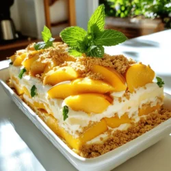 To make your No-Bake Peach Icebox Cake, gather these fresh ingredients: - 3 ripe peaches, thinly sliced - 1 cup heavy whipping cream - 1/2 cup powdered sugar - 1 teaspoon vanilla extract - 1 1/2 cups graham cracker crumbs - 1 cup cream cheese, softened - 1 tablespoon fresh lemon juice - 2 tablespoons honey - Fresh mint leaves for garnish Each ingredient plays a key role in creating the layers of flavor and texture. The peaches provide a juicy sweetness. The heavy cream adds richness, while the powdered sugar balances the flavors. Vanilla extract enhances the taste, and graham cracker crumbs give a nice crunch. Cream cheese adds a creamy base, while lemon juice brightens the mix. Honey adds natural sweetness, and mint leaves are perfect for a fresh touch. Using ripe peaches is important. They should be sweet and fragrant to enhance the overall flavor. Make sure to soften the cream cheese before mixing. This helps create a smooth filling. For the best results, measure each ingredient carefully. This ensures a perfect blend of flavors. If you want to try something different, check out the Full Recipe for additional tips and ideas. Enjoy your cooking! To start, grab a large mixing bowl. Use an electric mixer to whip the heavy cream. Set it on medium-high speed. Whip until soft peaks start to form. Slowly sprinkle in the powdered sugar. Add the vanilla extract next. Keep whipping until stiff peaks form. This makes a light and fluffy cream. In another bowl, mix the softened cream cheese. Add the fresh lemon juice and honey. Stir this mix until it is smooth. You want to avoid lumps. Next, gently fold in the whipped cream. Use a spatula, and be careful not to deflate it. This mix should be light and airy. Now, take a rectangular baking dish. Start with a thin layer of the cream mix at the bottom. Then, add a layer of graham cracker crumbs on top. Next, layer the sliced peaches evenly. Repeat this: cream mix, graham cracker crumbs, and peaches. Keep going until all ingredients are used. Make sure the top layer is the cream mix. Cover the dish tightly with plastic wrap. Place the cake in the fridge. Let it chill for at least 4 hours. For the best taste, chill it overnight. This time helps the graham crackers soak up moisture. It will make the cake soft and tasty. To make your No-Bake Peach Icebox Cake look great, use fresh mint leaves. Place them on top for color and aroma. You can also add extra peach slices around the cake for a bright touch. Serve it on a nice platter to impress your guests. This helps create a festive vibe for summer gatherings. One common mistake is overwhipping the cream. This can make it grainy and less fluffy. Watch for soft peaks, then stop. Another mistake is not letting the graham crackers soften enough. This can lead to a crunchy texture instead of the desired creamy one. Make sure to chill it long enough to let the layers blend well. The temperature of your ingredients matters. Use cold cream for better whipping. Room temperature cream cheese blends smoothly into the mixture. If you want to change the sweetness, use honey or maple syrup instead of powdered sugar. You can also add a splash of almond extract for extra flavor. This can make your cake unique and delicious. For the full recipe, check out the detailed instructions! {{image_4}} You can use many fruits in this icebox cake. Berries, like strawberries or blueberries, add a nice touch. You can also try mangoes for a tropical vibe. Seasonal fruits work great too. Think apples in fall or citrus fruits in winter. Each fruit brings its own flavor and texture. Mix and match to find your favorite combos! Adding extracts can take your cake to the next level. Almond or coconut extracts give a unique kick. Just a few drops can change the whole taste. You can also add spices like cinnamon or nutmeg for warmth. These spices blend well with peaches, creating a cozy feel. They add depth without overwhelming the dish. Want a lighter version? Swap cream cheese for yogurt. Greek yogurt works well and adds protein. You can also use alternative crackers for a gluten-free option. Look for gluten-free graham crackers or make your own. These swaps keep the cake tasty while making it healthier. Don't be afraid to experiment with what you have. For the full recipe, check out the details above! To keep your No-Bake Peach Icebox Cake fresh, cover it tightly with plastic wrap. Store it in the refrigerator. This will help prevent the cake from drying out. You can enjoy it for up to four days. The flavors will continue to meld, making each bite even better. You can freeze the assembled cake for later enjoyment. First, wrap it well in plastic wrap and then in aluminum foil. This prevents freezer burn. The cake can stay in the freezer for up to three months. When you're ready to enjoy it, move the cake to the fridge to thaw overnight. Avoid thawing it at room temperature. This will help keep the texture just right. After thawing, serve it cold for the best taste. Yes, you can use frozen peaches. However, the texture may change. Frozen peaches can be softer once thawed. This can affect the layers in your cake. Fresh peaches give a nice crunch and bright flavor. If you use frozen ones, let them thaw. Drain any excess water to keep the cake from getting soggy. You can store the icebox cake in the fridge for up to 5 days. Make sure to cover it tightly with plastic wrap. This keeps it fresh and prevents it from absorbing other smells in the fridge. If you want to keep it longer, you can freeze it. It can last in the freezer for up to 2 months. Just remember to thaw it in the fridge before serving. Yes, you can double or halve the recipe. To double it, simply double all the ingredients. Make sure to use a larger dish to fit everything. If you want to halve it, use a smaller dish and cut the amounts in half. This way, you can make the perfect size for your gathering or craving. This no-bake peach icebox cake combines fresh peaches, whipped cream, and cream cheese for a tasty treat. We covered the ingredients, step-by-step instructions, and tips to make it perfect. Remember, chilling the cake is key for the best flavor and texture. Feel free to get creative with fruit and flavor swaps. Don't hesitate to try different presentations to impress your guests. This dessert is simple to make and enjoyable to share. Enjoy every bite of your homemade peach delight!