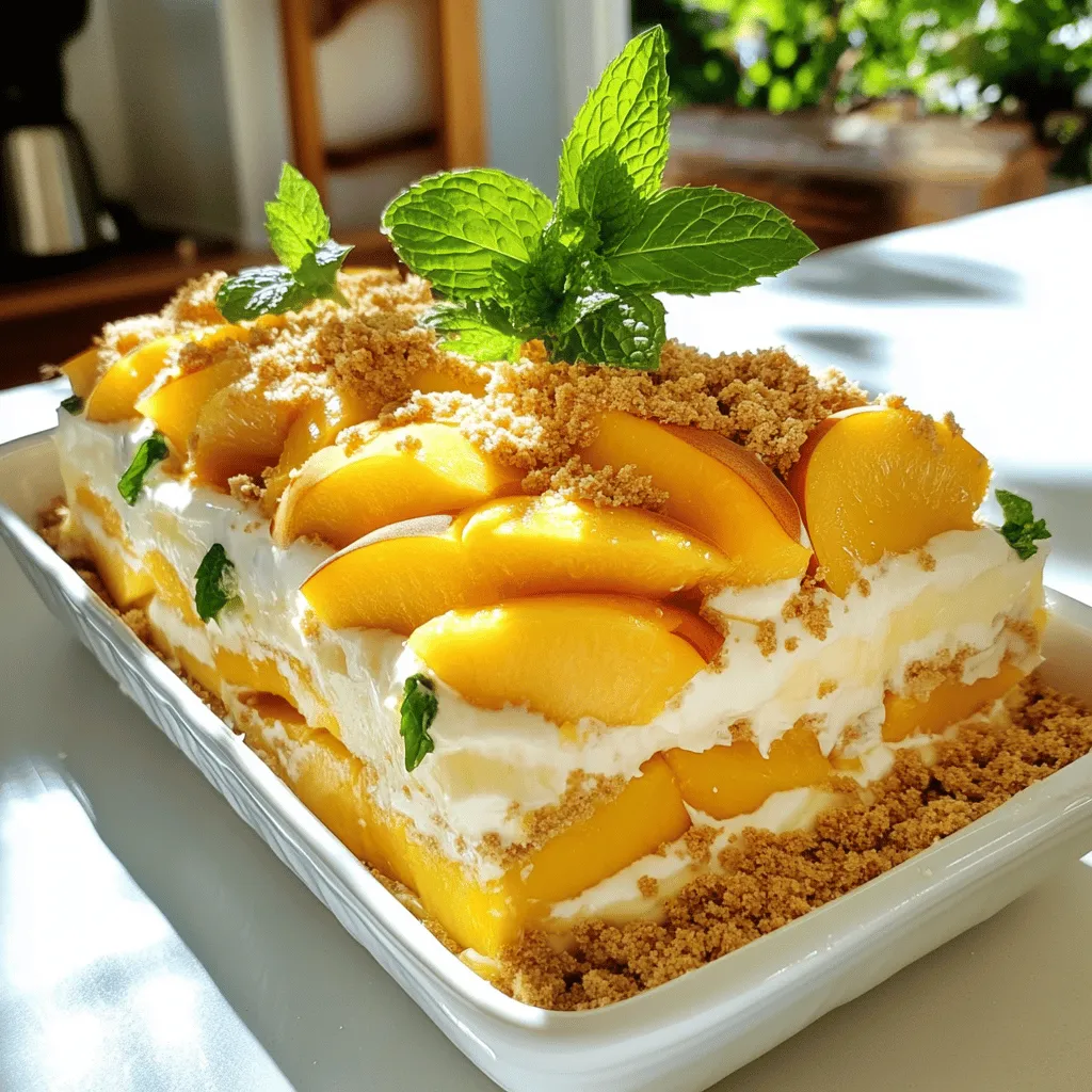 To make your No-Bake Peach Icebox Cake, gather these fresh ingredients: - 3 ripe peaches, thinly sliced - 1 cup heavy whipping cream - 1/2 cup powdered sugar - 1 teaspoon vanilla extract - 1 1/2 cups graham cracker crumbs - 1 cup cream cheese, softened - 1 tablespoon fresh lemon juice - 2 tablespoons honey - Fresh mint leaves for garnish Each ingredient plays a key role in creating the layers of flavor and texture. The peaches provide a juicy sweetness. The heavy cream adds richness, while the powdered sugar balances the flavors. Vanilla extract enhances the taste, and graham cracker crumbs give a nice crunch. Cream cheese adds a creamy base, while lemon juice brightens the mix. Honey adds natural sweetness, and mint leaves are perfect for a fresh touch. Using ripe peaches is important. They should be sweet and fragrant to enhance the overall flavor. Make sure to soften the cream cheese before mixing. This helps create a smooth filling. For the best results, measure each ingredient carefully. This ensures a perfect blend of flavors. If you want to try something different, check out the Full Recipe for additional tips and ideas. Enjoy your cooking! To start, grab a large mixing bowl. Use an electric mixer to whip the heavy cream. Set it on medium-high speed. Whip until soft peaks start to form. Slowly sprinkle in the powdered sugar. Add the vanilla extract next. Keep whipping until stiff peaks form. This makes a light and fluffy cream. In another bowl, mix the softened cream cheese. Add the fresh lemon juice and honey. Stir this mix until it is smooth. You want to avoid lumps. Next, gently fold in the whipped cream. Use a spatula, and be careful not to deflate it. This mix should be light and airy. Now, take a rectangular baking dish. Start with a thin layer of the cream mix at the bottom. Then, add a layer of graham cracker crumbs on top. Next, layer the sliced peaches evenly. Repeat this: cream mix, graham cracker crumbs, and peaches. Keep going until all ingredients are used. Make sure the top layer is the cream mix. Cover the dish tightly with plastic wrap. Place the cake in the fridge. Let it chill for at least 4 hours. For the best taste, chill it overnight. This time helps the graham crackers soak up moisture. It will make the cake soft and tasty. To make your No-Bake Peach Icebox Cake look great, use fresh mint leaves. Place them on top for color and aroma. You can also add extra peach slices around the cake for a bright touch. Serve it on a nice platter to impress your guests. This helps create a festive vibe for summer gatherings. One common mistake is overwhipping the cream. This can make it grainy and less fluffy. Watch for soft peaks, then stop. Another mistake is not letting the graham crackers soften enough. This can lead to a crunchy texture instead of the desired creamy one. Make sure to chill it long enough to let the layers blend well. The temperature of your ingredients matters. Use cold cream for better whipping. Room temperature cream cheese blends smoothly into the mixture. If you want to change the sweetness, use honey or maple syrup instead of powdered sugar. You can also add a splash of almond extract for extra flavor. This can make your cake unique and delicious. For the full recipe, check out the detailed instructions! {{image_4}} You can use many fruits in this icebox cake. Berries, like strawberries or blueberries, add a nice touch. You can also try mangoes for a tropical vibe. Seasonal fruits work great too. Think apples in fall or citrus fruits in winter. Each fruit brings its own flavor and texture. Mix and match to find your favorite combos! Adding extracts can take your cake to the next level. Almond or coconut extracts give a unique kick. Just a few drops can change the whole taste. You can also add spices like cinnamon or nutmeg for warmth. These spices blend well with peaches, creating a cozy feel. They add depth without overwhelming the dish. Want a lighter version? Swap cream cheese for yogurt. Greek yogurt works well and adds protein. You can also use alternative crackers for a gluten-free option. Look for gluten-free graham crackers or make your own. These swaps keep the cake tasty while making it healthier. Don't be afraid to experiment with what you have. For the full recipe, check out the details above! To keep your No-Bake Peach Icebox Cake fresh, cover it tightly with plastic wrap. Store it in the refrigerator. This will help prevent the cake from drying out. You can enjoy it for up to four days. The flavors will continue to meld, making each bite even better. You can freeze the assembled cake for later enjoyment. First, wrap it well in plastic wrap and then in aluminum foil. This prevents freezer burn. The cake can stay in the freezer for up to three months. When you're ready to enjoy it, move the cake to the fridge to thaw overnight. Avoid thawing it at room temperature. This will help keep the texture just right. After thawing, serve it cold for the best taste. Yes, you can use frozen peaches. However, the texture may change. Frozen peaches can be softer once thawed. This can affect the layers in your cake. Fresh peaches give a nice crunch and bright flavor. If you use frozen ones, let them thaw. Drain any excess water to keep the cake from getting soggy. You can store the icebox cake in the fridge for up to 5 days. Make sure to cover it tightly with plastic wrap. This keeps it fresh and prevents it from absorbing other smells in the fridge. If you want to keep it longer, you can freeze it. It can last in the freezer for up to 2 months. Just remember to thaw it in the fridge before serving. Yes, you can double or halve the recipe. To double it, simply double all the ingredients. Make sure to use a larger dish to fit everything. If you want to halve it, use a smaller dish and cut the amounts in half. This way, you can make the perfect size for your gathering or craving. This no-bake peach icebox cake combines fresh peaches, whipped cream, and cream cheese for a tasty treat. We covered the ingredients, step-by-step instructions, and tips to make it perfect. Remember, chilling the cake is key for the best flavor and texture. Feel free to get creative with fruit and flavor swaps. Don't hesitate to try different presentations to impress your guests. This dessert is simple to make and enjoyable to share. Enjoy every bite of your homemade peach delight!