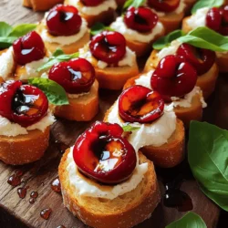 To make Cherry Balsamic Burrata Crostini, you need just a few fresh items. Here’s the list: - Baguette - Fresh cherries - Balsamic vinegar - Honey - Burrata cheese - Extra virgin olive oil - Salt and pepper - Fresh basil leaves Each ingredient plays a key role in the flavor and texture of this dish. The baguette will give you a nice crunch. Fresh cherries add sweetness and color. Balsamic vinegar and honey create a lovely tangy-sweet mix. Burrata cheese adds creaminess, making it rich and satisfying. Extra virgin olive oil helps with the toasting process, enhancing the taste. Salt and pepper balance the flavors. Finally, fresh basil leaves add a pop of freshness and aroma. Using high-quality ingredients is key. Choose ripe cherries and fresh burrata for the best results. This simple yet tasty treat will impress anyone who tries it! For the full recipe, check out the detailed instructions. 1. Preheating the oven: Start by setting your oven to 400°F (200°C). This heat will give the crostini a perfect crisp. 2. Preparing the baguette slices: Slice your baguette into ½ inch rounds. This size is just right for a bite-sized treat. 3. Baking the crostini: Place the baguette slices on a baking sheet in a single layer. Brush each side with extra virgin olive oil. Bake for 8-10 minutes until they turn golden brown and crispy. Let them cool slightly after baking. 1. Combining cherries with balsamic and honey: In a bowl, mix the halved cherries with 1 tablespoon of balsamic vinegar and 1 tablespoon of honey. 2. Marinating to enhance flavors: Add a pinch of salt and freshly ground black pepper. Toss gently to coat the cherries. Let them marinate for 5-10 minutes. This brings out their sweet and tangy taste. 1. Layering burrata cheese: Take each toasted crostini and place a generous dollop of burrata cheese on top. This creamy cheese melts perfectly with the cherries. 2. Adding the cherry topping: Spoon the marinated cherry mixture over the burrata. Let the juices flow over the cheese for added flavor. 3. Garnishing with fresh basil: Tear some fresh basil leaves and sprinkle them over each crostini. This adds a lovely aroma and bright color to your dish. For the complete details, check the Full Recipe. To make the best crostini, aim for a golden color. Start with a fresh baguette. Slice it into ½ inch rounds. Brush the slices with extra virgin olive oil. Bake at 400°F (200°C) for 8-10 minutes. Flip them halfway for even crispiness. Watch them closely; oven times can vary. Spreading burrata cheese can be tricky. To make it smooth, let the cheese sit at room temperature. This softens it and makes spreading easy. Use a spoon to dollop it on each crostini. Start with a small amount and add more if needed. You can personalize the cherry topping easily. Add spices like cinnamon for warmth. Try using different fruits, like figs or peaches, for variety. Mix in chopped nuts for crunch. This adds a nice texture that contrasts with the creamy burrata. For the balsamic glaze, consider making your own. Simply simmer balsamic vinegar until it thickens. It gives a rich flavor and a touch of sweetness. You can also buy a good quality glaze from a store. Just make sure it has simple ingredients. Serving your crostini on a rustic wooden board looks great. Arrange them in a neat row or a circular pattern. You can drizzle extra balsamic glaze over the top for flair. This adds a beautiful shine and highlights the flavors. Garnishes can enhance your dish's visual appeal. Use torn basil leaves to add color and aroma. Consider using whole cherries around the edges for a pop of color. This creates a vibrant presentation that’s sure to impress. {{image_4}} You can swap burrata for other cheeses. Try using goat cheese or cream cheese. These cheeses offer different flavors and textures. They still work well with cherries and balsamic. You can also play with fruits. If cherries aren't your favorite, use figs or peaches. Both fruits pair nicely with the sweetness of honey and balsamic. Their unique tastes will change the crostini in fun ways. If you need gluten-free options, look for gluten-free baguettes. Many stores now sell these. They allow everyone to enjoy crostini without worry. For vegan alternatives, consider using a nut-based cheese. These cheeses can mimic the creaminess of burrata. They offer a tasty option for those who avoid dairy. Want to add some flair? Try adding fresh herbs like chives or thyme. These herbs can enhance the flavor and make your dish pop. Pair your crostini with other appetizers. They go well with olives or a fresh salad. This creates a fun dinner party spread. You can make your meal interesting and varied! To keep your leftover crostini fresh, store them in an airtight container. Make sure to layer them with parchment paper to prevent sticking. This method keeps them crisp and tasty. If you want to maintain their crunch, avoid adding toppings until you are ready to eat. To reheat your crostini, use your oven for the best results. Preheat the oven to 350°F (175°C). Place the crostini on a baking sheet in a single layer. Heat them for about 5-7 minutes. This will keep them crunchy and warm without making them soggy. The crostini will stay fresh for about 3 days when stored properly. Look out for signs of spoilage, like mold or a stale smell. If your crostini feel soft or chewy, it's best to toss them. Enjoy your Cherry Balsamic Burrata Crostini fresh for the best flavor! Remember to check the Full Recipe for more tips. To make this dish, follow these steps: 1. Prepare the baguette: Preheat your oven to 400°F. Slice the baguette into ½ inch rounds. Brush both sides with olive oil. 2. Bake the crostini: Place the slices on a baking sheet. Bake for 8-10 minutes until golden brown. 3. Make the cherry topping: In a bowl, mix halved cherries with balsamic vinegar, honey, salt, and pepper. Let it marinate for 5-10 minutes. 4. Assemble the crostini: Spread burrata cheese on each crostini. Top with the marinated cherries. 5. Garnish: Add torn basil leaves for color and flavor. This is how you create a tasty Cherry Balsamic Burrata Crostini. For the full recipe, check the details above. Yes, you can prepare crostini in advance. Here are some best practices: - Make the crostini: Bake the bread slices ahead of time. Store them in an airtight container. They stay crispy for a few hours. - Prepare the cherry topping: Mix the cherry topping a few hours before serving. Keep it in the fridge to stay fresh. - Assemble just before serving: For the best taste, assemble the crostini right before serving. This keeps the bread crispy. Pair these crostini with: - Wine: A light white wine or sparkling wine complements the dish well. - Salads: A simple arugula salad adds a nice touch. - Other appetizers: Serve with olives, cheese platters, or charcuterie boards. These pairings enhance the meal and make it more enjoyable! This blog post covered making Cherry Balsamic Burrata Crostini. We explored fresh ingredients and simple steps that lead to a delightful snack. I shared tips for perfecting your crostini, ideas for variations, and how to store them. Remember, experimenting with flavors can make this dish truly unique. Enjoy crafting this tasty treat, and don't hesitate to make it your own! You will impress your friends and family every time. Get ready to savor these bites and share the joy of good food!
