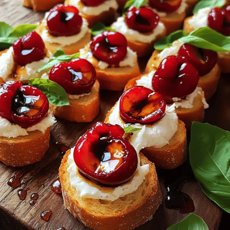 To make Cherry Balsamic Burrata Crostini, you need just a few fresh items. Here’s the list: - Baguette - Fresh cherries - Balsamic vinegar - Honey - Burrata cheese - Extra virgin olive oil - Salt and pepper - Fresh basil leaves Each ingredient plays a key role in the flavor and texture of this dish. The baguette will give you a nice crunch. Fresh cherries add sweetness and color. Balsamic vinegar and honey create a lovely tangy-sweet mix. Burrata cheese adds creaminess, making it rich and satisfying. Extra virgin olive oil helps with the toasting process, enhancing the taste. Salt and pepper balance the flavors. Finally, fresh basil leaves add a pop of freshness and aroma. Using high-quality ingredients is key. Choose ripe cherries and fresh burrata for the best results. This simple yet tasty treat will impress anyone who tries it! For the full recipe, check out the detailed instructions. 1. Preheating the oven: Start by setting your oven to 400°F (200°C). This heat will give the crostini a perfect crisp. 2. Preparing the baguette slices: Slice your baguette into ½ inch rounds. This size is just right for a bite-sized treat. 3. Baking the crostini: Place the baguette slices on a baking sheet in a single layer. Brush each side with extra virgin olive oil. Bake for 8-10 minutes until they turn golden brown and crispy. Let them cool slightly after baking. 1. Combining cherries with balsamic and honey: In a bowl, mix the halved cherries with 1 tablespoon of balsamic vinegar and 1 tablespoon of honey. 2. Marinating to enhance flavors: Add a pinch of salt and freshly ground black pepper. Toss gently to coat the cherries. Let them marinate for 5-10 minutes. This brings out their sweet and tangy taste. 1. Layering burrata cheese: Take each toasted crostini and place a generous dollop of burrata cheese on top. This creamy cheese melts perfectly with the cherries. 2. Adding the cherry topping: Spoon the marinated cherry mixture over the burrata. Let the juices flow over the cheese for added flavor. 3. Garnishing with fresh basil: Tear some fresh basil leaves and sprinkle them over each crostini. This adds a lovely aroma and bright color to your dish. For the complete details, check the Full Recipe. To make the best crostini, aim for a golden color. Start with a fresh baguette. Slice it into ½ inch rounds. Brush the slices with extra virgin olive oil. Bake at 400°F (200°C) for 8-10 minutes. Flip them halfway for even crispiness. Watch them closely; oven times can vary. Spreading burrata cheese can be tricky. To make it smooth, let the cheese sit at room temperature. This softens it and makes spreading easy. Use a spoon to dollop it on each crostini. Start with a small amount and add more if needed. You can personalize the cherry topping easily. Add spices like cinnamon for warmth. Try using different fruits, like figs or peaches, for variety. Mix in chopped nuts for crunch. This adds a nice texture that contrasts with the creamy burrata. For the balsamic glaze, consider making your own. Simply simmer balsamic vinegar until it thickens. It gives a rich flavor and a touch of sweetness. You can also buy a good quality glaze from a store. Just make sure it has simple ingredients. Serving your crostini on a rustic wooden board looks great. Arrange them in a neat row or a circular pattern. You can drizzle extra balsamic glaze over the top for flair. This adds a beautiful shine and highlights the flavors. Garnishes can enhance your dish's visual appeal. Use torn basil leaves to add color and aroma. Consider using whole cherries around the edges for a pop of color. This creates a vibrant presentation that’s sure to impress. {{image_4}} You can swap burrata for other cheeses. Try using goat cheese or cream cheese. These cheeses offer different flavors and textures. They still work well with cherries and balsamic. You can also play with fruits. If cherries aren't your favorite, use figs or peaches. Both fruits pair nicely with the sweetness of honey and balsamic. Their unique tastes will change the crostini in fun ways. If you need gluten-free options, look for gluten-free baguettes. Many stores now sell these. They allow everyone to enjoy crostini without worry. For vegan alternatives, consider using a nut-based cheese. These cheeses can mimic the creaminess of burrata. They offer a tasty option for those who avoid dairy. Want to add some flair? Try adding fresh herbs like chives or thyme. These herbs can enhance the flavor and make your dish pop. Pair your crostini with other appetizers. They go well with olives or a fresh salad. This creates a fun dinner party spread. You can make your meal interesting and varied! To keep your leftover crostini fresh, store them in an airtight container. Make sure to layer them with parchment paper to prevent sticking. This method keeps them crisp and tasty. If you want to maintain their crunch, avoid adding toppings until you are ready to eat. To reheat your crostini, use your oven for the best results. Preheat the oven to 350°F (175°C). Place the crostini on a baking sheet in a single layer. Heat them for about 5-7 minutes. This will keep them crunchy and warm without making them soggy. The crostini will stay fresh for about 3 days when stored properly. Look out for signs of spoilage, like mold or a stale smell. If your crostini feel soft or chewy, it's best to toss them. Enjoy your Cherry Balsamic Burrata Crostini fresh for the best flavor! Remember to check the Full Recipe for more tips. To make this dish, follow these steps: 1. Prepare the baguette: Preheat your oven to 400°F. Slice the baguette into ½ inch rounds. Brush both sides with olive oil. 2. Bake the crostini: Place the slices on a baking sheet. Bake for 8-10 minutes until golden brown. 3. Make the cherry topping: In a bowl, mix halved cherries with balsamic vinegar, honey, salt, and pepper. Let it marinate for 5-10 minutes. 4. Assemble the crostini: Spread burrata cheese on each crostini. Top with the marinated cherries. 5. Garnish: Add torn basil leaves for color and flavor. This is how you create a tasty Cherry Balsamic Burrata Crostini. For the full recipe, check the details above. Yes, you can prepare crostini in advance. Here are some best practices: - Make the crostini: Bake the bread slices ahead of time. Store them in an airtight container. They stay crispy for a few hours. - Prepare the cherry topping: Mix the cherry topping a few hours before serving. Keep it in the fridge to stay fresh. - Assemble just before serving: For the best taste, assemble the crostini right before serving. This keeps the bread crispy. Pair these crostini with: - Wine: A light white wine or sparkling wine complements the dish well. - Salads: A simple arugula salad adds a nice touch. - Other appetizers: Serve with olives, cheese platters, or charcuterie boards. These pairings enhance the meal and make it more enjoyable! This blog post covered making Cherry Balsamic Burrata Crostini. We explored fresh ingredients and simple steps that lead to a delightful snack. I shared tips for perfecting your crostini, ideas for variations, and how to store them. Remember, experimenting with flavors can make this dish truly unique. Enjoy crafting this tasty treat, and don't hesitate to make it your own! You will impress your friends and family every time. Get ready to savor these bites and share the joy of good food!