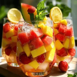 To make refreshing Hwachae, gather these simple ingredients: - 2 cups water - 1 cup honey or agave syrup - 2 cups ripe mixed fruits (such as diced watermelon, strawberries, and peaches) - 1 lemon, thinly sliced - 2 tablespoons freshly squeezed lemon juice - 1 teaspoon fresh ginger, finely grated (optional) - 2 cups sparkling water - Fresh mint leaves for garnish - Ice cubes for serving Measuring your ingredients correctly helps make Hwachae taste great. Here are some tips: - Use a liquid measuring cup for water and syrup. - When measuring honey, spray the cup with a little oil. This helps the honey slide out easily. - For fruit, use a sharp knife for even cuts. This makes them easier to mix. - If you want a more zesty punch, add a bit more lemon juice. You can mix and match fruits to create your favorite Hwachae. Here are some tasty options: - Watermelon: Hydrating and full of vitamins A and C. - Strawberries: Packed with antioxidants and flavor. - Peaches: Sweet and juicy, they add a lovely aroma. - Kiwi: Adds a tart touch and bright color. - Mango: Offers sweetness and a tropical flair. Using a mix of these fruits not only enhances taste but also boosts health benefits. Each fruit contributes vitamins and minerals that can keep you feeling great all summer long. To start, you need to make a syrup. First, boil 2 cups of water in a medium saucepan. When it reaches a rolling boil, remove it from heat. Stir in 1 cup of honey or agave syrup until it dissolves. Let this mixture cool to room temperature. While it cools, prepare your fruits. You can use 2 cups of mixed fruits. I love watermelon, strawberries, and peaches. Cut these into small, bite-sized pieces. Place all the fruit in a large glass pitcher. Next, add a thinly sliced lemon to the pitcher. If you want some zing, grate 1 teaspoon of fresh ginger into the mix. Once the syrup cools, pour it over the fruit. Add 2 tablespoons of freshly squeezed lemon juice and stir gently. This helps blend the flavors well. Cover the pitcher and refrigerate your punch for at least 1 hour. This chilling time is key. It lets the fruits infuse their sweet flavors into the liquid. The longer you let it chill, the better the taste. When it’s time to serve, add 2 cups of sparkling water to the chilled mixture. Stir gently to keep the fizz. Pour the Hwachae into clear glasses filled with ice cubes. This makes the drink look extra refreshing. For a beautiful touch, garnish each glass with fresh mint leaves and a lemon slice. This not only adds visual appeal but also enhances the aroma. Enjoy your delightful homemade Hwachae! To adjust the sweetness of your Hwachae, start with the base recipe. Use one cup of honey or agave syrup. If you want it sweeter, add more syrup gradually. Taste as you go to find your perfect level. Remember, fruits add natural sweetness too. If your fruits are very ripe, you might need less syrup. Balance is key in any drink. You want sweet, sour, and fresh flavors. The lemon juice adds a nice tartness that cuts through the sweetness. If you feel it’s too sweet, squeeze in a bit more lemon juice. Fresh ginger also adds a spicy kick. Use it sparingly, as it can overpower the other flavors. Taste often, and adjust as needed. Presentation makes your Hwachae stand out. Use clear glasses to show off those vibrant fruits. Garnish each glass with a lemon slice and a sprig of mint. This adds color and a fresh scent. You can also float some berries or mint leaves in the drink. This small touch can make your punch look fancy. Enjoy making your Hwachae as beautiful as it is tasty! {{image_4}} You can use many fruits in Hwachae. Seasonal fruits add freshness and flavor. In summer, try watermelon, strawberries, and peaches. These fruits are sweet and juicy. In fall, you might like apples and pears. They give a nice crunch. You can also use citrus fruits like oranges for a zesty kick. Feel free to mix and match your favorites. Honey is a common sweetener in Hwachae. You can also use agave syrup. If you want a lower-calorie option, try stevia or monk fruit. Each sweetener has a different taste. Honey adds a rich flavor, while agave is lighter. Adjust the amount based on your taste. Less sweetener means a more natural fruit flavor shines through. Ginger gives Hwachae a nice kick, but you can get creative. Try adding herbs like basil or mint. They add a unique twist. You can also use spices like cinnamon for warmth. If you want a tropical vibe, add coconut water or pineapple juice. These flavors can change the whole drink. Experiment with what you like best! Check out the Full Recipe for more ideas on making this refreshing drink. To keep your Hwachae fresh, store it in a sealed pitcher. This helps prevent any flavors from mingling with other items in your fridge. Make sure the pitcher is glass, as plastic can absorb odors. Always chill the punch for at least an hour before serving. This allows the flavors to develop fully. When stored properly, Hwachae lasts up to three days in the fridge. After this time, the fruits may start to lose their texture. The drink might also lose its fizz as the sparkling water goes flat. Always check for any off smells or changes in color before consuming. If you have leftovers, freezing Hwachae is not the best choice. The fruit will become mushy when thawed. Instead, I recommend freezing just the syrup. You can pour it into ice cube trays and freeze. When you want Hwachae again, mix these cubes with fresh fruit and sparkling water for a quick treat! Hwachae is a traditional Korean fruit punch. It combines sweet fruits with water and honey. This drink is popular in summer. Families often enjoy it during warm weather. Hwachae represents sharing and joy. It brings people together at gatherings and celebrations. The colorful fruits symbolize happiness and good fortune. This drink is not just refreshing; it carries rich cultural meaning. Yes, you can make Hwachae ahead of time. I often prepare it the night before. This allows the flavors to blend well. Just store it in the fridge. Serve it chilled for the best taste. Remember to add sparkling water just before serving. This keeps the drink fizzy and fresh. Absolutely! You can use non-sparkling water. It will still taste great. The drink will be less fizzy but just as refreshing. If you prefer a bubbly drink, stick with sparkling water. Both options are tasty and enjoyable. Choose what suits your taste best. Homemade Hwachae is fun to make and enjoy. We explored its key ingredients and tips for success. You learned the best fruit combos and how to tweak flavors. We shared steps for cooking and serving this refreshing drink. Lastly, we covered storage tips to keep it fresh. Hwachae can adapt to seasons and tastes, making it a versatile choice. Dive into making your own and enjoy the tasty, vibrant flavors!