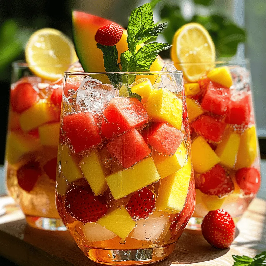 To make refreshing Hwachae, gather these simple ingredients: - 2 cups water - 1 cup honey or agave syrup - 2 cups ripe mixed fruits (such as diced watermelon, strawberries, and peaches) - 1 lemon, thinly sliced - 2 tablespoons freshly squeezed lemon juice - 1 teaspoon fresh ginger, finely grated (optional) - 2 cups sparkling water - Fresh mint leaves for garnish - Ice cubes for serving Measuring your ingredients correctly helps make Hwachae taste great. Here are some tips: - Use a liquid measuring cup for water and syrup. - When measuring honey, spray the cup with a little oil. This helps the honey slide out easily. - For fruit, use a sharp knife for even cuts. This makes them easier to mix. - If you want a more zesty punch, add a bit more lemon juice. You can mix and match fruits to create your favorite Hwachae. Here are some tasty options: - Watermelon: Hydrating and full of vitamins A and C. - Strawberries: Packed with antioxidants and flavor. - Peaches: Sweet and juicy, they add a lovely aroma. - Kiwi: Adds a tart touch and bright color. - Mango: Offers sweetness and a tropical flair. Using a mix of these fruits not only enhances taste but also boosts health benefits. Each fruit contributes vitamins and minerals that can keep you feeling great all summer long. To start, you need to make a syrup. First, boil 2 cups of water in a medium saucepan. When it reaches a rolling boil, remove it from heat. Stir in 1 cup of honey or agave syrup until it dissolves. Let this mixture cool to room temperature. While it cools, prepare your fruits. You can use 2 cups of mixed fruits. I love watermelon, strawberries, and peaches. Cut these into small, bite-sized pieces. Place all the fruit in a large glass pitcher. Next, add a thinly sliced lemon to the pitcher. If you want some zing, grate 1 teaspoon of fresh ginger into the mix. Once the syrup cools, pour it over the fruit. Add 2 tablespoons of freshly squeezed lemon juice and stir gently. This helps blend the flavors well. Cover the pitcher and refrigerate your punch for at least 1 hour. This chilling time is key. It lets the fruits infuse their sweet flavors into the liquid. The longer you let it chill, the better the taste. When it’s time to serve, add 2 cups of sparkling water to the chilled mixture. Stir gently to keep the fizz. Pour the Hwachae into clear glasses filled with ice cubes. This makes the drink look extra refreshing. For a beautiful touch, garnish each glass with fresh mint leaves and a lemon slice. This not only adds visual appeal but also enhances the aroma. Enjoy your delightful homemade Hwachae! To adjust the sweetness of your Hwachae, start with the base recipe. Use one cup of honey or agave syrup. If you want it sweeter, add more syrup gradually. Taste as you go to find your perfect level. Remember, fruits add natural sweetness too. If your fruits are very ripe, you might need less syrup. Balance is key in any drink. You want sweet, sour, and fresh flavors. The lemon juice adds a nice tartness that cuts through the sweetness. If you feel it’s too sweet, squeeze in a bit more lemon juice. Fresh ginger also adds a spicy kick. Use it sparingly, as it can overpower the other flavors. Taste often, and adjust as needed. Presentation makes your Hwachae stand out. Use clear glasses to show off those vibrant fruits. Garnish each glass with a lemon slice and a sprig of mint. This adds color and a fresh scent. You can also float some berries or mint leaves in the drink. This small touch can make your punch look fancy. Enjoy making your Hwachae as beautiful as it is tasty! {{image_4}} You can use many fruits in Hwachae. Seasonal fruits add freshness and flavor. In summer, try watermelon, strawberries, and peaches. These fruits are sweet and juicy. In fall, you might like apples and pears. They give a nice crunch. You can also use citrus fruits like oranges for a zesty kick. Feel free to mix and match your favorites. Honey is a common sweetener in Hwachae. You can also use agave syrup. If you want a lower-calorie option, try stevia or monk fruit. Each sweetener has a different taste. Honey adds a rich flavor, while agave is lighter. Adjust the amount based on your taste. Less sweetener means a more natural fruit flavor shines through. Ginger gives Hwachae a nice kick, but you can get creative. Try adding herbs like basil or mint. They add a unique twist. You can also use spices like cinnamon for warmth. If you want a tropical vibe, add coconut water or pineapple juice. These flavors can change the whole drink. Experiment with what you like best! Check out the Full Recipe for more ideas on making this refreshing drink. To keep your Hwachae fresh, store it in a sealed pitcher. This helps prevent any flavors from mingling with other items in your fridge. Make sure the pitcher is glass, as plastic can absorb odors. Always chill the punch for at least an hour before serving. This allows the flavors to develop fully. When stored properly, Hwachae lasts up to three days in the fridge. After this time, the fruits may start to lose their texture. The drink might also lose its fizz as the sparkling water goes flat. Always check for any off smells or changes in color before consuming. If you have leftovers, freezing Hwachae is not the best choice. The fruit will become mushy when thawed. Instead, I recommend freezing just the syrup. You can pour it into ice cube trays and freeze. When you want Hwachae again, mix these cubes with fresh fruit and sparkling water for a quick treat! Hwachae is a traditional Korean fruit punch. It combines sweet fruits with water and honey. This drink is popular in summer. Families often enjoy it during warm weather. Hwachae represents sharing and joy. It brings people together at gatherings and celebrations. The colorful fruits symbolize happiness and good fortune. This drink is not just refreshing; it carries rich cultural meaning. Yes, you can make Hwachae ahead of time. I often prepare it the night before. This allows the flavors to blend well. Just store it in the fridge. Serve it chilled for the best taste. Remember to add sparkling water just before serving. This keeps the drink fizzy and fresh. Absolutely! You can use non-sparkling water. It will still taste great. The drink will be less fizzy but just as refreshing. If you prefer a bubbly drink, stick with sparkling water. Both options are tasty and enjoyable. Choose what suits your taste best. Homemade Hwachae is fun to make and enjoy. We explored its key ingredients and tips for success. You learned the best fruit combos and how to tweak flavors. We shared steps for cooking and serving this refreshing drink. Lastly, we covered storage tips to keep it fresh. Hwachae can adapt to seasons and tastes, making it a versatile choice. Dive into making your own and enjoy the tasty, vibrant flavors!