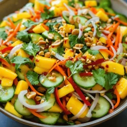 For a vibrant Thai mango salad, you'll need these key ingredients: - 2 ripe mangoes, julienned - 1 medium cucumber, julienned - 1 red bell pepper, thinly sliced - 1/2 red onion, thinly sliced - 1 carrot, shredded - 1/4 cup fresh cilantro, chopped - 1/4 cup roasted peanuts, roughly chopped - 2 tablespoons fish sauce (or soy sauce for a vegetarian-friendly alternative) - 1 tablespoon fresh lime juice - 1 tablespoon honey or agave syrup - 1 red chili, minced (adjust according to your spice preference) - Salt and pepper, to taste These ingredients create a balance of sweet, sour, and crunchy flavors. The ripe mangoes give a sweet base. Fresh vegetables add crunch and color. To take your salad to the next level, consider these optional add-ins: - Fresh herbs like mint or basil for extra aroma - Protein options such as grilled shrimp or tofu for heartiness Adding protein can make this salad a full meal. The herbs will bring a fresh twist. Mangoes are not just tasty; they offer health benefits too. They are rich in vitamins A and C, which support skin and immune health. The fiber in mangoes aids digestion. Fresh vegetables and nuts are also important. They provide essential nutrients and healthy fats. The peanuts add protein and crunch, making the salad satisfying. For the full recipe, check out the detailed instructions! Start by washing all your produce well. Clean mangoes, cucumber, bell pepper, onion, and carrot. Peel the mangoes using a sharp knife. Cut them into thin julienne strips. Make sure the mangoes are ripe for the best taste. Do the same with the cucumber. For the bell pepper and onion, slice them thin. Shred the carrot to add texture. This step ensures every bite is fresh and crisp. In a large mixing bowl, combine the julienned mangoes, cucumber, red bell pepper, red onion, and shredded carrot. Use your hands or utensils to gently toss the ingredients. This helps the colors mix beautifully. Be careful not to mash the veggies. A gentle toss keeps everything fresh and crunchy. In a separate small bowl, whisk together the fish sauce (or soy sauce), fresh lime juice, honey (or agave syrup), and minced red chili. Whisk until the mixture is smooth. Taste the dressing and adjust it. If you want more sweetness, add honey. For more heat, add extra chili. This way, you make the dressing just right for your taste. Drizzle the dressing over the salad mixture. Toss everything gently to coat the ingredients well. Fold in chopped cilantro and roasted peanuts. This adds a nice crunch. Season with salt and pepper to taste. Allow the salad to sit for about ten minutes. This waiting time lets the flavors blend. You can find the full recipe if you want a more detailed guide. To choose ripe mangoes, look for these signs: - Skin should be mostly yellow or red. - Gently squeeze; it should have a little give. - Smell near the stem; a sweet aroma means it’s ready. I recommend using varieties like Haden or Alphonso. They are sweet and juicy, perfect for our salad. Adjusting sweetness and spice is key. If your salad is too sweet, add more lime juice. If it’s too spicy, add more mango or cucumber. Always taste as you go! Salt and pepper are vital for flavor. They help bring out the natural sweetness of the mangoes and the crunch of the veggies. For a stunning presentation, serve your salad in a big, colorful bowl. Top it with extra cilantro and peanuts for a nice touch. For a fun twist, use lettuce cups. Place a scoop of salad in each cup. This makes for a playful and hand-held treat! {{image_4}} For a vegetarian or vegan Thai mango salad, simply replace fish sauce with soy sauce. This swap keeps the umami flavor while making it plant-based. You can also choose alternative sweeteners. Honey works great, but agave syrup is a fine vegan choice. If you love heat, increase the number of chilies in the salad. Start with one and add more if you want a fiery kick. You can also include other spicy ingredients. Consider adding jalapeños or a dash of chili flakes for extra zest. Using seasonal fruits or vegetables can make this salad even better. In summer, add fresh berries or peaches. In the fall, try apples or pears. You can also adjust for different cultural flavors. Adding ingredients like sesame oil or rice vinegar can give it a unique twist. To keep your Thai mango salad fresh, store it in an airtight container. This helps seal in flavors and prevent browning. I recommend eating leftovers within two days for the best taste. If you notice any wilting of the veggies, it’s time to toss it. If you want to meal prep, chop all your veggies ahead of time. Store them separately, and mix them right before serving. This keeps the salad crunchy and fresh. I suggest making the dressing ahead too. Just wait to add it until you’re ready to eat. This way, your salad will taste bright and zesty. Freezing is not ideal for this salad. Mangoes and cucumbers lose their crunch when frozen. However, you can freeze the dressing. Just make sure to thaw it in the fridge before use. Avoid freezing any fresh veggies or herbs, as they won’t taste the same once thawed. To check if mangoes are ripe, look for these signs: - Skin color: A ripe mango often shows yellow or red hues. - Feel: Gently squeeze the mango. It should yield slightly under pressure. - Aroma: Ripe mangoes have a sweet, fruity smell near the stem. When buying mangoes, choose ones that feel heavy for their size. This means they are juicy. Avoid mangoes with dark spots or wrinkles, as they may be overripe. You can prepare the salad a few hours in advance. Here are some tips: - Chop the veggies and mango ahead of time. Store them in an airtight container. - Mix the dressing separately and keep it in the fridge. When you are ready to serve, combine everything. This keeps the salad fresh and crunchy. If you store the salad too long, the flavors can blend too much. The salad may lose its crispness. If you want a vegetarian option, try these substitutes: - Soy sauce works well and adds umami. - Tamari is a gluten-free alternative. These sauces provide a similar salty flavor. Adjust the amount to match your taste. Thai mango salad brings fresh flavors and vibrant colors to your table. We explored key ingredients, from ripe mangoes to fresh herbs, and optional add-ins for added taste. I shared easy steps for preparation and mixing, plus tips for selecting the best mangoes. You can create variations to suit your diet, whether vegetarian or spicy. Learning how to store leftovers helps keep the salad fresh. Enjoy making this salad and impressing others with your skills!