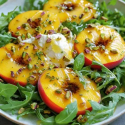To create a Peach Burrata Salad with Champagne Vinaigrette, gather the following fresh and tasty ingredients: - 2 ripe peaches - 1 ball fresh burrata cheese - 4 cups arugula or mixed leafy greens - 1/4 cup toasted pistachios - 1/4 cup fresh basil leaves - 2 tablespoons honey - 2 tablespoons apple cider vinegar - 1 tablespoon Dijon mustard - 1/2 cup extra-virgin olive oil - Salt and freshly cracked black pepper By using these ingredients, you get the perfect balance of sweet and savory. The peaches add a juicy burst, while the burrata brings creaminess. The greens provide freshness, and the pistachios add a nice crunch. The Champagne vinaigrette ties everything together, making your salad both vibrant and delicious. You can find the complete instructions in the Full Recipe. Enjoy each bite! To whip up the Champagne vinaigrette, start with a small bowl. Add the honey, apple cider vinegar, and Dijon mustard. Use a whisk to mix until smooth. This helps blend the flavors well. Next, slowly pour in the olive oil. Keep whisking as you pour. This step is key for a proper emulsion. When done, set the vinaigrette aside. Letting it rest will enhance the taste. Grab a large salad bowl. Layer the arugula or your favorite greens at the bottom. This creates a fresh base for your salad. Now, arrange the sliced peaches on top of the greens. Next, add the torn burrata cheese. Aim for an attractive layout. The colors and textures should invite you to dig in. Sprinkle the coarsely chopped pistachios over the salad. They add a nice crunch. Then, add the torn basil leaves for a burst of aroma. Drizzle the Champagne vinaigrette generously over the salad. Make sure all the ingredients get coated. Season with salt and freshly cracked black pepper. Gently toss the salad. Be careful not to break up the creamy burrata too much. For a stunning presentation, serve in a large bowl. You can also plate it individually. A final drizzle of honey or olive oil looks nice. Enjoy making this Peach Burrata Salad with Champagne Vinaigrette! For the full recipe, check out the [Full Recipe]. To find the best peaches, look for ones that feel firm but yield slightly when you press them. The color should be vibrant, with a golden hue. A sweet, fragrant aroma is also a good sign. Avoid peaches with blemishes or soft spots. They may not taste good. Look for organic options to get the best flavor and support sustainable farming. Burrata cheese is a delicate treat. To keep it fresh, store it in its original packaging until you're ready to use it. If you open it, place it in a bowl with some of its whey or cream. Cover it tightly with plastic wrap. Keep it in the fridge and use it within a few days for the best taste. Never freeze burrata, as it will change its texture. When it comes to seasoning your salad, start with a light touch. Add salt and pepper to taste. If you want more zing, consider a squeeze of fresh lemon juice. You can also try a bit of balsamic vinegar for extra depth. Taste as you go to find the perfect balance. This way, you can make the salad truly yours. For more tips, check out the Full Recipe. {{image_4}} You can switch out peaches for other fruits. Try ripe nectarines or juicy plums. You can also use greens like spinach or kale if you prefer. Both options add a nice twist to the salad. For a nut crunch, swap pistachios for walnuts or almonds. Both work well with the creamy burrata. To make the salad heartier, add grilled chicken or shrimp. They both pair nicely with the sweet peaches and creamy burrata. Simply grill the proteins with a little salt and pepper. Slice them thin and place them on top of the salad. This gives you a filling meal that still feels light. You can easily make this salad vegan. Replace the burrata with a vegan cheese alternative. Also, use maple syrup instead of honey for sweetness. For a gluten-free option, ensure your Dijon mustard is gluten-free. This way, everyone can enjoy the salad without worry. To store leftover salad, first place it in an airtight container. This keeps the flavors fresh. Try to separate the dressing from the salad. If you mix it all together, the greens may wilt. Store the salad in the fridge for the best taste. Enjoy it within two days for the best quality. Peaches stay fresh for about three to five days when kept in the fridge. Burrata cheese lasts about two days once opened. Arugula and leafy greens can last up to a week, but they taste best within three days. Toasted pistachios keep for about a month if stored in a cool, dry place. Reheating salad is not recommended, especially for greens. Instead, enjoy it cold. If you must reheat, do so gently in a pan on low heat. Avoid the microwave; it can make the greens soggy. Keep the burrata out until you serve to maintain its creamy texture. Yes, you can prepare the vinaigrette ahead of time. This saves you time when making the salad. To store it, use a clean jar with a lid. Just mix the honey, apple cider vinegar, and Dijon mustard together. Then, whisk in the olive oil. Seal the jar and keep it in the fridge. The flavors will blend well over time. When you’re ready to use it, shake it well. This keeps it fresh and tasty. Absolutely! This salad is mostly vegetarian already. To make it even more veggie-packed, add sliced cucumbers or cherry tomatoes. You can also toss in roasted bell peppers for a sweet touch. If you want, try adding more greens, like spinach or kale. These options will give you extra color and crunch. This salad pairs well with many dishes. Try serving it with grilled chicken or shrimp for protein. A nice, crusty bread is also a great choice. If you want something lighter, serve it with a bowl of soup. A chilled cucumber soup or a hearty tomato bisque works nicely. These options create a balanced and delicious meal. For a drink, a light white wine or sparkling water complements the flavors beautifully. This blog post covered how to create a delicious Peach Burrata Salad. You learned about the fresh ingredients and simple steps needed to prepare it. We also discussed tips for selecting ripe peaches and keeping burrata fresh. Additionally, you discovered fun variations and storage tips for leftovers. Enjoy making this salad for friends and family. It’s a lovely dish for summer gatherings. Remember, you can tweak it to suit your taste. Make it your own, and have fun in the kitchen!