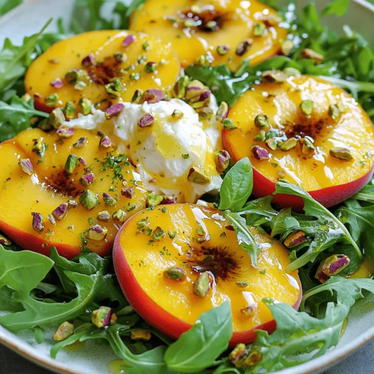 To create a Peach Burrata Salad with Champagne Vinaigrette, gather the following fresh and tasty ingredients: - 2 ripe peaches - 1 ball fresh burrata cheese - 4 cups arugula or mixed leafy greens - 1/4 cup toasted pistachios - 1/4 cup fresh basil leaves - 2 tablespoons honey - 2 tablespoons apple cider vinegar - 1 tablespoon Dijon mustard - 1/2 cup extra-virgin olive oil - Salt and freshly cracked black pepper By using these ingredients, you get the perfect balance of sweet and savory. The peaches add a juicy burst, while the burrata brings creaminess. The greens provide freshness, and the pistachios add a nice crunch. The Champagne vinaigrette ties everything together, making your salad both vibrant and delicious. You can find the complete instructions in the Full Recipe. Enjoy each bite! To whip up the Champagne vinaigrette, start with a small bowl. Add the honey, apple cider vinegar, and Dijon mustard. Use a whisk to mix until smooth. This helps blend the flavors well. Next, slowly pour in the olive oil. Keep whisking as you pour. This step is key for a proper emulsion. When done, set the vinaigrette aside. Letting it rest will enhance the taste. Grab a large salad bowl. Layer the arugula or your favorite greens at the bottom. This creates a fresh base for your salad. Now, arrange the sliced peaches on top of the greens. Next, add the torn burrata cheese. Aim for an attractive layout. The colors and textures should invite you to dig in. Sprinkle the coarsely chopped pistachios over the salad. They add a nice crunch. Then, add the torn basil leaves for a burst of aroma. Drizzle the Champagne vinaigrette generously over the salad. Make sure all the ingredients get coated. Season with salt and freshly cracked black pepper. Gently toss the salad. Be careful not to break up the creamy burrata too much. For a stunning presentation, serve in a large bowl. You can also plate it individually. A final drizzle of honey or olive oil looks nice. Enjoy making this Peach Burrata Salad with Champagne Vinaigrette! For the full recipe, check out the [Full Recipe]. To find the best peaches, look for ones that feel firm but yield slightly when you press them. The color should be vibrant, with a golden hue. A sweet, fragrant aroma is also a good sign. Avoid peaches with blemishes or soft spots. They may not taste good. Look for organic options to get the best flavor and support sustainable farming. Burrata cheese is a delicate treat. To keep it fresh, store it in its original packaging until you're ready to use it. If you open it, place it in a bowl with some of its whey or cream. Cover it tightly with plastic wrap. Keep it in the fridge and use it within a few days for the best taste. Never freeze burrata, as it will change its texture. When it comes to seasoning your salad, start with a light touch. Add salt and pepper to taste. If you want more zing, consider a squeeze of fresh lemon juice. You can also try a bit of balsamic vinegar for extra depth. Taste as you go to find the perfect balance. This way, you can make the salad truly yours. For more tips, check out the Full Recipe. {{image_4}} You can switch out peaches for other fruits. Try ripe nectarines or juicy plums. You can also use greens like spinach or kale if you prefer. Both options add a nice twist to the salad. For a nut crunch, swap pistachios for walnuts or almonds. Both work well with the creamy burrata. To make the salad heartier, add grilled chicken or shrimp. They both pair nicely with the sweet peaches and creamy burrata. Simply grill the proteins with a little salt and pepper. Slice them thin and place them on top of the salad. This gives you a filling meal that still feels light. You can easily make this salad vegan. Replace the burrata with a vegan cheese alternative. Also, use maple syrup instead of honey for sweetness. For a gluten-free option, ensure your Dijon mustard is gluten-free. This way, everyone can enjoy the salad without worry. To store leftover salad, first place it in an airtight container. This keeps the flavors fresh. Try to separate the dressing from the salad. If you mix it all together, the greens may wilt. Store the salad in the fridge for the best taste. Enjoy it within two days for the best quality. Peaches stay fresh for about three to five days when kept in the fridge. Burrata cheese lasts about two days once opened. Arugula and leafy greens can last up to a week, but they taste best within three days. Toasted pistachios keep for about a month if stored in a cool, dry place. Reheating salad is not recommended, especially for greens. Instead, enjoy it cold. If you must reheat, do so gently in a pan on low heat. Avoid the microwave; it can make the greens soggy. Keep the burrata out until you serve to maintain its creamy texture. Yes, you can prepare the vinaigrette ahead of time. This saves you time when making the salad. To store it, use a clean jar with a lid. Just mix the honey, apple cider vinegar, and Dijon mustard together. Then, whisk in the olive oil. Seal the jar and keep it in the fridge. The flavors will blend well over time. When you’re ready to use it, shake it well. This keeps it fresh and tasty. Absolutely! This salad is mostly vegetarian already. To make it even more veggie-packed, add sliced cucumbers or cherry tomatoes. You can also toss in roasted bell peppers for a sweet touch. If you want, try adding more greens, like spinach or kale. These options will give you extra color and crunch. This salad pairs well with many dishes. Try serving it with grilled chicken or shrimp for protein. A nice, crusty bread is also a great choice. If you want something lighter, serve it with a bowl of soup. A chilled cucumber soup or a hearty tomato bisque works nicely. These options create a balanced and delicious meal. For a drink, a light white wine or sparkling water complements the flavors beautifully. This blog post covered how to create a delicious Peach Burrata Salad. You learned about the fresh ingredients and simple steps needed to prepare it. We also discussed tips for selecting ripe peaches and keeping burrata fresh. Additionally, you discovered fun variations and storage tips for leftovers. Enjoy making this salad for friends and family. It’s a lovely dish for summer gatherings. Remember, you can tweak it to suit your taste. Make it your own, and have fun in the kitchen!