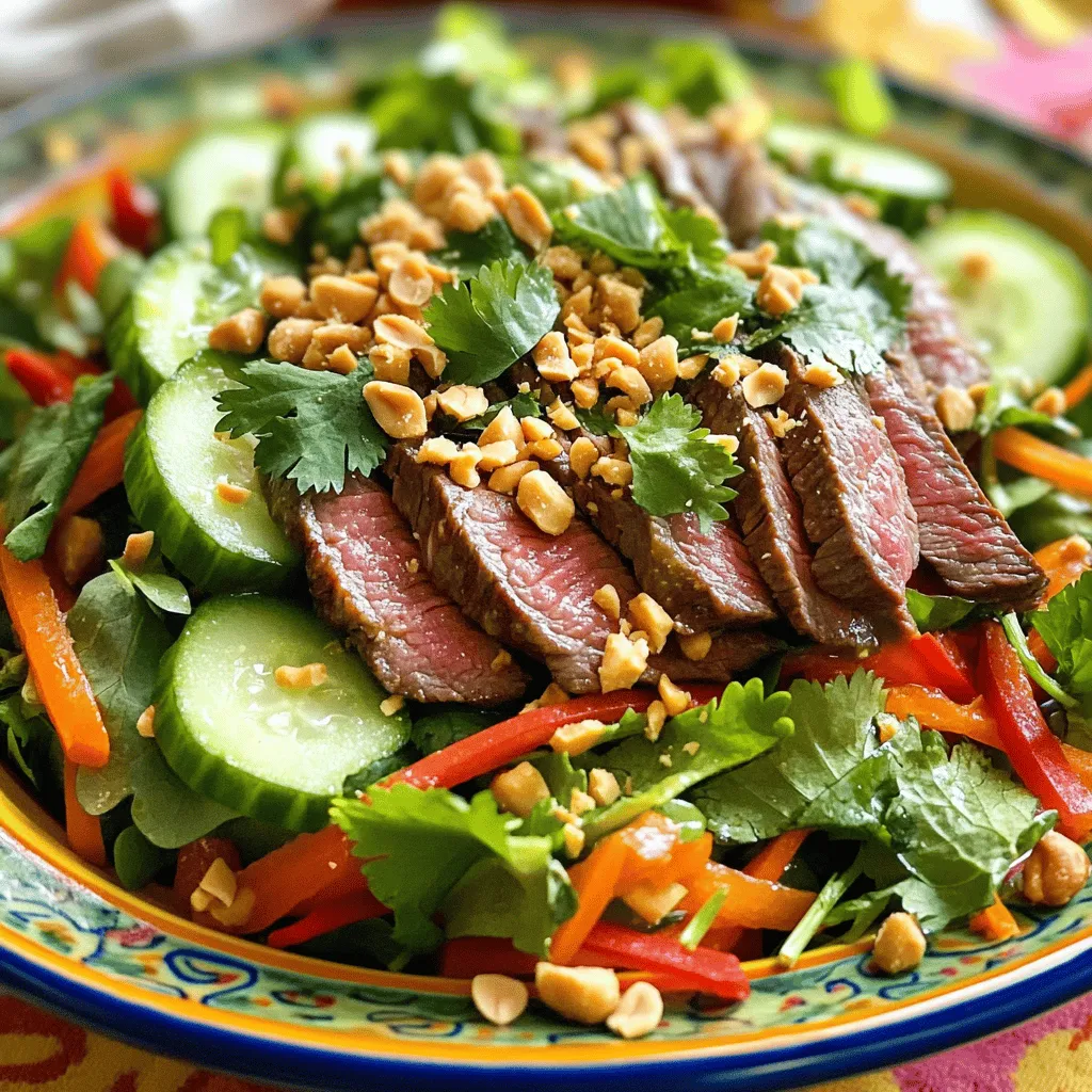 For a vibrant Thai beef salad, fresh ingredients are key. Here’s what you need: - 1 pound beef sirloin, thinly sliced across the grain - 2 cups mixed salad greens (arugula, spinach, and crisp lettuce) - 1 cucumber, sliced into thin rounds - 1 red bell pepper, cut into thin strips - 1 medium carrot, julienned into matchsticks - 1/4 cup fresh cilantro leaves, roughly chopped - 1/4 cup fresh mint leaves, roughly chopped These fresh components give your salad bright colors and crisp textures. The greens add a nice base, while the veggies bring crunch and sweetness. The spices and condiments bring the bold flavors that Thai food is famous for. You will need: - 2 tablespoons fish sauce - 1 tablespoon freshly squeezed lime juice - 1 tablespoon palm sugar (or brown sugar) - 1 clove garlic, finely minced - 1 teaspoon chili flakes (adjust according to your spice preference) These ingredients create the perfect balance of salty, sour, sweet, and spicy. They also help tenderize the beef while adding depth to your salad. Garnishes can elevate the dish and add extra flavor. Consider these options: - 1 tablespoon roasted peanuts, coarsely crushed (for garnish) Adding crushed peanuts gives a delightful crunch and a nutty taste. You can also sprinkle extra herbs on top for fresh aroma and look. This recipe is about creating a fresh and flavorful experience. For the full recipe, check the details above to make this dish shine! To start, gather your ingredients. In a medium bowl, whisk together: - 2 tablespoons fish sauce - 1 tablespoon lime juice - 1 tablespoon palm sugar - 1 clove garlic, minced - 1 teaspoon chili flakes Mix until the sugar dissolves. This marinade gives the beef a zesty flavor that sings with every bite. Next, add 1 pound of thinly sliced beef sirloin to the marinade. Use your hands or a fork to coat each piece well. Let it sit for at least 15 minutes at room temperature. For a stronger flavor, you can refrigerate it for up to an hour. This step makes the beef tender and tasty. While the beef marinates, prepare the salad. In a large bowl, combine: - 2 cups mixed salad greens - 1 cucumber, sliced - 1 red bell pepper, sliced - 1 medium carrot, julienned Gently toss the vegetables to mix. Set this aside. After marinating, grill or sauté the beef for 2-3 minutes per side, just until cooked. Slice the beef thinly and add it to the salad. Top with fresh cilantro, mint, and crushed peanuts. Serve this fresh and vibrant dish right away! For the complete recipe, check out the [Full Recipe]. To make your Thai beef salad truly shine, use fresh ingredients. The fish sauce adds umami. Lime juice gives it a zesty kick. Always taste as you go. Adjust spice and sweetness to your liking. Fresh herbs like cilantro and mint are key. They elevate the dish's flavor. Choose good-quality beef, like sirloin. This cut is tender and flavorful. Grilling is the best way to cook the beef. It gives a nice char and flavor. If you don’t have a grill, a skillet works too. Just heat it well before adding the beef. Cook it quickly, about 2-3 minutes per side. This keeps the beef juicy and tender. Remember, let it rest after cooking. This helps keep the juices inside. Serve your salad right after mixing. This keeps the greens crisp and fresh. You can add more texture with crushed peanuts. They add a nice crunch. Pair the salad with jasmine rice for a full meal. It’s also great with a cold drink. Try iced tea or coconut water. Enjoy the vibrant colors and flavors! Check out the Full Recipe for a detailed guide. {{image_4}} You can swap the beef for chicken, shrimp, or tofu. - Chicken: Use thinly sliced chicken breast for a lighter taste. - Shrimp: Grill or sauté shrimp for a quick, tasty option. - Tofu: Firm tofu works well for a vegetarian choice. These swaps keep the salad fresh while adding different flavors. For a vegetarian or vegan Thai beef salad, use plant-based proteins. - Use marinated tempeh or seitan to mimic the beef's texture. - Swap fish sauce with soy sauce or a vegan fish sauce. Include extra veggies like bell peppers, carrots, and avocado for more flavor. Mix in unique ingredients for a twist on the classic recipe. - Add mango or pineapple for sweetness. - Toss in sliced jalapeños for extra heat. - Use cashews instead of peanuts for a rich crunch. These creative additions can really elevate your salad experience. Check out the Full Recipe for more ideas! After enjoying your Thai Beef Salad, you might have some leftovers. Store them in an airtight container. Keep the salad and beef separate to maintain freshness. The beef can last in the fridge for about three days. The salad greens will wilt faster, so eat them within one day. When you are ready to enjoy the leftover beef, reheat it carefully. Use a skillet over low heat. Add a splash of water to keep it moist as it warms. Avoid using the microwave, as it can make the beef tough. Heat until just warm, then serve it again over fresh greens. You can freeze the marinated beef, but not the salad. Place the beef in a freezer-safe bag. Remove as much air as possible before sealing. It can stay frozen for up to three months. When ready to use, thaw it overnight in the fridge before cooking. Enjoy a fresh meal with the Zesty Thai Beef Salad Full Recipe! To make beef tender, choose the right cut. Sirloin works well for this dish. Slice the beef thinly against the grain. This helps break down muscle fibers. Marinating the beef also helps. Use a mix of fish sauce, lime juice, and sugar. Let it sit for at least 15 minutes. For more flavor, refrigerate for up to an hour. Cooking the beef quickly over high heat will keep it juicy. Avoid overcooking to maintain tenderness. Yes, you can use other vegetables in your salad. Feel free to get creative! Bell peppers, carrots, or cucumbers add crunch. You can also add radishes or snap peas for freshness. Leafy greens like spinach or arugula are great choices too. Mix and match based on your taste or what you have at home. The key is to keep the colors bright and textures varied. This makes the salad more fun and interesting. The dressing for Thai Beef Salad is key to its flavor. The mix of fish sauce, lime juice, and palm sugar creates a perfect balance. You can also add a bit of chili for heat. If you want something different, try a peanut dressing. A simple mix of peanut butter, lime, and soy sauce can work well. Always remember to adjust the flavors to your liking. The right dressing enhances the fresh taste of the salad. You can find the complete recipe in the Full Recipe. This blog post covered how to make a delicious Thai Beef Salad. We talked about fresh ingredients, spices, and optional garnishes. You learned step-by-step instructions for marinating the beef and assembling the salad. Helpful tips ensured you get the best flavor. We explored fun variations like vegetarian options. Lastly, you now have smart storage tips for leftovers. Enjoy creating your Thai Beef Salad, and don't hesitate to experiment!