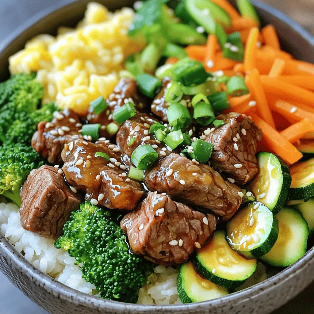 For a delicious hibachi steak bowl, you will need: - 1 pound sirloin steak, cut into bite-sized pieces - 2 cups cooked jasmine rice - 1 tablespoon vegetable oil - 2 cloves garlic, minced - 1 teaspoon fresh ginger, grated - 1 cup broccoli florets - 1 medium carrot, julienned - 1 medium zucchini, sliced into half-moons - 2 tablespoons soy sauce - 1 tablespoon teriyaki sauce - 1 teaspoon sesame oil - 2 green onions, thinly sliced (for garnish) - Sesame seeds (for garnish) You can customize your hibachi steak bowl with these tasty add-ins: - Bell peppers, sliced - Mushrooms, chopped - Snap peas or sugar snap peas - Edamame, shelled - Baby corn or water chestnuts These ingredients add color and flavor to your dish. Feel free to mix and match! To enhance the flavor of your hibachi steak bowl, consider these sauces and seasonings: - Extra soy sauce for a salty kick - Spicy mayo for a creamy, zesty twist - Sriracha or chili oil for heat - Garlic powder or onion powder for depth Using these sauces and seasonings can make your bowl even more delicious. You can adjust them to your taste. Enjoy experimenting! For the full recipe, check out the complete guide. First, grab a mixing bowl. Take your bite-sized pieces of sirloin steak and add them to the bowl. Pour in the soy sauce, teriyaki sauce, and sesame oil. Mix everything well. This step helps the steak soak up all those great flavors. Let it marinate for at least 15 minutes. This adds taste while you prepare your veggies. Next, heat a large skillet or hibachi grill over medium-high heat. Add the vegetable oil and let it warm up. Once it’s hot, toss in the minced garlic and grated ginger. Sauté them for about 30 seconds until they smell amazing. Then, add the broccoli, julienned carrot, and sliced zucchini to the skillet. Stir-fry them for about 4-5 minutes. You want them bright and a bit tender. After they are cooked, remove them from the skillet and set them aside. Using the same skillet, add the marinated steak pieces. Spread them out evenly. Stir-fry for about 4-6 minutes. Keep an eye on them. You want them browned and cooked just right—juicy but firm. This step builds a savory base for your dish. Now, it’s time to bring everything together. Return the cooked vegetables to the skillet with the steak. Gently toss everything using a spatula. Cook for an additional 2 minutes. This allows all the flavors to blend and heat through. To serve, take a bowl and add a scoop of fluffy jasmine rice. On top of the rice, add a hearty portion of your hibachi steak and vegetable mixture. Make it colorful! For the final touch, sprinkle thinly sliced green onions and sesame seeds on top. This adds flavor and a nice crunch. Enjoy your beautiful bowl of hibachi steak! For the full recipe, please refer to the detailed instructions provided earlier. To get your steak just right, choose sirloin or ribeye. These cuts have good flavor and tenderness. Start by marinating the steak for at least 15 minutes. This adds flavor and keeps it juicy. When cooking, spread the pieces out evenly in the skillet. This helps them brown nicely. For medium doneness, cook for about 4-6 minutes. If you like it less cooked, aim for 3-4 minutes. Use a meat thermometer for best results. Aim for 130°F for medium-rare and 145°F for medium. For the best veggies, cut them into even pieces. This helps them cook evenly. Start with garlic and ginger in hot oil for a tasty base. Sauté them for about 30 seconds until fragrant. Then, add broccoli, carrots, and zucchini. Stir-fry for 4-5 minutes. You want them tender but still crisp. This keeps their bright colors and nutrients. Remove them from the skillet once cooked to avoid overcooking. The sauce is key to great flavor. For a simple hibachi sauce, mix soy sauce, teriyaki sauce, and sesame oil. This blend gives a savory and sweet taste. Drizzle the sauce over the cooked steak and veggies before serving. This adds a nice shine and extra flavor. If you want a kick, add a bit of chili paste or hot sauce. Adjust to your taste for the best experience. For the full recipe, check out the detailed instructions above. {{image_4}} You can make a tasty vegetarian version. Instead of steak, use hearty tofu. Press the tofu to remove excess water. Cut it into cubes and marinate it like the steak. Use soy sauce, teriyaki sauce, and sesame oil for flavor. Stir-fry the tofu until golden brown. Add the same colorful veggies: broccoli, carrots, and zucchini. Serve over jasmine rice for a filling meal. You’ll enjoy the mix of textures and flavors! Seafood adds a fresh twist to hibachi bowls. Try shrimp or scallops. Toss them in the same marinade as the steak. Stir-fry the seafood in the skillet until cooked through. It usually takes just a few minutes. Pair it with the same veggies for a vibrant dish. You can also add a squeeze of lemon for a bright finish. The seafood gives a light and zesty flavor to the bowl. For a carb-free option, skip the rice. Use cauliflower rice instead. Grate cauliflower until it resembles rice. Sauté it in the skillet for a few minutes until tender. This makes a great base for your hibachi mix. You can also add extra veggies or leafy greens. Zucchini noodles are another fun choice. They give a nice crunch and absorb the flavors well. Enjoy a delicious, low-carb meal that feels just as hearty! You can find the full recipe [here](#). To store your hibachi steak bowl leftovers, let them cool first. Place them in an airtight container. It’s best to separate the rice from the steak and veggies. This helps keep everything fresh. Leftovers will stay good in the fridge for about three days. When reheating, use the microwave for quick results. Heat your rice and steak separately for even warming. If you want a crispy texture, try using a skillet. Just add a splash of water to steam the veggies while warming the steak. Aim for a medium heat and stir often. If you want to freeze your hibachi steak bowls, start by cooling them completely. Place the rice, steak, and veggies in freezer-safe bags. Remove as much air as possible. You can freeze them for up to two months. To enjoy them later, thaw overnight in the fridge. Reheat as mentioned before for the best taste. For detailed cooking instructions, check the Full Recipe. The best cut for hibachi bowls is sirloin steak. Sirloin is tender and has great flavor. It cooks fast and stays juicy. You can also use ribeye or flank steak. Both cuts work well in this dish. To marinate steak, mix soy sauce, teriyaki sauce, and sesame oil. Pour this mix over the cut steak. Make sure each piece is coated well. Let it marinate for at least 15 minutes. This time helps the flavors soak in. If you have more time, marinate it for a few hours. Yes, hibachi steak bowls can be healthy. They include lean protein from the steak and plenty of veggies. The rice adds carbs for energy. You can control the sauces you use, too. This helps keep added sugars and fats low. Yes, you can use brown rice instead of jasmine rice. Brown rice is a whole grain and has more fiber. This switch makes the dish even healthier. Just make sure to cook the brown rice before adding it to the bowl. You can add many kinds of vegetables to your hibachi bowl. Broccoli, carrots, and zucchini are great choices. Other options include bell peppers, snap peas, and mushrooms. Feel free to mix and match based on your taste. This adds color and nutrients to your meal. For the full recipe, check out the instructions earlier in the article. In this guide, we covered hibachi steak bowls, from ingredients to cooking tips. You learned about key ingredients, optional add-ins, and great sauces to enhance flavor. The step-by-step instructions helped simplify the cooking process. Plus, the variations offer something for everyone, including vegetarian and seafood options. Remember, storing leftovers and reheating properly keeps your meals fresh. With the tips and FAQs provided, you are now ready to create delicious hibachi steak bowls at home. Happy cooking!