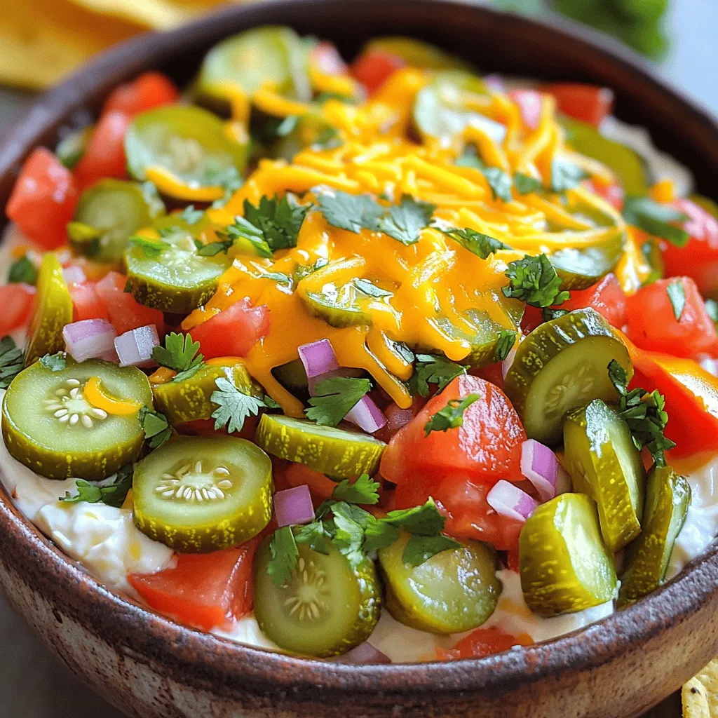 To make the best Pickle de Gallo Pico Dip, you need some fresh ingredients. Here’s what you'll need: - 1 cup diced pickles (dill or sweet) - 1 medium ripe tomato, diced - 1/2 medium red onion, finely chopped - 1-2 jalapeños, minced - 1/4 cup fresh cilantro, chopped - Juice of 1 lime - 1/2 teaspoon garlic powder - Salt and pepper to taste - 1 cup cream cheese, softened - 1 cup shredded sharp cheddar cheese Each ingredient plays a key role in creating a flavor-packed dip. The pickles give a nice crunch and tang. The tomato adds juiciness, while the red onion gives a sweet bite. Jalapeños bring heat, and cilantro adds a fresh note. When you pick your pickles, choose what you like best. Dill pickles give a classic taste, while sweet pickles add a bit of sugar. Cream cheese and cheddar cheese make the dip creamy and rich. Lime juice adds brightness and balances the flavors. Garlic powder gives depth without being too strong. Gather these ingredients before you start. Having everything ready makes cooking easy and fun. You can find the full recipe to guide you through the process. Enjoy making this tasty dip! - Mixing the Fresh Ingredients In a large bowl, add the diced pickles, diced tomato, chopped red onion, and minced jalapeños. Stir gently to mix them well. This step ensures every bite is packed with flavor. Add the chopped cilantro next. Squeeze the lime juice over the mixture. Sprinkle in the garlic powder, salt, and pepper. Stir again to blend all the fresh ingredients. - Incorporating the Cream Cheese In a separate bowl, beat the softened cream cheese. Use a whisk to make it smooth and creamy. There should be no lumps left. This creaminess will help bind the flavors together. Gradually add the pickle mixture to the cream cheese. Fold it in with a spatula gently. Make sure everything combines well without over-mixing. - Finalizing the Dip Transfer the dip to a pretty serving dish. Top it with an even layer of shredded cheddar cheese. This adds a nice touch and great flavor. Cover the dish with plastic wrap. Chill it in the fridge for at least 30 minutes. This step allows the flavors to blend and develop. - Accompaniments for Dipping Serve this dip cold with tortilla chips, crispy crackers, or fresh veggie sticks. The crunchy texture of the chips pairs perfectly with the creamy dip. You can also offer some pita bread for a fun twist. - Presentation Ideas To make it more appealing, garnish the dip with extra cilantro or jalapeño slices. A colorful platter will catch the eye. Use bowls of different sizes for a fun display. You can even add small signs to label each dip option. For the full recipe, check out the earlier section! Adjusting the Heat Level You can make this dip as spicy as you like. If you want less heat, use fewer jalapeños. If you crave more spice, add extra minced jalapeños or even some hot sauce. Always taste as you go. This way, you can get the right level of heat for your taste buds. Adding Extra Ingredients Feel free to mix in other ingredients for a twist. Try adding diced avocado for creaminess. You can also toss in some black olives for a briny touch. Chopped bell peppers add crunch and color, while corn gives a sweet bite. Get creative with your favorite flavors! Best Practices for Keeping Fresh To keep your dip fresh, store it in an airtight container. This helps avoid drying out. Make sure to chill it in the fridge right after serving. It can stay fresh for about 3 days. However, the flavors will taste best within the first day or two. Reheating Instructions If you want to enjoy it warm, you can heat it gently in the microwave. Start with 15-second intervals, stirring in between. Be careful not to heat it too long to avoid the cheese becoming too gooey or tough. Enjoy your Pickle de Gallo Pico Dip warm or cold! {{image_4}} You can use either sweet or dill pickles in this dip. Sweet pickles bring a touch of sugar. They add a nice balance to the spice of jalapeños. Dill pickles, on the other hand, provide a sharp, tangy flavor. This tanginess pairs well with the creamy cheese. Don't be afraid to experiment! Try adding other flavors by using garlic pickles or spicy pickles. Each type can change the taste of your dip. Add your favorite pickles to make it unique. If you want to try something different, you can swap out cream cheese. Mascarpone cheese gives a rich taste. Greek yogurt offers a lighter option. You can mix these in for a fun twist. When it comes to cheddar, there are many options. Use mild cheddar for a smooth flavor. Sharp cheddar adds a bold punch. You can even use smoked cheddar for a unique twist. Mixing cheese types can enhance your dip even more. For more ideas, check the Full Recipe for extra tips on making this dip your own! You can serve this dip with many tasty options. Tortilla chips are a classic choice. They add a great crunch. Fresh vegetable sticks, like carrots or celery, also work well. You can even pair it with crispy crackers for a different texture. The dip is creamy and flavorful, making it a hit with anything you choose. You can store Pickle de Gallo Pico Dip in the fridge for about three days. Make sure to keep it in an airtight container. This helps to keep the flavor fresh. If you notice any changes in taste or smell, it's best to toss it out. Yes, you can make this dip ahead of time! In fact, it tastes even better after sitting for a while. Make it a day before your event and chill it in the fridge. This allows the flavors to meld together beautifully. Just give it a good stir before serving! For the complete recipe, check out the Full Recipe section. - Prep Time: 15 minutes - Cook Time: 30 minutes - Servings: 6-8 Making Pickle de Gallo Pico Dip is a fun and easy way to impress friends. This dip mixes flavors that everyone loves. Here’s how to make it step by step. 1. Mix Fresh Ingredients In a large bowl, gather your fresh ingredients. Combine: - 1 cup diced pickles (dill or sweet) - 1 medium ripe tomato, diced - 1/2 medium red onion, finely chopped - 1-2 jalapeños, minced - 1/4 cup fresh cilantro, chopped Mix these gently, so the flavors blend well. 2. Add Lime and Season Next, squeeze the juice of 1 lime over the mixture. Add: - 1/2 teaspoon garlic powder - A pinch of salt and pepper Stir well to make sure all the flavors meld together. 3. Incorporate the Cream Cheese In another bowl, beat 1 cup of softened cream cheese until smooth. Make sure there are no lumps. Gradually fold in the pickle mixture. Use a spatula to blend gently. 4. Transfer and Chill Move the dip to a pretty serving dish. Top with: - 1 cup shredded sharp cheddar cheese Cover it with plastic wrap and chill in the fridge for at least 30 minutes. This step helps the flavors combine fully. 5. Serve and Enjoy Serve this dip cold with tortilla chips, crunchy crackers, or fresh veggies. Everyone will love this tasty treat! This simple recipe is a crowd-pleaser and perfect for any gathering. Enjoy making it as much as you will enjoy eating it! This blog covered how to make Pickle de Gallo Pico Dip. You saw the key ingredients, the steps to prepare the dip, and some fun ways to serve it. I shared tips on customizing flavors and storing your dip for freshness. Remember, you can adjust the heat and play with different cheeses. Making this dip can be easy and rewarding. Try it at your next gathering, and enjoy the flavors!