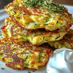 - 2 medium zucchinis, finely grated - 1 teaspoon sea salt - 1/2 cup all-purpose flour (or almond flour for gluten-free) - 1/2 cup freshly grated Parmesan cheese - 1/2 cup shredded mozzarella cheese - 2 large eggs, lightly beaten - 2 green onions, finely sliced - 2 cloves garlic, minced - 1/2 teaspoon freshly ground black pepper - 1/4 teaspoon crushed red pepper flakes (optional) - Olive oil for frying Finding fresh ingredients is key. I love using bright, green zucchinis for this dish. They add great flavor and nutrition. The cheeses give a rich taste. Parmesan brings a sharpness, while mozzarella adds creaminess. You can choose almond flour if you need a gluten-free option. It still works well in the fritters. Fresh green onions and garlic provide a nice kick. And, if you want some heat, add crushed red pepper flakes. - Grater - Mixing bowl - Skillet - Paper towels Gather your tools before you start. A grater helps break down the zucchinis. A mixing bowl is great for combining all the ingredients. A skillet is essential for frying and getting that golden brown color. Paper towels help absorb extra oil after cooking. - Calories per serving: Approximately 150 - Breakdown of macronutrients: - Protein: 8g - Carbohydrates: 10g - Fat: 9g These fritters are not just tasty; they are nutritious too. Each serving provides a good balance of protein and healthy fats. Plus, they make a great snack or side dish. You can find the full recipe [here]. - Grate the zucchinis. Use a box grater or a food processor. - Squeeze excess moisture. Place grated zucchini in a towel, twist, and press hard. - Combine ingredients in a bowl. Add zucchini, salt, flour, cheeses, eggs, green onions, garlic, black pepper, and red pepper flakes. - Ensure even mixing. Stir until everything is well combined and looks uniform. - Preheat the skillet. Heat it on medium and add olive oil to coat the bottom. - Shape and fry fritters. Use a heaping tablespoon of the mix. Flatten it gently in the skillet. - Cook until golden brown. Fry each side for 3-4 minutes until they are crispy and brown. To get the full experience of this amazing dish, check out the Full Recipe! To get crispy fritters, start by draining the zucchinis well. Grate them and squeeze out extra moisture. Use a kitchen towel or cheesecloth for this. The drier the zucchini, the crispier your fritters will be. If you skip this step, you risk soggy fritters. Another way to achieve crispiness is to fry in hot oil. Heat your skillet properly before adding the fritters. This helps them form a nice crust quickly. Don’t overcrowd the skillet; give each fritter space to breathe. Seasoning is key for great flavor. I like to add fresh herbs like parsley or dill. You can also try spices like garlic powder or onion powder for extra taste. A pinch of salt enhances all the flavors too. Balancing flavors is important. If you add cheese, like Parmesan and mozzarella, make sure to taste the mix. You want a good blend without one flavor overpowering the others. You can choose to pan-fry or bake these fritters. Pan-frying gives a golden color and crispy texture. Heat your skillet with olive oil before adding the fritters. Cook them until they are golden brown on both sides. Baking is a healthier option but may not be as crispy. Preheat your oven to 400°F (200°C). Arrange the fritters on a baking sheet lined with parchment paper. Brush them lightly with oil for a nice finish. If you have an air fryer, use it! It cooks the fritters evenly and keeps them crisp. Preheat the air fryer and cook the fritters in batches. Check them regularly for that perfect golden brown. For the full recipe of Cheesy Zucchini Fritters, please refer to the designated section. {{image_4}} If you want to make these fritters gluten-free, you can switch the flour. Almond flour works well and gives a nice taste. You can also try coconut flour, but use less of it. About half the amount is usually enough. This change keeps the fritters crispy and tasty. You can make these fritters even better by adding more veggies. Sweet corn or diced bell peppers mix in nicely. They add color and flavor. You can also change the cheese. Feta gives a salty kick, while cheddar adds a rich taste. Each option brings out different flavors in the fritters. For dipping, tzatziki sauce is great. It adds a fresh, cool flavor. Marinara sauce also pairs well for a classic touch. You can serve these fritters with a side salad. They make a lovely appetizer too. The options are endless! For the full recipe, check the link. To store your leftover fritters, let them cool first. Place them in a container with a lid. You can use any airtight container. This keeps them fresh and tasty. I recommend using a glass or plastic container. You can stack them, but add parchment paper between layers to avoid sticking. Leftovers stay good in the fridge for about 3 days. When you want to eat your fritters again, reheating is key. The best method is to use a skillet. Heat the skillet over medium heat. Add a bit of olive oil for extra crispiness. Place the fritters in the skillet for about 2-3 minutes on each side. This way, they get warm and stay crispy. You could also use an oven. Preheat it to 350°F (175°C). Place the fritters on a baking sheet for about 10 minutes. You can freeze fritters both before and after cooking. If you freeze them raw, shape the fritters and place them on a baking sheet. Freeze them until solid, then transfer them to a zip-top bag. This way, they won’t stick together. If you freeze cooked fritters, let them cool first. Place them in a container or bag, with layers of parchment paper. They last in the freezer for up to 3 months. When you want to eat them, thaw in the fridge overnight for the best taste. Yes, you can prepare these fritters ahead of time. Here are some meal prep tips: - Prep the zucchini: Grate and drain the zucchini. Store it in a sealed container in the fridge for up to 24 hours. - Mix the batter: Combine all the ingredients and keep it in the fridge. Use it within a day for the best taste. - Cook later: Fry the fritters just before serving. This keeps them crispy and fresh. These fritters pair well with many sides and dips. Here are some great options: - Dips: Try sour cream, tzatziki, or ranch dressing for a creamy touch. - Salads: A fresh green salad with a light vinaigrette complements the rich flavors. - Vegetables: Serve with roasted or grilled veggies for a balanced meal. You can easily change this recipe to fit your taste. Here are some user-friendly substitutions: - Flour: Use almond flour for gluten-free fritters. - Cheese: Swap Parmesan for feta or cheddar for a different flavor. - Veggies: Add corn, bell peppers, or spinach for extra nutrition and taste. For the complete details, check the Full Recipe and enjoy making your Cheesy Zucchini Fritters! These Cheesy Zucchini Fritters are easy to make and fun to enjoy. Remember to squeeze out the moisture from the zucchinis for the perfect texture. Customize your fritters with different herbs or cheeses to fit your taste. Remember to store any leftovers properly to keep them fresh. With these tips and ideas, you can create an enjoyable dish every time. Get creative and make this recipe your own!