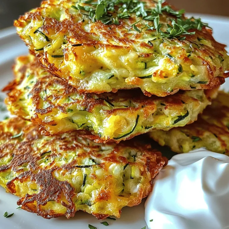 - 2 medium zucchinis, finely grated - 1 teaspoon sea salt - 1/2 cup all-purpose flour (or almond flour for gluten-free) - 1/2 cup freshly grated Parmesan cheese - 1/2 cup shredded mozzarella cheese - 2 large eggs, lightly beaten - 2 green onions, finely sliced - 2 cloves garlic, minced - 1/2 teaspoon freshly ground black pepper - 1/4 teaspoon crushed red pepper flakes (optional) - Olive oil for frying Finding fresh ingredients is key. I love using bright, green zucchinis for this dish. They add great flavor and nutrition. The cheeses give a rich taste. Parmesan brings a sharpness, while mozzarella adds creaminess. You can choose almond flour if you need a gluten-free option. It still works well in the fritters. Fresh green onions and garlic provide a nice kick. And, if you want some heat, add crushed red pepper flakes. - Grater - Mixing bowl - Skillet - Paper towels Gather your tools before you start. A grater helps break down the zucchinis. A mixing bowl is great for combining all the ingredients. A skillet is essential for frying and getting that golden brown color. Paper towels help absorb extra oil after cooking. - Calories per serving: Approximately 150 - Breakdown of macronutrients: - Protein: 8g - Carbohydrates: 10g - Fat: 9g These fritters are not just tasty; they are nutritious too. Each serving provides a good balance of protein and healthy fats. Plus, they make a great snack or side dish. You can find the full recipe [here]. - Grate the zucchinis. Use a box grater or a food processor. - Squeeze excess moisture. Place grated zucchini in a towel, twist, and press hard. - Combine ingredients in a bowl. Add zucchini, salt, flour, cheeses, eggs, green onions, garlic, black pepper, and red pepper flakes. - Ensure even mixing. Stir until everything is well combined and looks uniform. - Preheat the skillet. Heat it on medium and add olive oil to coat the bottom. - Shape and fry fritters. Use a heaping tablespoon of the mix. Flatten it gently in the skillet. - Cook until golden brown. Fry each side for 3-4 minutes until they are crispy and brown. To get the full experience of this amazing dish, check out the Full Recipe! To get crispy fritters, start by draining the zucchinis well. Grate them and squeeze out extra moisture. Use a kitchen towel or cheesecloth for this. The drier the zucchini, the crispier your fritters will be. If you skip this step, you risk soggy fritters. Another way to achieve crispiness is to fry in hot oil. Heat your skillet properly before adding the fritters. This helps them form a nice crust quickly. Don’t overcrowd the skillet; give each fritter space to breathe. Seasoning is key for great flavor. I like to add fresh herbs like parsley or dill. You can also try spices like garlic powder or onion powder for extra taste. A pinch of salt enhances all the flavors too. Balancing flavors is important. If you add cheese, like Parmesan and mozzarella, make sure to taste the mix. You want a good blend without one flavor overpowering the others. You can choose to pan-fry or bake these fritters. Pan-frying gives a golden color and crispy texture. Heat your skillet with olive oil before adding the fritters. Cook them until they are golden brown on both sides. Baking is a healthier option but may not be as crispy. Preheat your oven to 400°F (200°C). Arrange the fritters on a baking sheet lined with parchment paper. Brush them lightly with oil for a nice finish. If you have an air fryer, use it! It cooks the fritters evenly and keeps them crisp. Preheat the air fryer and cook the fritters in batches. Check them regularly for that perfect golden brown. For the full recipe of Cheesy Zucchini Fritters, please refer to the designated section. {{image_4}} If you want to make these fritters gluten-free, you can switch the flour. Almond flour works well and gives a nice taste. You can also try coconut flour, but use less of it. About half the amount is usually enough. This change keeps the fritters crispy and tasty. You can make these fritters even better by adding more veggies. Sweet corn or diced bell peppers mix in nicely. They add color and flavor. You can also change the cheese. Feta gives a salty kick, while cheddar adds a rich taste. Each option brings out different flavors in the fritters. For dipping, tzatziki sauce is great. It adds a fresh, cool flavor. Marinara sauce also pairs well for a classic touch. You can serve these fritters with a side salad. They make a lovely appetizer too. The options are endless! For the full recipe, check the link. To store your leftover fritters, let them cool first. Place them in a container with a lid. You can use any airtight container. This keeps them fresh and tasty. I recommend using a glass or plastic container. You can stack them, but add parchment paper between layers to avoid sticking. Leftovers stay good in the fridge for about 3 days. When you want to eat your fritters again, reheating is key. The best method is to use a skillet. Heat the skillet over medium heat. Add a bit of olive oil for extra crispiness. Place the fritters in the skillet for about 2-3 minutes on each side. This way, they get warm and stay crispy. You could also use an oven. Preheat it to 350°F (175°C). Place the fritters on a baking sheet for about 10 minutes. You can freeze fritters both before and after cooking. If you freeze them raw, shape the fritters and place them on a baking sheet. Freeze them until solid, then transfer them to a zip-top bag. This way, they won’t stick together. If you freeze cooked fritters, let them cool first. Place them in a container or bag, with layers of parchment paper. They last in the freezer for up to 3 months. When you want to eat them, thaw in the fridge overnight for the best taste. Yes, you can prepare these fritters ahead of time. Here are some meal prep tips: - Prep the zucchini: Grate and drain the zucchini. Store it in a sealed container in the fridge for up to 24 hours. - Mix the batter: Combine all the ingredients and keep it in the fridge. Use it within a day for the best taste. - Cook later: Fry the fritters just before serving. This keeps them crispy and fresh. These fritters pair well with many sides and dips. Here are some great options: - Dips: Try sour cream, tzatziki, or ranch dressing for a creamy touch. - Salads: A fresh green salad with a light vinaigrette complements the rich flavors. - Vegetables: Serve with roasted or grilled veggies for a balanced meal. You can easily change this recipe to fit your taste. Here are some user-friendly substitutions: - Flour: Use almond flour for gluten-free fritters. - Cheese: Swap Parmesan for feta or cheddar for a different flavor. - Veggies: Add corn, bell peppers, or spinach for extra nutrition and taste. For the complete details, check the Full Recipe and enjoy making your Cheesy Zucchini Fritters! These Cheesy Zucchini Fritters are easy to make and fun to enjoy. Remember to squeeze out the moisture from the zucchinis for the perfect texture. Customize your fritters with different herbs or cheeses to fit your taste. Remember to store any leftovers properly to keep them fresh. With these tips and ideas, you can create an enjoyable dish every time. Get creative and make this recipe your own!