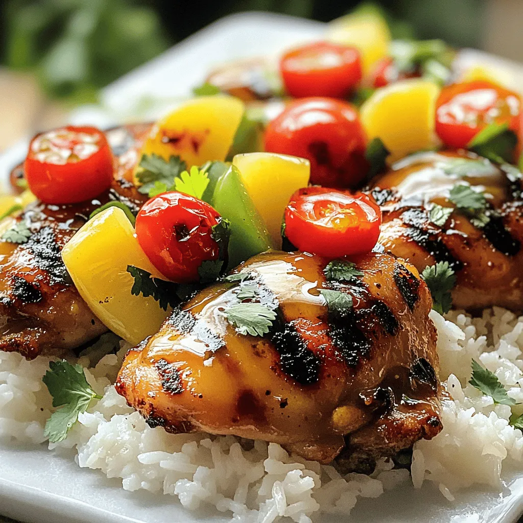 - 4 boneless chicken thighs - 1 cup pineapple juice - 2 tablespoons soy sauce - 2 tablespoons honey - 1 teaspoon freshly grated ginger - 2 cloves garlic, finely minced - 1 teaspoon sesame oil - Salt and pepper, to taste - 1 bell pepper (red or yellow), thinly sliced - 1 cup cherry tomatoes, halved - Fresh cilantro leaves, for garnishing - 1 cup jasmine rice - 1 cup coconut milk - 1/2 cup water - Pinch of salt To make this dish really pop, choose fresh ingredients. The chicken thighs absorb the sweet and tangy marinade well. Pineapple juice gives a nice tropical taste. The honey adds a hint of sweetness. For the veggies, I love using a bright bell pepper and juicy cherry tomatoes. They add color and freshness. Don't forget the cilantro! It makes everything look pretty and adds flavor. For the coconut rice, jasmine rice is my go-to. It cooks up fluffy and fragrant. Mixing coconut milk with water creates a creamy texture. The pinch of salt balances the sweetness. You can find the full recipe with cooking steps in the [Full Recipe]. Enjoy creating this flavorful dish! First, gather your marinade ingredients. You need pineapple juice, soy sauce, honey, ginger, garlic, and sesame oil. Combine these in a bowl. Mix well so the flavors blend together. Next, add the boneless chicken thighs. Make sure each piece gets coated with the marinade. Cover the bowl with plastic wrap. Place it in the fridge for at least 30 minutes. If you have time, let it marinate for up to 2 hours. This helps deepen the flavor. Start by rinsing the jasmine rice. Do this under cold water until it runs clear. This removes excess starch and keeps the rice fluffy. In a saucepan, mix coconut milk, water, and a pinch of salt. Bring this to a gentle boil over medium heat. Once it boils, add the rinsed rice. Stir it once, then cover the pot with a lid. Lower the heat and let it simmer for 15 to 20 minutes. When the rice is tender, fluff it with a fork. Keep it covered to stay warm. Heat a grill pan or skillet over medium-high heat. Take the chicken out of the marinade. Shake off any excess marinade and season with salt and pepper. Place the chicken thighs in the pan. Cook them for about 5 to 7 minutes on each side. Use a meat thermometer to check the internal temperature. It should reach 165°F (75°C) to be safe to eat. In the last few minutes of cooking, add the sliced bell pepper and halved cherry tomatoes to the pan. Pour the reserved marinade over the vegetables. This will help flavor them as they cook. Let everything cook together for another 2 to 3 minutes. The veggies should soften slightly, and the sauce will thicken. To serve, create a mound of coconut rice on a large plate. Place the grilled chicken thighs on top of the rice. Arrange the sautéed vegetables around the chicken. Drizzle any leftover sauce from the pan over the dish. Finally, garnish with fresh cilantro leaves. This adds a pop of color and a burst of freshness. Enjoy your Hawaiian chicken with coconut rice! For more details, check the Full Recipe. To get the best taste from your Hawaiian chicken, marinate it longer. A longer marination time lets the chicken soak up all the yummy flavors. Try to marinate for at least one hour. If you love sweet dishes, adjust the honey to suit your taste. More honey gives a sweeter flavor, while less makes it less sweet. Use a meat thermometer to check the chicken's doneness. This tool helps you know when your chicken is cooked just right. Aim for an internal temperature of 165°F (75°C). You can cook the chicken on a grill or in a skillet. Grilling gives it a nice smoky flavor. Skillet cooking is great for juicy chicken with a bit of sauce. Serve your Hawaiian chicken with a tropical fruit salad for a fresh touch. Fruits like mango or pineapple pair well with the dish. You can also add sides like steamed broccoli or a simple green salad to complete your meal. These sides add color and nutrition to your plate. {{image_4}} You can easily switch the chicken for shrimp or tofu. Shrimp cooks quickly and adds a nice touch. Tofu is a great plant-based option. Cut it into cubes and marinate just like the chicken. You can also use different cuts of chicken, like breast or wings. Each cut brings its own flavor and texture. For a healthy twist, try using brown rice or quinoa instead of jasmine rice. Both options offer more fiber and nutrients. You can also enhance the coconut rice with lime zest or coconut flakes. Lime adds a zesty kick, while coconut flakes bring extra flavor and crunch. If you like heat, add chili flakes or jalapeños to the dish. Both ingredients can spice things up quickly. You might also try using spicy soy sauce in the marinade. It gives the chicken a bold flavor that pairs well with coconut rice. Feel free to explore these variations. They can help you create your own unique version of Hawaiian Chicken with Coconut Rice. For the complete recipe, check out the [Full Recipe]. After enjoying your Hawaiian Chicken with Coconut Rice, store leftovers in an airtight container. This helps keep the flavors fresh. The recommended shelf life in the refrigerator is about three days. Make sure to let the dish cool down first before sealing it up. To freeze this dish, let it cool completely. Then, place it in a freezer-safe container. You can also use freezer bags for easy stacking. When you're ready to eat, thaw it overnight in the fridge. For best results, reheat in a pan over medium heat. This keeps the chicken juicy and the rice fluffy. For quick weeknight meals, pre-marinate the chicken. A few hours or overnight in the fridge makes a huge difference. You can also cook the coconut rice ahead of time. Reheating it in a pan with a splash of coconut milk can bring back its creamy texture. Yes, you can use frozen chicken thighs. Just make sure to thaw them first. The best way is to place them in the fridge overnight. If you need them quickly, you can use the microwave's defrost setting. Once thawed, follow the marinating steps. This way, your chicken will soak up all those tasty flavors. If you don’t have coconut milk, there are good options. Almond milk works well and adds a nice taste. Regular dairy milk is another choice, but it will change the flavor. You can also mix half coconut milk with half water for a lighter version. Each option will give your rice a different twist. To add heat, try using spices like chili flakes or cayenne pepper. Mix them into the marinade for a kick. You can also add hot sauce when you serve the dish. It’s easy to adjust the spice level based on your taste. Just remember, a little goes a long way! Yes, you can prep this dish ahead of time. Marinate the chicken the night before and store it in the fridge. You can also cook the coconut rice in advance. Just reheat it in the microwave or on the stove when you’re ready to serve. This makes weeknight dinners much easier! Tropical fruit salad is a great side. It adds freshness and balances the savory chicken. You can also serve it with a light green salad. Rice and beans make a filling option, too. Each of these sides will complement the flavors of Hawaiian chicken perfectly. For more ideas, check the Full Recipe! This recipe combines juicy chicken, vibrant veggies, and creamy coconut rice. Marinating chicken enhances the taste, while the rice adds a lovely texture. You can easily modify the dish with different proteins or grains. Whether you want a quick meal or a fun dish for guests, it works great. Don't forget to store leftovers right to keep them fresh. Happy cooking!