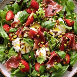 - 4 cups mixed baby greens (arugula, spinach, watercress) - 1 cup fresh strawberries, hulled and thinly sliced - 1 ball of creamy burrata cheese, cut into large, luscious pieces - 6 slices of prosciutto, torn into bite-sized, rustic pieces - 1/4 cup roasted pistachios, roughly chopped for added crunch The main ingredients create a bright and tasty dish. You mix the greens with juicy strawberries for a fresh base. The creamy burrata adds a rich and smooth texture. Prosciutto gives a salty kick that balances well with the sweet strawberries. The chopped pistachios add a nice crunch, making every bite exciting. - 2 tablespoons balsamic glaze, for a sweet finish - 2 tablespoons extra virgin olive oil, to enrich the flavors - Sea salt and freshly cracked black pepper, to taste The dressing brings all the flavors together. Balsamic glaze adds sweetness, while olive oil makes the salad rich. A pinch of sea salt and cracked black pepper can brighten each bite. You can adjust these to fit your taste. - Fresh basil leaves, for a fragrant garnish - Additional nuts or seeds Garnishes can take your salad to the next level. Fresh basil adds a lovely aroma and a pop of color. You can also sprinkle on more nuts or seeds for extra crunch. These touches make your dish not just tasty but also pretty to look at. For the full recipe, check out the complete ingredients and instructions to make this delightful salad. To start, gather your mixed baby greens and strawberries. In a large bowl, combine the greens with the sliced strawberries. Toss them gently to mix. This ensures every bite has a burst of flavor. Next, drizzle the olive oil over the salad. Add a pinch of sea salt and a sprinkle of black pepper. Toss the salad lightly to coat everything evenly. This step adds a nice touch and enhances the taste. Now it's time to plate your salad. On a large plate, artfully arrange the greens and strawberries. Create a nest in the center for the burrata pieces. Scatter the torn prosciutto over the salad for flavor in every bite. Place the creamy burrata on top, letting it shine. Finish by drizzling balsamic glaze over the salad. This sweet touch ties all the flavors together. Finally, sprinkle the chopped pistachios for crunch and add fresh basil for a pop of color and aroma. For the full recipe, check out the instructions above. Enjoy your fresh and tasty dish! To make your salad shine, get the salt and pepper right. I suggest using about 1/4 teaspoon of sea salt and a few cracks of black pepper for every serving. This will brighten the flavors without overpowering them. Next, pay attention to the balsamic glaze. If you like it sweeter, drizzle a bit more. If you want a tangy kick, use less. Balance is key, so taste as you go. When serving, make your salad look as good as it tastes. Start by arranging the greens and strawberries in a bowl. Use a large plate or bowl to let the colors pop. Place the burrata in the center, so it draws the eye. High-quality serveware makes a big difference. Use a beautiful plate to elevate your dish. A simple white plate can make the colors stand out even more. To save time, prep your ingredients ahead of time. Slice strawberries and tear prosciutto early in the day. Store them in separate containers. This way, you can assemble the salad quickly when you’re ready to eat. For quick assembly, keep everything within reach. Have your greens, strawberries, and burrata ready to go. This helps you build your salad in just a few minutes. For the full recipe, check out the Prosciutto Strawberry Burrata Salad details. {{image_4}} You can swap ingredients based on the season or your taste. For fruits, try using peaches or figs instead of strawberries. They add a sweet twist. You can also switch the cheese. Instead of burrata, use fresh mozzarella or creamy goat cheese. Both choices bring unique flavors to the salad. If you want a vegan version, simply omit the cheese. You can add a plant-based dressing for flavor. Make sure to check that all other ingredients are vegan-friendly. For gluten-free diets, this salad fits perfectly. Just ensure your balsamic glaze does not contain gluten. To make this salad heartier, think about adding protein. Grilled chicken or shrimp can boost the dish. They add a nice texture and flavor. If you prefer vegetarian options, consider chickpeas or lentils. They provide protein and complement the salad well. Explore the [Full Recipe] for all the details you need! To keep your Prosciutto Strawberry Burrata Salad fresh, use airtight containers. Glass or plastic containers work well. Make sure to separate the dressing from the salad. This prevents soggy greens. Keep the salad in the fridge. Aim for a temperature of 40°F (4°C) or lower. For the best taste, eat the salad within 2 days. After this, the greens may wilt. Check for signs of spoilage. If the strawberries look mushy or the cheese smells sour, it's time to toss them. Freshness matters for flavor and safety. This salad is best enjoyed cold. If you prefer it warm, gently heat the cheese. Use a microwave on low power for a few seconds. Be careful not to overheat. Enjoy it cold for a crisp, refreshing bite. When choosing prosciutto, look for prosciutto di Parma. It has a rich flavor and a melt-in-your-mouth texture. This type of prosciutto comes from specific regions in Italy. It is made from selected pigs and is aged for at least 12 months. You can also try prosciutto di San Daniele for a slightly sweeter taste. Always buy from a trusted source to ensure quality. Yes, you can prep parts of the salad ahead of time. Wash and dry the baby greens and strawberries a few hours before serving. Keep them in separate containers to stay fresh. You can also tear the prosciutto and chop the pistachios early. Just wait to add the burrata and dressing until right before serving. This keeps everything fresh and tasty. Pair this salad with a light white wine, like Sauvignon Blanc. The wine’s crispness matches the salad's flavors. A fresh sparkling water with lemon also works well. For sides, consider serving crusty bread or a light soup. These options enhance the meal without overpowering the salad. Enjoy the full recipe to create this delightful dish! This blog post covered how to make a delicious prosciutto strawberry burrata salad. We explored each ingredient, from mixed greens to roasted pistachios. You learned how to assemble and dress the salad perfectly. I shared tips for flavor balance and ways to adjust the recipe. Finally, we discussed storage and variations to suit your taste. Enjoy trying this refreshing salad. It’s easy, tasty, and perfect for any meal!