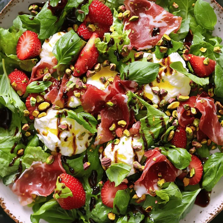 - 4 cups mixed baby greens (arugula, spinach, watercress) - 1 cup fresh strawberries, hulled and thinly sliced - 1 ball of creamy burrata cheese, cut into large, luscious pieces - 6 slices of prosciutto, torn into bite-sized, rustic pieces - 1/4 cup roasted pistachios, roughly chopped for added crunch The main ingredients create a bright and tasty dish. You mix the greens with juicy strawberries for a fresh base. The creamy burrata adds a rich and smooth texture. Prosciutto gives a salty kick that balances well with the sweet strawberries. The chopped pistachios add a nice crunch, making every bite exciting. - 2 tablespoons balsamic glaze, for a sweet finish - 2 tablespoons extra virgin olive oil, to enrich the flavors - Sea salt and freshly cracked black pepper, to taste The dressing brings all the flavors together. Balsamic glaze adds sweetness, while olive oil makes the salad rich. A pinch of sea salt and cracked black pepper can brighten each bite. You can adjust these to fit your taste. - Fresh basil leaves, for a fragrant garnish - Additional nuts or seeds Garnishes can take your salad to the next level. Fresh basil adds a lovely aroma and a pop of color. You can also sprinkle on more nuts or seeds for extra crunch. These touches make your dish not just tasty but also pretty to look at. For the full recipe, check out the complete ingredients and instructions to make this delightful salad. To start, gather your mixed baby greens and strawberries. In a large bowl, combine the greens with the sliced strawberries. Toss them gently to mix. This ensures every bite has a burst of flavor. Next, drizzle the olive oil over the salad. Add a pinch of sea salt and a sprinkle of black pepper. Toss the salad lightly to coat everything evenly. This step adds a nice touch and enhances the taste. Now it's time to plate your salad. On a large plate, artfully arrange the greens and strawberries. Create a nest in the center for the burrata pieces. Scatter the torn prosciutto over the salad for flavor in every bite. Place the creamy burrata on top, letting it shine. Finish by drizzling balsamic glaze over the salad. This sweet touch ties all the flavors together. Finally, sprinkle the chopped pistachios for crunch and add fresh basil for a pop of color and aroma. For the full recipe, check out the instructions above. Enjoy your fresh and tasty dish! To make your salad shine, get the salt and pepper right. I suggest using about 1/4 teaspoon of sea salt and a few cracks of black pepper for every serving. This will brighten the flavors without overpowering them. Next, pay attention to the balsamic glaze. If you like it sweeter, drizzle a bit more. If you want a tangy kick, use less. Balance is key, so taste as you go. When serving, make your salad look as good as it tastes. Start by arranging the greens and strawberries in a bowl. Use a large plate or bowl to let the colors pop. Place the burrata in the center, so it draws the eye. High-quality serveware makes a big difference. Use a beautiful plate to elevate your dish. A simple white plate can make the colors stand out even more. To save time, prep your ingredients ahead of time. Slice strawberries and tear prosciutto early in the day. Store them in separate containers. This way, you can assemble the salad quickly when you’re ready to eat. For quick assembly, keep everything within reach. Have your greens, strawberries, and burrata ready to go. This helps you build your salad in just a few minutes. For the full recipe, check out the Prosciutto Strawberry Burrata Salad details. {{image_4}} You can swap ingredients based on the season or your taste. For fruits, try using peaches or figs instead of strawberries. They add a sweet twist. You can also switch the cheese. Instead of burrata, use fresh mozzarella or creamy goat cheese. Both choices bring unique flavors to the salad. If you want a vegan version, simply omit the cheese. You can add a plant-based dressing for flavor. Make sure to check that all other ingredients are vegan-friendly. For gluten-free diets, this salad fits perfectly. Just ensure your balsamic glaze does not contain gluten. To make this salad heartier, think about adding protein. Grilled chicken or shrimp can boost the dish. They add a nice texture and flavor. If you prefer vegetarian options, consider chickpeas or lentils. They provide protein and complement the salad well. Explore the [Full Recipe] for all the details you need! To keep your Prosciutto Strawberry Burrata Salad fresh, use airtight containers. Glass or plastic containers work well. Make sure to separate the dressing from the salad. This prevents soggy greens. Keep the salad in the fridge. Aim for a temperature of 40°F (4°C) or lower. For the best taste, eat the salad within 2 days. After this, the greens may wilt. Check for signs of spoilage. If the strawberries look mushy or the cheese smells sour, it's time to toss them. Freshness matters for flavor and safety. This salad is best enjoyed cold. If you prefer it warm, gently heat the cheese. Use a microwave on low power for a few seconds. Be careful not to overheat. Enjoy it cold for a crisp, refreshing bite. When choosing prosciutto, look for prosciutto di Parma. It has a rich flavor and a melt-in-your-mouth texture. This type of prosciutto comes from specific regions in Italy. It is made from selected pigs and is aged for at least 12 months. You can also try prosciutto di San Daniele for a slightly sweeter taste. Always buy from a trusted source to ensure quality. Yes, you can prep parts of the salad ahead of time. Wash and dry the baby greens and strawberries a few hours before serving. Keep them in separate containers to stay fresh. You can also tear the prosciutto and chop the pistachios early. Just wait to add the burrata and dressing until right before serving. This keeps everything fresh and tasty. Pair this salad with a light white wine, like Sauvignon Blanc. The wine’s crispness matches the salad's flavors. A fresh sparkling water with lemon also works well. For sides, consider serving crusty bread or a light soup. These options enhance the meal without overpowering the salad. Enjoy the full recipe to create this delightful dish! This blog post covered how to make a delicious prosciutto strawberry burrata salad. We explored each ingredient, from mixed greens to roasted pistachios. You learned how to assemble and dress the salad perfectly. I shared tips for flavor balance and ways to adjust the recipe. Finally, we discussed storage and variations to suit your taste. Enjoy trying this refreshing salad. It’s easy, tasty, and perfect for any meal!
