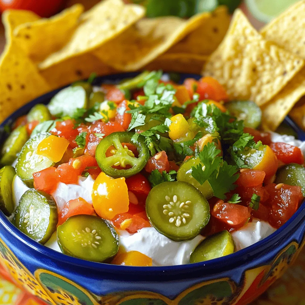 - 1 cup dill pickles, finely chopped - 1 cup ripe tomatoes, diced - ½ cup red onion, finely chopped - 1 jalapeño, seeds removed and minced - ¼ cup fresh cilantro, chopped - 1 cup cream cheese, softened to room temperature - ½ cup sour cream For this dip, I love using fresh ingredients. The dill pickles bring a nice crunch and tang. Ripe tomatoes add sweetness and color. Red onion gives a mild bite, while jalapeño adds heat. Fresh cilantro brightens the flavors, making every bite pop. Cream cheese and sour cream create a rich and creamy base, making the dip smooth and luscious. - 2 tablespoons fresh lime juice - 1 teaspoon garlic powder - 1 teaspoon ground cumin - Salt and pepper to taste Seasoning is key to a great dip. Fresh lime juice adds zing and balances the creaminess. Garlic powder gives depth to the flavor. Ground cumin adds warmth and earthiness. Don’t forget salt and pepper! They tie everything together and make your taste buds dance. - Tortilla chips - Veggie sticks - Crackers For dippers, I often choose tortilla chips. They are sturdy and perfect for scooping. Veggie sticks make a healthy choice, bringing crunch and freshness. Crackers offer a subtle flavor that pairs well with the dip. Whatever you choose, the dip will shine! You can find the full recipe to make this tasty Pickle de Gallo Pico Dip and impress your friends! To make Pickle de Gallo Pico Dip, start with the vegetables. First, chop 1 cup of dill pickles into small pieces. The pickles add that tangy bite we love. Next, dice 1 cup of ripe tomatoes. Choose juicy ones for the best flavor. Then, finely chop ½ cup of red onion. This adds a nice crunch and sweetness. Finally, take 1 jalapeño, remove the seeds, and mince it. This brings a mild heat to the dip. Don’t forget to chop ¼ cup of fresh cilantro for a fresh taste. In a separate bowl, combine 1 cup of softened cream cheese and ½ cup of sour cream. Beat them together until smooth. A hand mixer works well, but a spatula will do too. Then, add 2 tablespoons of fresh lime juice, 1 teaspoon of garlic powder, and 1 teaspoon of ground cumin. Season with salt and pepper to taste. Mix it all well to ensure the flavors blend nicely. Now, gently fold in the chopped vegetables and pickle mixture. Use a spatula to combine everything. Be careful not to overmix, as you want the veggies to stay intact. Taste the dip and adjust the seasonings if needed. You can add more salt, pepper, or lime juice to fit your taste. Once done, put the dip in a bowl and cover it. Chill in the fridge for at least 30 minutes. This lets the flavors mingle perfectly. For the full recipe, check the details above. To make this dip truly shine, use softened cream cheese. It blends well and creates a smooth texture. If the cream cheese is cold, it will not mix properly. This can lead to lumps in your dip. Avoid overmixing when combining the veggies with the cream cheese. Overmixing can make the dip watery. Gently fold the ingredients together until just combined. Adjust the spice level to suit your taste. If you like it spicy, keep the seeds in the jalapeño. For less heat, remove the seeds as instructed. You can also experiment with herbs. Fresh dill or parsley can add a nice touch. Try adding a bit of smoked paprika for a smoky flavor. Each tweak can make the dip more exciting. When serving, choose a colorful bowl to make the dip pop. A bright dish will attract attention at any gathering. For garnishing, sprinkle some chopped cilantro on top. This adds color and a fresh taste. Pair the dip with crunchy tortilla chips, fresh veggie sticks, or your favorite crackers. This makes for a fun and tasty snack. Enjoy making your Pickle de Gallo Pico Dip with these helpful tips! For the complete recipe, check out the Full Recipe section. {{image_4}} You can make this dip your own by changing a few ingredients. - Using different types of pickles: Try sweet pickles for a hint of sweetness. Bread and butter pickles add a tangy twist. You can also use spicy dill pickles for an extra kick. - Substituting with vegan cream cheese: If you want a dairy-free option, use vegan cream cheese. It keeps the dip creamy while being plant-based. Add some fun twists to your dip by including new flavors. - Adding avocado for creaminess: Mash in ripe avocado for a richer texture. It brings a fresh taste and makes the dip even creamier. - Mixing in different types of peppers: Experiment with different peppers like poblano or banana peppers. They can add heat or sweetness, depending on your choice. This dip is versatile and can fit many occasions. - Transforming into a salad topping: Use it as a zesty topping for salads. It adds flavor and a fun texture to your greens. - Using it as a spread: Spread it on sandwiches or wraps for added flavor. It makes a great addition to any meal. For more ideas, check out the Full Recipe and get inspired! To keep your Pickle de Gallo Pico Dip fresh, use airtight containers. These containers seal in flavor and moisture. If you leave the dip uncovered, it may dry out or lose taste. Always choose containers that fit the amount of dip you have. In the fridge, this dip lasts about 3 to 5 days. Make sure it stays cold. If you want to store it longer, you can freeze it. However, freezing may change the texture of the cream cheese. It’s best to eat it fresh. If you need to reheat your dip, do it slowly. Use low heat to avoid curdling the cream cheese. Stir often to keep the texture smooth. You can also serve it cold or at room temperature. The flavors stay strong either way. For the full recipe, refer back to the main section. Pickle de Gallo Pico Dip is a fun twist on the classic pico de gallo. This dip combines fresh vegetables with creamy goodness. The main ingredients include dill pickles, ripe tomatoes, and red onion. You also add jalapeño for a kick and cilantro for freshness. Cream cheese and sour cream give it a rich texture. This dip is colorful and packed with flavor, perfect for parties! Yes, you can make this dip ahead of time. In fact, it tastes even better after chilling. I recommend making it a few hours before serving. This allows the flavors to blend well. Just store it in the fridge. Cover it tightly to keep it fresh. You can serve this dip with many tasty options. Here are some popular dippables: - Tortilla chips - Veggie sticks - Crackers These pair well with the creamy dip and add great crunch. Enjoy experimenting with different sides! For the full recipe, check the main section. You now know how to make Pickle de Gallo Pico Dip. We covered ingredients like dill pickles, ripe tomatoes, and jalapeños. You learned how to prepare the veggies and mix the dip. Don’t forget the dippers like tortilla chips and veggie sticks! Experiment with flavors and adjust spice levels. The right storage keeps it fresh for longer. Whether you serve it as a dip or a spread, this recipe brings flavor to any gathering. Enjoy creating your delicious masterpiece!