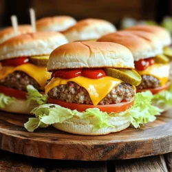 - 1 lb ground beef - 12 slider buns - 6 slices cheddar cheese (halved) - 1 tablespoon Worcestershire sauce - 1 teaspoon garlic powder - 1 teaspoon onion powder - 1 cup shredded lettuce - 1 large tomato (sliced) - 1/2 cup dill pickles (sliced) - 1/4 cup ketchup - 1/4 cup yellow mustard When I make Cheeseburger Game Day Sliders, I focus on fresh, bold flavors. The ground beef serves as the star of the dish. It’s important to choose good quality beef for the best taste. I like to use 80/20 beef for juicy sliders. Slider buns are key for holding all the goodness together. I prefer soft, fluffy buns that soak up all the flavors. The cheddar cheese adds a rich, creamy layer. I cut each slice in half so it melts perfectly over each patty. The seasonings bring everything together. Worcestershire sauce adds depth and umami. Garlic powder and onion powder give a nice kick. Remember to season with salt and pepper to taste. Toppings make these sliders fun and fresh. Crunchy lettuce adds texture, while juicy tomato slices bring brightness. Dill pickles add a nice tang. I always keep ketchup and mustard on hand for that classic cheeseburger bite. For the Full Recipe, check out the complete guide to craft these delicious sliders! To start, gather your ground beef, Worcestershire sauce, garlic powder, onion powder, salt, and pepper. Place all these items in a large bowl. Now, mix them together. Use your hands to combine the ingredients. Make sure you mix until everything is even but don’t overwork the beef. Overmixing can make it tough. We want tender sliders, not hockey pucks! Next, divide the beef mixture into 12 equal portions. Each portion should be about the size of a golf ball. Gently shape each ball into a patty. Make them a bit larger than the slider buns. They will shrink as they cook. This ensures your sliders fit perfectly on the buns and are not too small. Now it’s time to cook! Preheat your grill or skillet to medium-high heat. This step is key for a good sear. Once hot, place the patties on the grill or skillet. Cook them for about 3 minutes on one side. Then flip the patties over. Right after flipping, place half a slice of cheddar cheese on each patty. Cook for another 2-3 minutes. You want the patties cooked through and the cheese melted. For more details on preparing these sliders, check out the Full Recipe. To make juicy sliders, choose ground beef with a fat content of 80/20. This mix keeps your sliders moist and flavorful. If the meat is too lean, your sliders may dry out. Cook sliders on medium-high heat for the best results. This temperature helps the meat sear nicely. A good sear locks in juices and adds flavor. Aim for an internal temperature of 160°F to ensure doneness. Add cheese during the last minute of cooking. This timing allows it to melt perfectly without burning. Half a slice of cheddar works great for sliders. If you're looking for alternatives, try pepper jack for a spicy kick or Swiss for a milder taste. Each cheese brings a unique flavor and texture to your sliders. Don’t skip seasoning your beef mix. Adding Worcestershire sauce, garlic powder, and onion powder can boost flavor. You can also mix in smoked paprika for a deeper taste. Toasting the buns is key. It adds crunch and prevents sogginess. Butter the cut sides lightly before toasting. This simple step creates a golden, crispy surface for your sliders. For the full recipe, check out the detailed instructions. {{image_4}} You can easily change up your sliders with fun add-ins. Adding crispy bacon gives a rich, savory bite. If you like heat, try diced jalapeños for a spicy kick. Different types of cheese can also elevate your sliders. Swiss, pepper jack, or even blue cheese can add depth to your flavor. The right sauce can make your sliders shine. Specialty sauces like garlic aioli or barbecue sauce add a unique twist. You can also swap out traditional condiments. Try sriracha mayo or a tangy relish for new tastes that excite your palate. You can make these sliders for everyone. Use plant-based patties to cater to vegetarians. They cook up just as nicely and soak up flavors well. For vegans, vegan cheese and fresh toppings can make your sliders satisfying. Options like avocado, mushrooms, or roasted peppers work wonderfully, too. For the complete Cheeseburger Game Day Sliders recipe, check out the Full Recipe. To keep your sliders fresh, cool them quickly. Place them on a plate at room temperature for about 30 minutes. After that, store them in an airtight container. This will help keep them from drying out. You can use glass or plastic containers with tight lids. These containers work best to keep the sliders tasty for a few days. You can reheat your sliders in two ways: the oven or the microwave. For the oven, preheat it to 350°F. Wrap the sliders in foil to keep them moist. Heat for about 10-15 minutes. In the microwave, place the sliders on a plate. Cover them with a damp paper towel. Heat for 30 seconds at a time until warm. The oven keeps the slider quality better, while the microwave is quicker. If you want to save some for later, freezing is a great option. Start by cooling the sliders completely. Place them in a single layer on a baking sheet. Freeze them for about an hour until solid. Then, transfer them to a freezer bag. Remove as much air as you can to prevent freezer burn. To thaw, move the sliders to the fridge overnight. You can reheat them as explained above. This method keeps them tasty and fresh, ready for your next game day! You can make sliders ahead of time by preparing the beef mix and shaping the patties. Store them in the fridge for up to a day. Just cover the patties with plastic wrap to keep them fresh. You can also cook the patties in advance and store them in the fridge. Reheat them when you are ready to serve. When you heat them, add the cheese so it melts nicely. Yes, you can make cheeseburger sliders in the oven. Preheat your oven to 350°F (175°C). Place the shaped patties on a baking sheet lined with parchment paper. Bake for about 15 to 20 minutes. When they are close to done, add cheese on top and bake for another 2-3 minutes until melted. This method is great for making a large batch at once. Some great sides for cheeseburger sliders include: - Crispy fries - Onion rings - Coleslaw - Potato salad - Veggie sticks with dip These sides are easy to prepare and will please your guests on game day. You can even mix and match them for fun! In this post, we explored how to make delicious cheeseburger sliders. We discussed key ingredients, like ground beef and cheddar cheese, and covered seasonings to enhance flavor. You learned step-by-step how to prepare, shape, and cook your patties. I shared tips to keep sliders juicy and variations to try, including vegetarian options. Remember, great sliders start with quality ingredients and careful cooking. Experiment with flavors to find your perfect taste. Enjoy your sliders and make them your own!