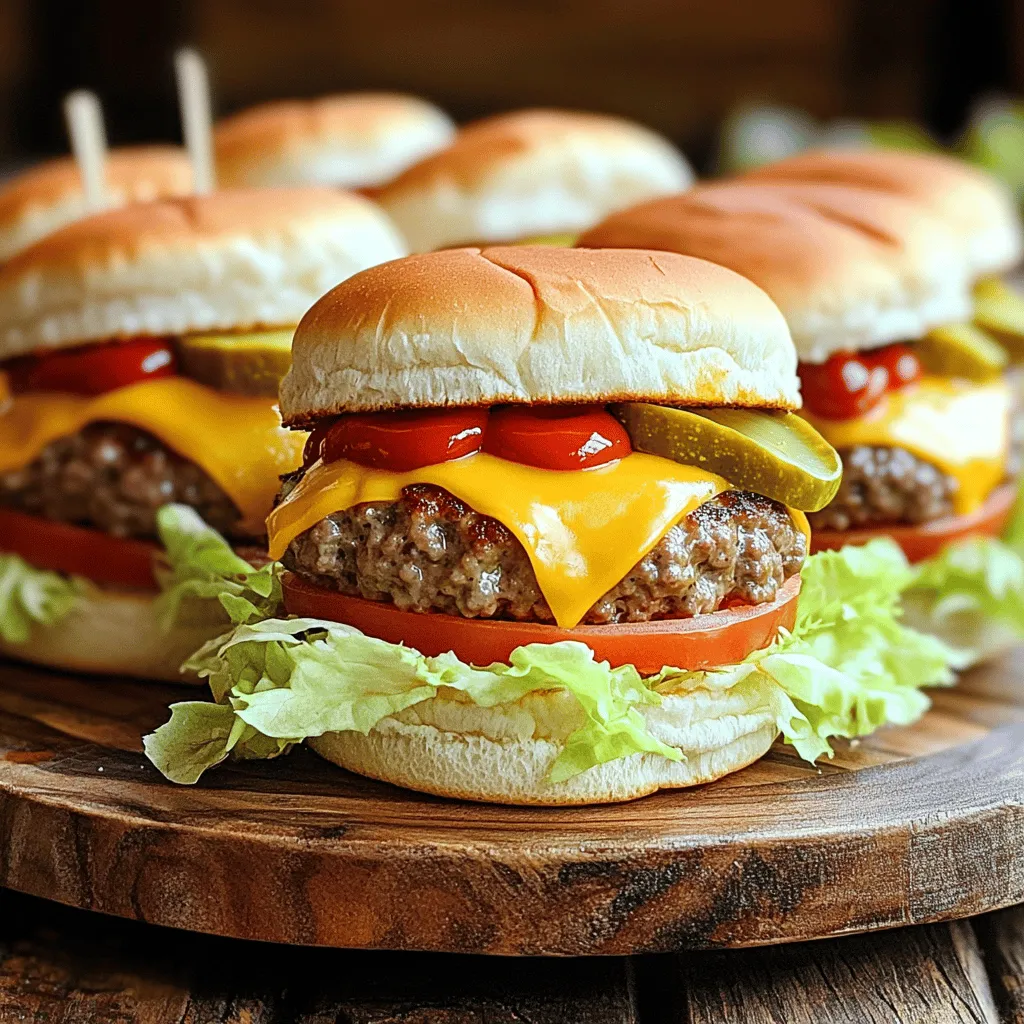 - 1 lb ground beef - 12 slider buns - 6 slices cheddar cheese (halved) - 1 tablespoon Worcestershire sauce - 1 teaspoon garlic powder - 1 teaspoon onion powder - 1 cup shredded lettuce - 1 large tomato (sliced) - 1/2 cup dill pickles (sliced) - 1/4 cup ketchup - 1/4 cup yellow mustard When I make Cheeseburger Game Day Sliders, I focus on fresh, bold flavors. The ground beef serves as the star of the dish. It’s important to choose good quality beef for the best taste. I like to use 80/20 beef for juicy sliders. Slider buns are key for holding all the goodness together. I prefer soft, fluffy buns that soak up all the flavors. The cheddar cheese adds a rich, creamy layer. I cut each slice in half so it melts perfectly over each patty. The seasonings bring everything together. Worcestershire sauce adds depth and umami. Garlic powder and onion powder give a nice kick. Remember to season with salt and pepper to taste. Toppings make these sliders fun and fresh. Crunchy lettuce adds texture, while juicy tomato slices bring brightness. Dill pickles add a nice tang. I always keep ketchup and mustard on hand for that classic cheeseburger bite. For the Full Recipe, check out the complete guide to craft these delicious sliders! To start, gather your ground beef, Worcestershire sauce, garlic powder, onion powder, salt, and pepper. Place all these items in a large bowl. Now, mix them together. Use your hands to combine the ingredients. Make sure you mix until everything is even but don’t overwork the beef. Overmixing can make it tough. We want tender sliders, not hockey pucks! Next, divide the beef mixture into 12 equal portions. Each portion should be about the size of a golf ball. Gently shape each ball into a patty. Make them a bit larger than the slider buns. They will shrink as they cook. This ensures your sliders fit perfectly on the buns and are not too small. Now it’s time to cook! Preheat your grill or skillet to medium-high heat. This step is key for a good sear. Once hot, place the patties on the grill or skillet. Cook them for about 3 minutes on one side. Then flip the patties over. Right after flipping, place half a slice of cheddar cheese on each patty. Cook for another 2-3 minutes. You want the patties cooked through and the cheese melted. For more details on preparing these sliders, check out the Full Recipe. To make juicy sliders, choose ground beef with a fat content of 80/20. This mix keeps your sliders moist and flavorful. If the meat is too lean, your sliders may dry out. Cook sliders on medium-high heat for the best results. This temperature helps the meat sear nicely. A good sear locks in juices and adds flavor. Aim for an internal temperature of 160°F to ensure doneness. Add cheese during the last minute of cooking. This timing allows it to melt perfectly without burning. Half a slice of cheddar works great for sliders. If you're looking for alternatives, try pepper jack for a spicy kick or Swiss for a milder taste. Each cheese brings a unique flavor and texture to your sliders. Don’t skip seasoning your beef mix. Adding Worcestershire sauce, garlic powder, and onion powder can boost flavor. You can also mix in smoked paprika for a deeper taste. Toasting the buns is key. It adds crunch and prevents sogginess. Butter the cut sides lightly before toasting. This simple step creates a golden, crispy surface for your sliders. For the full recipe, check out the detailed instructions. {{image_4}} You can easily change up your sliders with fun add-ins. Adding crispy bacon gives a rich, savory bite. If you like heat, try diced jalapeños for a spicy kick. Different types of cheese can also elevate your sliders. Swiss, pepper jack, or even blue cheese can add depth to your flavor. The right sauce can make your sliders shine. Specialty sauces like garlic aioli or barbecue sauce add a unique twist. You can also swap out traditional condiments. Try sriracha mayo or a tangy relish for new tastes that excite your palate. You can make these sliders for everyone. Use plant-based patties to cater to vegetarians. They cook up just as nicely and soak up flavors well. For vegans, vegan cheese and fresh toppings can make your sliders satisfying. Options like avocado, mushrooms, or roasted peppers work wonderfully, too. For the complete Cheeseburger Game Day Sliders recipe, check out the Full Recipe. To keep your sliders fresh, cool them quickly. Place them on a plate at room temperature for about 30 minutes. After that, store them in an airtight container. This will help keep them from drying out. You can use glass or plastic containers with tight lids. These containers work best to keep the sliders tasty for a few days. You can reheat your sliders in two ways: the oven or the microwave. For the oven, preheat it to 350°F. Wrap the sliders in foil to keep them moist. Heat for about 10-15 minutes. In the microwave, place the sliders on a plate. Cover them with a damp paper towel. Heat for 30 seconds at a time until warm. The oven keeps the slider quality better, while the microwave is quicker. If you want to save some for later, freezing is a great option. Start by cooling the sliders completely. Place them in a single layer on a baking sheet. Freeze them for about an hour until solid. Then, transfer them to a freezer bag. Remove as much air as you can to prevent freezer burn. To thaw, move the sliders to the fridge overnight. You can reheat them as explained above. This method keeps them tasty and fresh, ready for your next game day! You can make sliders ahead of time by preparing the beef mix and shaping the patties. Store them in the fridge for up to a day. Just cover the patties with plastic wrap to keep them fresh. You can also cook the patties in advance and store them in the fridge. Reheat them when you are ready to serve. When you heat them, add the cheese so it melts nicely. Yes, you can make cheeseburger sliders in the oven. Preheat your oven to 350°F (175°C). Place the shaped patties on a baking sheet lined with parchment paper. Bake for about 15 to 20 minutes. When they are close to done, add cheese on top and bake for another 2-3 minutes until melted. This method is great for making a large batch at once. Some great sides for cheeseburger sliders include: - Crispy fries - Onion rings - Coleslaw - Potato salad - Veggie sticks with dip These sides are easy to prepare and will please your guests on game day. You can even mix and match them for fun! In this post, we explored how to make delicious cheeseburger sliders. We discussed key ingredients, like ground beef and cheddar cheese, and covered seasonings to enhance flavor. You learned step-by-step how to prepare, shape, and cook your patties. I shared tips to keep sliders juicy and variations to try, including vegetarian options. Remember, great sliders start with quality ingredients and careful cooking. Experiment with flavors to find your perfect taste. Enjoy your sliders and make them your own!