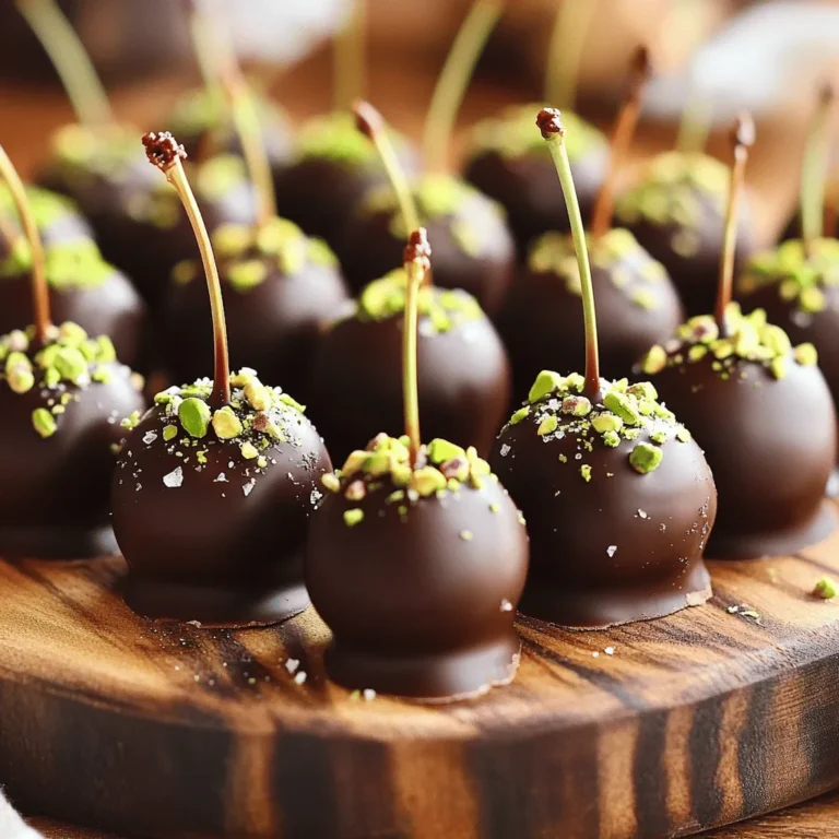 For the Chocolate Covered Cherries with Pistachio Dust, you will need a few simple ingredients. Each plays a key role in making this treat delightful. - 12 fresh cherries with stems - 200g dark chocolate (70% cocoa) - 50g shelled and unsalted pistachios - 1 tablespoon coconut oil - Sea salt, for a sprinkle on top - Optional: 1 teaspoon vanilla extract for added aroma Using fresh cherries with stems adds beauty and makes them easy to dip. Dark chocolate gives a rich taste that pairs well with cherries. The coconut oil helps the chocolate melt smoothly. Shelled pistachios add a nice crunch and color. You can add vanilla for extra aroma, enhancing the overall flavor. This combination creates a wonderful balance of sweet, salty, and nutty flavors, making each bite a joy. You can find the full recipe [here](#). Let's gather these ingredients and prepare for a tasty treat! Start by rinsing the cherries gently under cool water. This helps remove any dirt. After washing, dry them well with a paper towel. It is important to get rid of all moisture. If the cherries are wet, the chocolate won't stick. In a small saucepan, combine dark chocolate and coconut oil. Use low heat and stir until smooth. The coconut oil helps the chocolate melt evenly. If you like, add vanilla extract for extra flavor. It makes the chocolate even more delicious. Take shelled pistachios and place them in a food processor. Pulse them until they turn into fine crumbs. Be careful not to blend too long. You want a crumbly texture, not a paste. This gives your treat a nice look and crunch. Once your chocolate is melted, dip each cherry into the chocolate. Make sure each cherry is fully coated. Use a fork to lift them out. Tap the fork gently on the pan to remove extra chocolate. While the chocolate is warm, sprinkle pistachio dust and a pinch of sea salt on top. This adds a tasty contrast. Place the dipped cherries onto a parchment-lined baking sheet. Make sure to leave space between them. This stops them from sticking together. Once all cherries are on the sheet, put them in the refrigerator. Chill for about 30 minutes, or until the chocolate is firm. For the full recipe, check the details in the previous section. To get the best chocolate coating, start with dry cherries. Water can cause clumping, which ruins your coating. Make sure to pat them dry well. When melting chocolate, use a low heat. Stir it often to keep it smooth. Add coconut oil for a shiny finish. This helps the chocolate glide on easily. If the chocolate thickens, gently reheat it. This keeps it workable. A smooth coat makes your cherries look stunning. You can add a teaspoon of vanilla extract while melting the chocolate. This gives a warm aroma to your cherries. For other flavors, think about adding spices like cinnamon or cardamom. They can bring a new twist. You can also try different toppings. Toasted coconut or crushed almonds can add extra crunch. When serving, arrange the cherries on a nice platter. This makes them look fancy. Before serving, sprinkle a few more crushed pistachios on top. This adds color and texture. A light dusting of sea salt will enhance the flavor. For more fun, try using different plates or bowls. The right dish can make your treat even more appealing. {{image_4}} You can play with different types of chocolate. Milk chocolate is sweet and creamy. It pairs well with cherries. Dark chocolate has a rich taste and a slight bitterness. I love using dark chocolate, as it balances the sweetness of the cherries. If you want something unique, try white chocolate. It adds a sweet, vanilla-like flavor that makes the cherries feel special. Want to spice things up? You can infuse your chocolate with flavors. Adding a pinch of cinnamon gives a warm touch. You can also try a few drops of almond extract for a nutty twist. If you like citrus, a bit of orange zest will brighten the flavor. Mix and match to find your favorite! Pistachios are great, but you can switch things up. Try almonds or hazelnuts for a different crunch. Chopped walnuts add a rustic feel, while cashews offer a creamy taste. You can also use other toppings. Shredded coconut or colorful sprinkles can make your treats pop. Get creative and have fun with it! To keep your chocolate-covered cherries fresh, store them in an airtight container. This helps maintain their taste and texture. I recommend using a container that seals tightly. Place a piece of parchment paper between layers to avoid sticking. Store them in the refrigerator to keep the chocolate firm. These treats can last in the refrigerator for about a week. You can freeze them for longer storage, but the texture may change. If you freeze them, wrap each cherry in plastic wrap. Place them in a freezer-safe bag. This way, they stay tasty for up to three months. Just remember to thaw them in the fridge before enjoying! If you're curious about how to make these delicious treats, check out the Full Recipe. Yes, you can use frozen cherries. However, the texture may change. Frozen cherries tend to be softer. They may also release more juice when thawed. This can make the chocolate coating less smooth. If you use frozen cherries, dry them well before dipping. To help the chocolate harden, keep it at the right temperature. Melt the chocolate slowly over low heat. If it's too hot, it may not set well. After dipping the cherries, chill them in the fridge for about 30 minutes. This helps the chocolate firm up nicely. If you don’t have coconut oil, don’t worry! You can use other oils like vegetable oil or shortening. These will help the chocolate melt smoothly. Just use the same amount as you would coconut oil. The texture will remain similar. Yes, you can make these ahead of time. They stay fresh for about 3 days in the fridge. Just store them in an airtight container. This keeps them from drying out. You can also freeze them for a longer shelf life. Just remember to thaw them in the fridge before serving. These chocolate-covered cherries are simple to make and great for sharing. You learned how to prepare fresh cherries, melt chocolate, and coat them in pistachio dust. We also discussed variations, storage, and tips to perfect your treats. Remember, you can switch nuts or chocolates to match your taste. These sweets are perfect for parties or just a tasty snack. Try them out, and enjoy your delicious creation!