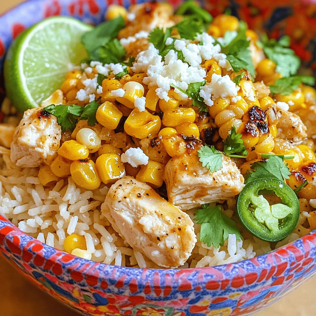 - 2 cups cooked jasmine rice - 2 medium chicken breasts, diced - 1 cup corn kernels (fresh or frozen) - 1 tablespoon chili powder - 1 teaspoon ground cumin - 1 tablespoon extra virgin olive oil - 2 tablespoons unsalted butter - 1/2 cup cotija cheese, crumbled - 1/4 cup fresh cilantro, finely chopped - 1 lime, juiced - Salt and pepper to taste - Optional: sliced jalapeños The main ingredients create a solid base for this dish. Jasmine rice adds sweetness and texture. Chicken gives protein and heartiness. Corn brings a crunchy, sweet pop. Chili powder and cumin add warmth and depth to your bowl. The flavor enhancers elevate your dish. Extra virgin olive oil provides healthy fats and richness. Butter adds a creamy touch to the corn. Cotija cheese brings saltiness and a crumbly texture that ties it all together. Finally, fresh elements like cilantro and lime brighten the dish. They add a burst of flavor and color. Salt and pepper are essential for balancing all the tastes. If you like spice, jalapeños can give your meal a kick. If you want to dive into the full recipe, don't miss the chance to try my Zesty Chicken Rice Bowl with Roasted Street Corn! First, season the diced chicken. Use salt, pepper, chili powder, and cumin. Mix well so each piece gets coated. Next, heat olive oil in a large skillet over medium-high heat. Once hot, add the chicken. Cook for 6-8 minutes, stirring occasionally. The chicken should turn golden brown and reach an internal temperature of 165°F. Once done, take the skillet off the heat and set the chicken aside. In the same skillet, add unsalted butter. Let it melt fully. Then, add the corn kernels. Stir them often. Cook for about 5-7 minutes. This time allows the corn to get charred marks. Season with salt, pepper, and half of the lime juice. Mix well and remove from heat. Now, grab a large serving bowl. Start with a layer of cooked jasmine rice. Then, add the sautéed chicken on top. Finally, evenly distribute the roasted street corn mixture over everything. Sprinkle crumbled cotija cheese over the dish. Next, add chopped cilantro for freshness. Drizzle the remaining lime juice across the top. This will brighten the flavors and make it pop. If you love spice, add sliced jalapeños on top. They will give your bowl an extra kick. Feel free to adjust the amount to your taste! For the complete recipe, check the [Full Recipe]. - Ensuring chicken is cooked through: Always check the chicken's internal temperature. It should reach 165°F for safe eating. Use a meat thermometer for accuracy. Cook the chicken for about 6-8 minutes, stirring often, until it turns golden brown. - Tips for perfecting roasted corn: For great flavor, use fresh corn if possible. If using frozen, thaw it first. Melt your butter in the skillet before adding corn. Cook it on medium heat until it gets nice charred marks, about 5-7 minutes. This adds a toasty taste that makes the dish pop. - Serving suggestions for visual appeal: Use a colorful bowl to make your dish stand out. Layer the rice first, then add chicken and corn on top. Finish with cotija cheese and cilantro for a bright look. - Enhancing flavors with lime: Always include lime wedges. They add a fresh burst of flavor. A squeeze of lime juice before eating brightens the whole bowl. It brings all the flavors together and makes every bite taste better. - Preparing ingredients in advance: To save time, you can dice the chicken and prep the corn ahead. Store them in the fridge until you are ready to cook. This makes weeknight meals quick and easy. - Storing leftovers effectively: Keep any leftover chicken rice bowl in an airtight container. It stays fresh in the fridge for up to three days. When you reheat, add a splash of water to keep the rice moist. This helps retain the dish's flavors. {{image_4}} You can switch out the chicken for shrimp or tofu. Shrimp cooks fast and adds a nice flavor. Just sauté the shrimp until they turn pink, about 3-4 minutes. Tofu offers a hearty option for plant-based eaters. Use firm tofu, press it to remove moisture, and then cube it. Cook it until golden brown. Adding more veggies boosts nutrition and flavor. Bell peppers, zucchini, or spinach all work well. Toss them in with the chicken or shrimp and let them cook for a few minutes. This adds color and crunch to your bowl. If you want a healthier option, try brown rice or quinoa. Brown rice has more fiber and a nice nutty flavor. Quinoa is gluten-free and packs a protein punch. Both can replace jasmine rice in this dish. You can also use cauliflower rice for a low-carb twist. Just sauté riced cauliflower for a few minutes until tender. It gives you a light and fresh base for your savory toppings. Adjusting spice levels is easy. If you like it spicy, add more chili powder or fresh jalapeños. For a milder taste, reduce the chili powder or skip the jalapeños. Changing up cheese options can also add new flavors. Try feta or shredded cheddar instead of cotija. Each cheese brings a different taste and texture. Experiment with what you have on hand to make the dish your own. For the full recipe, check out the Zesty Chicken Rice Bowl with Roasted Street Corn. Store any leftover chicken rice bowl in an airtight container. Let the dish cool down first. Place it in the fridge within two hours to keep it safe. Proper storage helps maintain flavor and texture. It can last for up to three days. Always check for any off smells or changes in texture before eating. To reheat, use the microwave or a skillet. If using a microwave, cover the bowl to keep moisture in. Heat it in short bursts, stirring in between. This helps keep the chicken tender. If using a skillet, add a bit of water or broth. This prevents drying out and keeps the flavors intact. To freeze portions, let the dish cool completely first. Use freezer-safe containers or bags. This keeps it fresh for up to three months. When you’re ready to eat, thaw it in the fridge overnight. Reheat it gently using the microwave or skillet method. This will bring back the great taste of the chicken rice bowl. For the full recipe, check out the detailed version above. To make a vegetarian version, you can swap chicken for tofu or beans. Use firm tofu, diced, and sauté it until golden. For beans, black beans or chickpeas work well. Adjust the spices to keep the flavor bold. You can also add more veggies like bell peppers or zucchini for extra texture and taste. Jasmine rice is a top choice for its fragrance and softness. You can also use basmati rice for a nutty flavor. Brown rice adds a hearty texture and is more nutritious. If you want low-carb, try cauliflower rice for a fresh twist. Yes, you can prepare the rice and chicken ahead of time. Cook and store them separately in the fridge. This helps keep the rice from getting mushy. You can assemble the bowl right before serving. It’s a great option for meal prep. Many local eateries offer tasty chicken rice bowls. Chains like Chipotle and Panera often have similar dishes. Check out local food trucks or casual dining spots for unique takes on this dish. Yelp or Google Maps can help you find nearby options. Pair your chicken rice bowl with a light salad or fresh guacamole. Chips and salsa add a nice crunch. For drinks, a lime soda or iced tea complements the flavors well. You can also serve a refreshing cucumber salad on the side. This article covered how to make a delicious Chicken Rice Bowl with street corn. We discussed the essential ingredients, from cooked jasmine rice to spices. I shared easy steps for cooking chicken and corn, along with tips for a great presentation. You learned about variations and smart storage tips to keep your meal fresh. In the end, this dish is tasty and flexible. Enjoy making it your own!