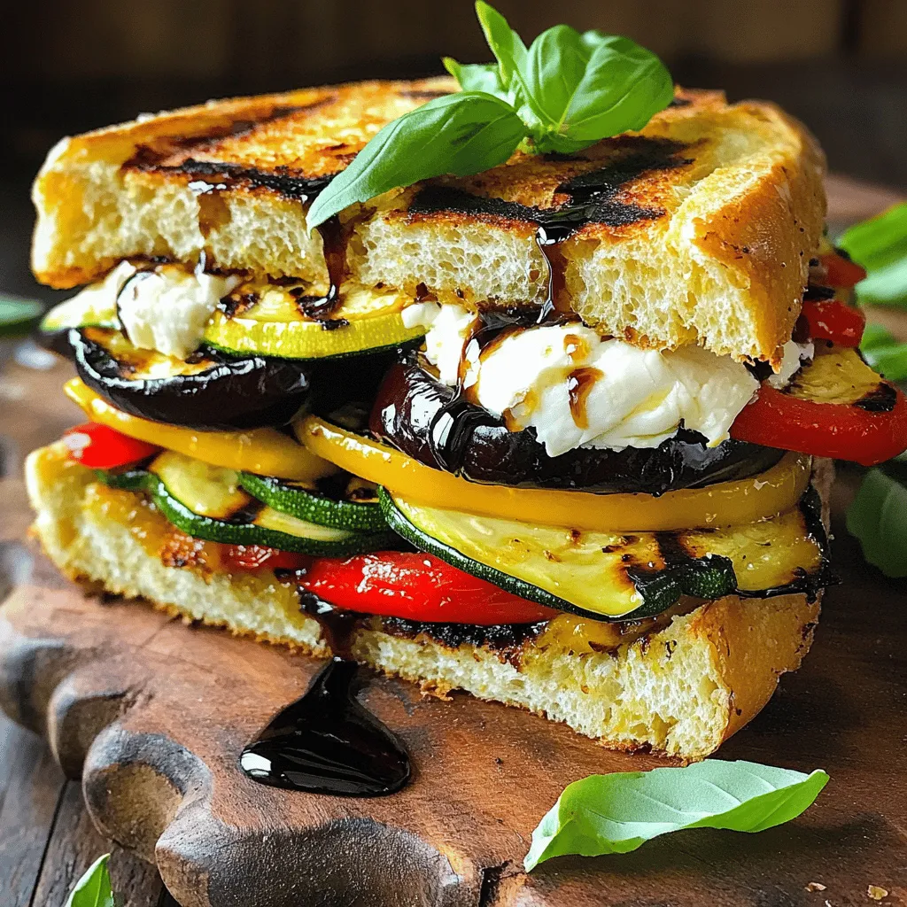 To make this tasty dish, you will need: - 1 large zucchini, thinly sliced - 1 red bell pepper, cut into thin strips - 1 small eggplant, thinly sliced - 1/2 red onion, thinly sliced - 2 tablespoons extra-virgin olive oil - Sea salt and freshly cracked black pepper, to taste - 4 slices of ciabatta bread - 8 ounces fresh burrata cheese - 1 cup fresh basil leaves, loosely packed - Balsamic glaze for a finishing drizzle You can swap some ingredients for a twist: - Use yellow squash instead of zucchini for a sweeter taste. - Try a different bell pepper color for variety. - Replace eggplant with mushrooms for a hearty bite. - Any soft cheese can work if you cannot find burrata. - Use arugula instead of basil for a peppery kick. Gather these tools before you start: - A grill pan or outdoor grill for cooking the veggies. - A mixing bowl for tossing vegetables. - A sharp knife and cutting board for slicing. - A spatula for flipping veggies on the grill. - A panini press or a second grill pan to toast the sandwich. Now you are all set with the right ingredients and tools. Let’s get cooking! Start by gathering all your ingredients. You will need: - 1 large zucchini, thinly sliced - 1 red bell pepper, cut into thin strips - 1 small eggplant, thinly sliced - 1/2 red onion, thinly sliced - 2 tablespoons extra-virgin olive oil - Sea salt and freshly cracked black pepper, to taste - 4 slices of ciabatta bread - 8 ounces fresh burrata cheese - 1 cup fresh basil leaves, loosely packed - Balsamic glaze for a finishing drizzle First, preheat your grill pan or outdoor grill. Set it to medium heat. This helps get nice grill marks on your veggies. Next, in a large bowl, mix the sliced zucchini, red bell pepper, eggplant, and red onion. Drizzle them with olive oil. Sprinkle with sea salt and black pepper. Toss well until everything is coated. Carefully place the seasoned vegetables on the grill. Let them cook for about 4-5 minutes on each side. You want them to be tender and have those beautiful grill marks. Once grilled, take the veggies off the heat and let them cool slightly. This step is key to keep the flavors intact. Now it’s time to build your panini! Take two slices of ciabatta bread. Layer the grilled veggies on top. Make sure to spread them out evenly for the best taste. Tear the fresh burrata cheese into bite-sized pieces. Scatter it over the veggies. This creamy cheese pairs perfectly with the grilled flavors. Then, add a handful of fresh basil leaves. The herbs will bring a burst of freshness. Place the other two slices of ciabatta bread on top of the loaded sandwiches. Gently press down to hold everything in place. Brush the outer sides of the sandwiches with olive oil. This helps achieve that golden, crispy crust when grilling. Put the paninis on the preheated grill or use a panini press. Grill for about 3-4 minutes on each side. You want the bread to be golden brown and crispy. Once done, remove the paninis from the grill. Slice them in half diagonally for a nice look. Drizzle with balsamic glaze for extra flavor. Enjoy your Grilled Veggie Burrata Panini! For the full recipe, refer to the earlier section. To grill vegetables well, start with fresh produce. Look for bright colors and firm textures. Slice the veggies evenly. Thin slices cook better and absorb flavor. Toss them in olive oil, salt, and pepper. This adds taste and helps them grill nicely. Always preheat your grill. A hot grill gives you great grill marks and sears the veggies quickly. Grill each side for about 4-5 minutes. Keep an eye on them. You want them tender but not mushy. For the perfect panini texture, choose good bread. Ciabatta is great because it’s crusty outside and soft inside. Brush the outside of the bread with olive oil. This helps it turn golden brown and crispy. When grilling the panini, press down gently. This ensures a good seal and melts the cheese inside. Cook on medium heat for 3-4 minutes per side. Look for that beautiful golden color. Serve the grilled veggie burrata panini while warm. Cut it in half for a nice look. Drizzle balsamic glaze on top for added flavor. You can arrange the panini on a wooden board. Add a side of mixed greens for freshness. For extra flair, garnish with basil leaves. You can also serve a small bowl of balsamic glaze for dipping. This makes each bite even more delicious. For more ideas, check out the Full Recipe for variations and tips. {{image_4}} You can change up the veggies in your panini. Try using mushrooms for a hearty bite. Spinach adds a nice green touch and freshness. Roasted red peppers bring sweetness and color. Carrots can add a crunchy texture. Don't be afraid to mix and match to find your favorite blend! Burrata is creamy and rich, but other cheeses work too. Try mozzarella for a milder taste. Feta adds a tangy flavor that brightens the dish. Goat cheese gives a nice creaminess and a unique taste. Each cheese brings something special to your panini. You can easily make this panini vegan. Swap burrata with cashew cheese for creaminess. Use avocado slices for a rich and buttery texture. For the bread, ensure it’s dairy-free. You can also add hummus for extra flavor and protein. These simple swaps make the dish just as tasty! For the full recipe, check the instructions above! To keep your leftover paninis fresh, wrap them tightly in plastic wrap or foil. This helps prevent them from drying out. Place them in an airtight container in the fridge. They will stay good for up to two days. If you want to enjoy them later, storing them properly is key! When you’re ready to eat your panini again, the best way to reheat it is by using a grill or a pan. Heat the grill or pan over medium heat. Place the panini on it for about 3-4 minutes on each side. This will make the bread crispy again. If you’re in a rush, a microwave works too, but it won’t be as crunchy. If you want to make this dish ahead of time, you can freeze the paninis. Wrap each one tightly in plastic wrap. Then, place them in a freezer bag or container. They can be stored in the freezer for up to three months. When you want to eat one, let it thaw in the fridge overnight. Then, reheat it using the tips above. This way, you always have a tasty meal ready! Burrata cheese is a fresh Italian cheese. It has a soft outer shell made of mozzarella. Inside, it’s creamy and rich. This texture makes it perfect for any dish. Burrata adds a lovely taste to the grilled veggie panini. You can find burrata at many grocery stores or cheese shops. Yes, you can prepare some parts ahead. Grill the veggies and store them in the fridge. You can also slice the bread and cheese. When you're ready to eat, just assemble and grill the panini. This will save you time and still give you a tasty meal. To add heat, try these ideas: - Red pepper flakes: Sprinkle some on the veggies before grilling. - Spicy cheese: Swap burrata for pepper jack or spicy goat cheese. - Hot sauce: Drizzle some on the inside before grilling. These will give your panini a nice kick! Enjoy customizing your grilled veggie burrata panini. For the full recipe, check the recipe card. You learned how to make a tasty Grilled Veggie Burrata Panini. We covered the key ingredients, useful tools, and step-by-step instructions. I shared tips for grilling veggies and achieved the best texture for your panini. You can also try different cheeses and veggies for fun twists. Remember to store leftovers properly for later enjoyment. I hope you feel ready to make this delicious dish and explore your own variations! Enjoy every bite!