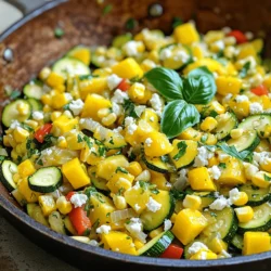 - 2 medium zucchinis, diced - 1 medium yellow squash, diced - 1 cup fresh corn kernels - 1 red bell pepper, chopped - 1 small onion, finely diced - 3 cloves garlic, minced - 1 teaspoon smoked paprika - 1 teaspoon ground cumin - Salt and freshly ground black pepper to taste - 2 tablespoons extra virgin olive oil - 1/4 cup fresh basil, chopped - 1/4 cup feta cheese, crumbled (optional) The main ingredients in this dish create a colorful and vibrant mix. The zucchinis and yellow squash provide a soft base, while the corn adds sweetness. The red bell pepper gives a nice crunch and a pop of color. The onion and garlic create a savory base, making the dish fragrant and inviting. For spices, I use smoked paprika and ground cumin. They bring a warm, earthy flavor that pairs well with the veggies. Don't forget to add salt and pepper to taste; they enhance all the fresh flavors. You can drizzle the extra virgin olive oil over the veggies to help them cook evenly and add a rich taste. Fresh basil adds a bright note, while feta cheese, if you choose to use it, gives a creamy finish. You can find the full recipe [here]. - Heat olive oil in a non-stick skillet over medium heat. - Sauté diced onion until soft and translucent. Start by adding the olive oil to your skillet. You want it hot but not smoking. Next, toss in the diced onion. Stir it around for about 3-4 minutes. The goal is to make the onion soft and a bit clear. This step lays the base for a tasty dish. - Add minced garlic and cook briefly. - Introduce diced zucchini and yellow squash. Once the onion looks good, it’s time to add the minced garlic. Cook it for one minute. This helps release its great aroma. After that, add the diced zucchini and yellow squash. Stir these for about 5-6 minutes. They should soften and brighten up, making your skillet colorful and inviting. - Stir in chopped red bell pepper and corn kernels. - Season with spices; simmer to harmonize flavors. Now, it’s time to bring in the chopped red bell pepper and corn. Mix everything well. Cook for another 4-5 minutes. You want all the veggies to be tender but still bright. Then, sprinkle in smoked paprika, ground cumin, salt, and black pepper. Stir thoroughly so the spices coat the veggies. Let them simmer for 2-3 minutes. This helps all the flavors come together perfectly. With these steps, you create a vibrant and delicious Squash and Corn Summer Skillet. For the full recipe, check out the detailed instructions above. - Ensure oil is properly heated for sautéing: Start by heating your olive oil in a non-stick skillet over medium heat. The oil should shimmer but not smoke. This helps to cook your veggies evenly. - Avoid overcooking the garlic and vegetables: When you add garlic, stir it for just one minute. This keeps it fragrant and prevents bitterness. For the vegetables, cook them until tender but still bright in color. - Serve directly from the skillet for rustic appeal: This adds charm to your meal. Guests enjoy the look and feel of a home-cooked dish right from the pan. - Suggestions for drizzling extra olive oil before serving: A drizzle of olive oil adds richness and shine. You can also sprinkle some fresh basil or feta cheese for color and flavor. - Options for using frozen corn when fresh isn't available: If fresh corn isn’t on hand, frozen corn works great. Just add it straight into the pan and adjust the cooking time slightly. - Alternative herbs and cheeses to enhance flavor: Try using fresh thyme or oregano for a different taste. You can also swap feta cheese for goat cheese or omit it for a dairy-free option. For the full recipe, check out the detailed cooking steps and ingredient list! {{image_4}} You can easily add protein to your Squash and Corn Summer Skillet. If you like meat, try adding cooked chicken or shrimp. Just add them after the veggies soften. Cook them until heated through. For a vegetarian option, add chickpeas or black beans. They add great texture and protein. Rinse and drain canned beans before adding them. Mix them in during the last few minutes of cooking. This keeps the beans warm without overcooking. To change the flavor, add herbs like thyme or oregano. These herbs pair well with squash and corn. You can chop fresh herbs and sprinkle them in during cooking. Dried herbs work too; just use less. You can also try different spices. Smoked paprika gives a lovely depth. Cumin adds warmth. Want some heat? Add a pinch of cayenne or crushed red pepper. Experiment and find your favorite blend. If you're watching calories, you can adjust the recipe. Use less oil or skip the feta cheese. This keeps the dish light yet flavorful. For a dairy-free option, just leave out the feta cheese. Your skillet will still taste great. You can also add more veggies for extra nutrients. Think spinach or kale for a colorful boost. To store leftovers, cool the dish to room temp first. Then, place it in an airtight container. This will keep it fresh for longer. I recommend using glass or BPA-free plastic containers. They help keep your food safe and tasty. If you want to freeze servings for later, divide the dish into portions. Use freezer-safe containers or bags. Remove as much air as you can to prevent freezer burn. To thaw, place in the fridge overnight. Reheat on the stove or microwave until hot. In the fridge, this dish lasts about 3 to 4 days. Check for signs of spoilage. If you see mold or an off smell, discard it. Always trust your senses when it comes to food safety. You can use carrots or bell peppers instead of zucchini and squash. Carrots add a nice crunch and sweetness. Bell peppers bring a burst of color and flavor. Both options work well and keep the dish fresh and vibrant. Yes, you can make this dish vegan. Just leave out the feta cheese. The other ingredients provide great taste and texture. You might even try adding some nutritional yeast for a cheesy flavor without dairy. This dish pairs well with grilled chicken or fish. It also complements rice or quinoa nicely. For a light meal, serve it with a simple green salad. You can even enjoy it as a filling for tacos or wraps. Absolutely! You can prepare the vegetables ahead of time and store them in the fridge. For best results, cook and reheat the dish on the stove or in the microwave. This keeps the vegetables from getting too soggy. The total time for this dish is about 25 minutes. You’ll need 10 minutes for prep and 15 minutes for cooking. It’s quick and easy, making it perfect for a busy weeknight meal. This blog post shared a simple recipe for Squash and Corn Summer Skillet. We discussed vital ingredients, cooking steps, and helpful tips. You learned about fun variations, like adding protein or herbs. I also provided storage info to keep your dish fresh. Be creative with your flavors and serve this dish any way you like. Enjoy cooking and sharing this vibrant meal with others!