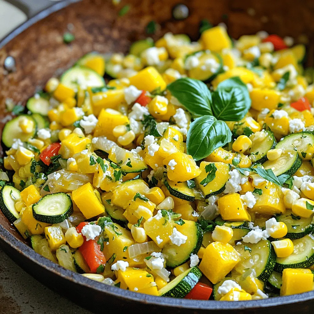 - 2 medium zucchinis, diced - 1 medium yellow squash, diced - 1 cup fresh corn kernels - 1 red bell pepper, chopped - 1 small onion, finely diced - 3 cloves garlic, minced - 1 teaspoon smoked paprika - 1 teaspoon ground cumin - Salt and freshly ground black pepper to taste - 2 tablespoons extra virgin olive oil - 1/4 cup fresh basil, chopped - 1/4 cup feta cheese, crumbled (optional) The main ingredients in this dish create a colorful and vibrant mix. The zucchinis and yellow squash provide a soft base, while the corn adds sweetness. The red bell pepper gives a nice crunch and a pop of color. The onion and garlic create a savory base, making the dish fragrant and inviting. For spices, I use smoked paprika and ground cumin. They bring a warm, earthy flavor that pairs well with the veggies. Don't forget to add salt and pepper to taste; they enhance all the fresh flavors. You can drizzle the extra virgin olive oil over the veggies to help them cook evenly and add a rich taste. Fresh basil adds a bright note, while feta cheese, if you choose to use it, gives a creamy finish. You can find the full recipe [here]. - Heat olive oil in a non-stick skillet over medium heat. - Sauté diced onion until soft and translucent. Start by adding the olive oil to your skillet. You want it hot but not smoking. Next, toss in the diced onion. Stir it around for about 3-4 minutes. The goal is to make the onion soft and a bit clear. This step lays the base for a tasty dish. - Add minced garlic and cook briefly. - Introduce diced zucchini and yellow squash. Once the onion looks good, it’s time to add the minced garlic. Cook it for one minute. This helps release its great aroma. After that, add the diced zucchini and yellow squash. Stir these for about 5-6 minutes. They should soften and brighten up, making your skillet colorful and inviting. - Stir in chopped red bell pepper and corn kernels. - Season with spices; simmer to harmonize flavors. Now, it’s time to bring in the chopped red bell pepper and corn. Mix everything well. Cook for another 4-5 minutes. You want all the veggies to be tender but still bright. Then, sprinkle in smoked paprika, ground cumin, salt, and black pepper. Stir thoroughly so the spices coat the veggies. Let them simmer for 2-3 minutes. This helps all the flavors come together perfectly. With these steps, you create a vibrant and delicious Squash and Corn Summer Skillet. For the full recipe, check out the detailed instructions above. - Ensure oil is properly heated for sautéing: Start by heating your olive oil in a non-stick skillet over medium heat. The oil should shimmer but not smoke. This helps to cook your veggies evenly. - Avoid overcooking the garlic and vegetables: When you add garlic, stir it for just one minute. This keeps it fragrant and prevents bitterness. For the vegetables, cook them until tender but still bright in color. - Serve directly from the skillet for rustic appeal: This adds charm to your meal. Guests enjoy the look and feel of a home-cooked dish right from the pan. - Suggestions for drizzling extra olive oil before serving: A drizzle of olive oil adds richness and shine. You can also sprinkle some fresh basil or feta cheese for color and flavor. - Options for using frozen corn when fresh isn't available: If fresh corn isn’t on hand, frozen corn works great. Just add it straight into the pan and adjust the cooking time slightly. - Alternative herbs and cheeses to enhance flavor: Try using fresh thyme or oregano for a different taste. You can also swap feta cheese for goat cheese or omit it for a dairy-free option. For the full recipe, check out the detailed cooking steps and ingredient list! {{image_4}} You can easily add protein to your Squash and Corn Summer Skillet. If you like meat, try adding cooked chicken or shrimp. Just add them after the veggies soften. Cook them until heated through. For a vegetarian option, add chickpeas or black beans. They add great texture and protein. Rinse and drain canned beans before adding them. Mix them in during the last few minutes of cooking. This keeps the beans warm without overcooking. To change the flavor, add herbs like thyme or oregano. These herbs pair well with squash and corn. You can chop fresh herbs and sprinkle them in during cooking. Dried herbs work too; just use less. You can also try different spices. Smoked paprika gives a lovely depth. Cumin adds warmth. Want some heat? Add a pinch of cayenne or crushed red pepper. Experiment and find your favorite blend. If you're watching calories, you can adjust the recipe. Use less oil or skip the feta cheese. This keeps the dish light yet flavorful. For a dairy-free option, just leave out the feta cheese. Your skillet will still taste great. You can also add more veggies for extra nutrients. Think spinach or kale for a colorful boost. To store leftovers, cool the dish to room temp first. Then, place it in an airtight container. This will keep it fresh for longer. I recommend using glass or BPA-free plastic containers. They help keep your food safe and tasty. If you want to freeze servings for later, divide the dish into portions. Use freezer-safe containers or bags. Remove as much air as you can to prevent freezer burn. To thaw, place in the fridge overnight. Reheat on the stove or microwave until hot. In the fridge, this dish lasts about 3 to 4 days. Check for signs of spoilage. If you see mold or an off smell, discard it. Always trust your senses when it comes to food safety. You can use carrots or bell peppers instead of zucchini and squash. Carrots add a nice crunch and sweetness. Bell peppers bring a burst of color and flavor. Both options work well and keep the dish fresh and vibrant. Yes, you can make this dish vegan. Just leave out the feta cheese. The other ingredients provide great taste and texture. You might even try adding some nutritional yeast for a cheesy flavor without dairy. This dish pairs well with grilled chicken or fish. It also complements rice or quinoa nicely. For a light meal, serve it with a simple green salad. You can even enjoy it as a filling for tacos or wraps. Absolutely! You can prepare the vegetables ahead of time and store them in the fridge. For best results, cook and reheat the dish on the stove or in the microwave. This keeps the vegetables from getting too soggy. The total time for this dish is about 25 minutes. You’ll need 10 minutes for prep and 15 minutes for cooking. It’s quick and easy, making it perfect for a busy weeknight meal. This blog post shared a simple recipe for Squash and Corn Summer Skillet. We discussed vital ingredients, cooking steps, and helpful tips. You learned about fun variations, like adding protein or herbs. I also provided storage info to keep your dish fresh. Be creative with your flavors and serve this dish any way you like. Enjoy cooking and sharing this vibrant meal with others!
