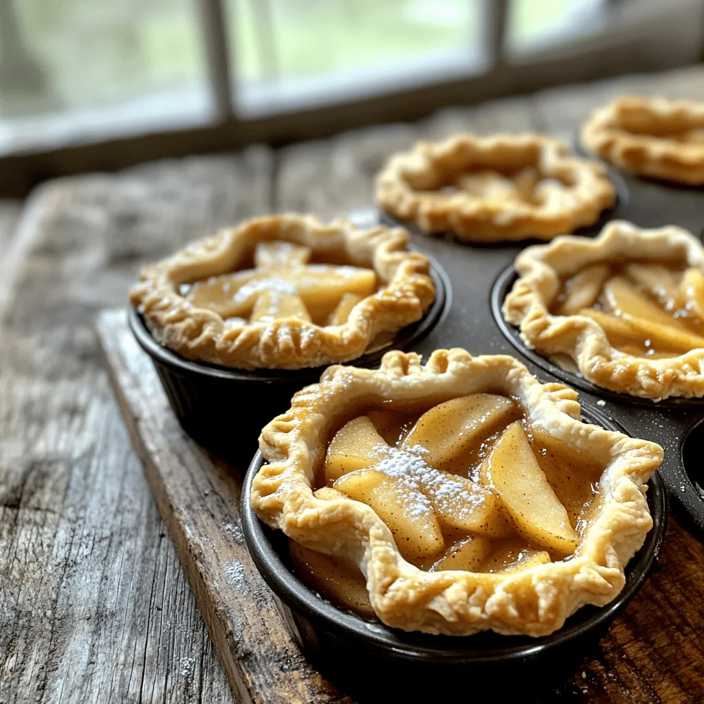 - Apples: I recommend using Granny Smith or Honeycrisp apples. These apples have the right balance of sweet and tart. Peel, core, and dice them into small pieces. This helps them cook evenly and fill your pies nicely. - Sweetener and spices: For sweetness, use 1/2 cup of brown sugar. It adds a rich flavor. You also need 1 teaspoon of ground cinnamon and 1/4 teaspoon of ground nutmeg. These spices bring warmth and depth to the filling. A tablespoon of lemon juice brightens the flavor and keeps the apples fresh. Cornstarch helps thicken the filling, so use 1 tablespoon. - Pie crust options: I suggest using pre-made pie crusts, which save time. A package usually contains two crusts. Roll them out a bit to make them easier to work with. - Egg wash and garnish details: For the egg wash, beat 1 egg until smooth. This gives your mini pies a shiny, golden top. You can sprinkle 1 tablespoon of granulated sugar on top for extra sweetness and crunch. These ingredients come together to create a delightful treat that is both easy and fun to make. For the full recipe, be sure to follow along! 1. Preheat the Oven: First, set your oven to 375°F (190°C). This heat will help your pies bake perfectly. 2. Create the Apple Filling Mixture: In a bowl, mix diced apples with brown sugar, ground cinnamon, nutmeg, lemon juice, and cornstarch. Stir well to coat the apples. Let this sit for a few minutes. The flavors will blend and deepen. 3. Grease the Muffin Tin: Lightly coat your muffin tin with non-stick spray or softened butter. This step is key for easy removal later. 4. Rolling Out the Pie Crust: On a floured surface, roll out your pre-made pie crusts. Aim for an even thickness. Use a round cutter or a glass to cut out 12 circles from the dough, each about 4 inches wide. 5. Forming Pie Shells: Place each dough circle into a muffin cup. Press it gently against the bottom and sides. Make sure the edges rise a bit above the rim. This adds to the look and keeps the filling in. 1. Filling the Pie Shells: Spoon your apple filling into each pie shell. Fill them just to the brim. This helps prevent any overflow while baking. 2. Creating Decorative Topping: With leftover dough, cut out smaller shapes for a decorative lid. Think stars or hearts! You can also leave them open for a rustic feel. 3. Applying Egg Wash: Brush the tops with the beaten egg. This gives your pies a golden color. Sprinkle a bit of granulated sugar on top for a sweet crunch. 4. Baking Instructions: Place the muffin tin in the oven and bake for 20-25 minutes. Look for a golden brown crust and bubbling apple filling to know they are done. 5. Cool and Serve: Let the mini pies cool in the tin for about 10 minutes. Then, move them to a wire rack to cool fully. The smell will fill your kitchen and make everyone eager to try them. For the complete recipe with all the ingredients and detailed steps, check out the Full Recipe. Choosing the right apples is key. I love using Granny Smith or Honeycrisp apples. They provide a great mix of sweetness and tartness. Their firm texture holds up well during baking. Avoid soft apples as they can turn mushy. For a flaky crust, here are my favorite techniques: - Keep Ingredients Cold: Use cold butter and ice water. This helps create layers. - Don’t Overwork the Dough: Mix just until combined. Overworking makes it tough. - Chill the Dough: Refrigerate the dough for at least 30 minutes before rolling. This helps the gluten relax. What do you do if your pies overflow? First, avoid overfilling them. Fill the shells just to the brim. If they do overflow, place a baking sheet under the muffin tin. This will catch any drips. Adjusting baking time is also important. Ovens can vary in heat. Start checking your pies a few minutes early. Look for a golden crust and bubbling filling. If your oven runs hot, reduce the baking time slightly. If it runs cool, add a few extra minutes. {{image_4}} You can switch up the filling in your mini apple pies. Try using other fruits like pears or berries. Each fruit adds a unique taste. For a fun twist, mix fruits together. Imagine a berry and apple pie! When it comes to crust, don't be shy to explore. You can use gluten-free crusts if you want. Whole wheat crusts also offer a nutty flavor. Both options can still give you a nice, flaky texture. Pair your mini apple pies with ice cream or whipped cream. Adding a drizzle of caramel sauce makes them even more special. The warm pie contrasts beautifully with cold ice cream. For special occasions, think about presentation. Arrange the pies on a nice platter. Garnish with fresh mint leaves. This makes your dessert look fancy and inviting. For the full recipe, check out the details above. To keep your muffin tin mini apple pies fresh, store them properly. The best way is to let them cool completely. Then, place them in an airtight container. If you put them in the fridge, they stay fresh for up to five days. Make sure to separate layers with parchment paper to avoid sticking. If you want to keep them longer, freezing is a great option. Wrap each mini pie tightly in plastic wrap. Then, place the wrapped pies in a freezer-safe bag. They can last up to three months in the freezer. When you’re ready to eat them, you can thaw them in the fridge overnight. To enjoy your mini apple pies warm, reheating is key. Preheat your oven to 350°F (175°C). Place the pies on a baking sheet. Heat them for about 10-15 minutes or until they are warm throughout. This method makes the crust crispy again. You can also use a microwave if you’re in a hurry. Just heat them for about 20-30 seconds. However, this may make the crust soft. For the best texture, use the oven method. For the full recipe, check out the [Full Recipe]. Can I use fresh apples instead of canned? Yes, you can use fresh apples. I recommend Granny Smith or Honeycrisp apples. They add a nice tartness and crunch. Just peel, core, and dice them before mixing with the sugar and spices. Fresh apples will give your mini pies a great flavor. What is the best way to prevent a soggy crust? To avoid a soggy crust, make sure your filling is not too wet. Drain any excess liquid from the apple mixture. Also, pre-baking the crust for a few minutes helps create a barrier. This way, your crust stays crisp and delicious. How long do mini apple pies typically last? Mini apple pies can last about 3-4 days in the fridge. Keep them in an airtight container to maintain freshness. If you want to store them longer, consider freezing them. They can stay good for up to 3 months in the freezer. Just thaw and reheat before serving. For the complete details on making these delightful treats, refer to the Full Recipe. In this post, you learned to make delicious mini apple pies using a muffin tin. We covered ingredients, preparation steps, and baking tips. You discovered ways to make them your own with flavor variations and serving suggestions. Proper storage and reheating methods ensure your pies stay fresh and tasty. Now you can impress friends and family with your baking skills. Enjoy your mini apple pies, and don’t forget to share them with others!