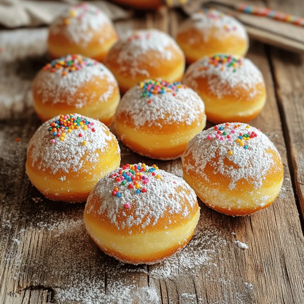 To make these delightful cream soda donut holes, you need a mix of simple ingredients. This full recipe yields 24 delicious donut holes. Here’s what you will need: - 2 cups all-purpose flour - 3/4 cup granulated sugar - 1 tablespoon baking powder - 1/2 teaspoon salt - 2 large eggs - 1/2 cup whole milk - 1 cup cream soda - 1/2 cup unsalted butter, melted - 1 teaspoon vanilla extract - 1 cup powdered sugar (for coating) - Sprinkles for decoration (optional) Each ingredient plays a role in creating that sweet, fluffy texture. The cream soda adds a fun burst of flavor, making these treats unique. If you can’t find an ingredient, don’t worry! Here are some easy swaps: - For all-purpose flour, use gluten-free flour for a gluten-free option. - Instead of whole milk, almond milk or oat milk work well. - You can replace unsalted butter with coconut oil for a dairy-free version. - Use a sugar substitute for a lower-calorie treat. These substitutions keep the fun of making cream soda donut holes while catering to different diets. Enjoy the process! To make these cream soda donut holes, start by gathering your ingredients. You need: - 2 cups all-purpose flour - 3/4 cup granulated sugar - 1 tablespoon baking powder - 1/2 teaspoon salt - 2 large eggs - 1/2 cup whole milk - 1 cup cream soda - 1/2 cup unsalted butter, melted - 1 teaspoon vanilla extract - 1 cup powdered sugar (for coating) - Sprinkles for decoration (optional) First, preheat your oven to 350°F (175°C). Prepare a mini muffin tin or donut hole pan by greasing it well. This step helps keep the donut holes from sticking. In a large bowl, whisk the flour, sugar, baking powder, and salt together until they blend nicely. In another bowl, beat the eggs, milk, cream soda, melted butter, and vanilla. Make sure this mix is smooth. Pour the wet mix into the dry mix. Stir gently until just combined. Lumpy batter is key for fluffy donut holes. Next, fill each cavity in your pan about two-thirds full with the batter. This allows the donut holes to rise without spilling over. Place the pan in your oven and bake for 12 to 15 minutes. To check if they are done, insert a toothpick. If it comes out clean, they are ready! Once they are baked, let the donut holes cool in the pan for about 5 minutes. Then, move them to a wire rack to cool completely. While they are still warm, roll each donut hole in powdered sugar. This gives them a sweet coating. If you like, add colorful sprinkles for fun! You can serve these delicious cream soda donut holes warm or at room temperature. They make a great treat for any day. For the full recipe, check out the earlier section. To get fluffy donut holes, mix the batter gently. Over-mixing makes them dense. You want lumps in the batter; they help create a light texture. Use a light hand when filling the pan. Aim for two-thirds full to allow them to rise perfectly. A few mistakes can ruin your donut holes. First, avoid using cold ingredients. Cold eggs or milk can lead to uneven baking. Second, do not skip the greasing step. This step is crucial to prevent sticking. Lastly, check the baking time. Donut holes can overbake quickly, so watch them closely. These donut holes shine when served warm. They are perfect for parties or casual snacks. Arrange them on a tiered stand for a fun look. You can add a bowl of extra sprinkles on the side. Guests love to customize their treats! For a twist, serve with chocolate sauce or fruit dips. Enjoy these delightful bites with family and friends! {{image_4}} You can change the flavor of your cream soda donut holes easily. Try using vanilla extract for a classic taste. You can also swap in chocolate extract for a rich twist. For a fruity note, add orange or lemon zest to the batter. Each flavor brings a new vibe to your treat. Just ensure you stick to the same base recipe for the best results. If you need a gluten-free version, it is simple! Use a 1:1 gluten-free flour blend instead of regular flour. This swap keeps the donut holes soft and fluffy. Be sure to check that your baking powder is gluten-free too. This way, everyone can enjoy that sweet, creamy goodness. Toppings make your donut holes even more fun. A simple glaze adds a shiny finish. Mix powdered sugar with a bit of milk or cream soda for a sweet glaze. You can also roll them in cinnamon sugar for a cozy feel. Want some crunch? Add chopped nuts like pecans or almonds. Sprinkles are always a hit too! They add color and make your treats pop. To store your leftover donut holes, place them in an airtight container. This keeps them fresh and moist. You can store them at room temperature for up to two days. If you want to keep them longer, place the container in the fridge. They will last about a week this way. Just make sure they cool completely before storing. If you want to enjoy warm donut holes again, reheating is easy. Preheat your oven to 350°F (175°C). Place the donut holes on a baking sheet. Heat them for about five to seven minutes. You can also use a microwave for quick reheating. Just warm them for 10 to 15 seconds. Avoid overheating, or they may become tough. You can make donut holes ahead of time for special events. Prepare the dough and fill the muffin tin. Cover and refrigerate the filled pan for up to 24 hours. When ready, bake as usual. This method saves time and lets you enjoy fresh donut holes without the last-minute rush. For the best taste, I recommend rolling them in powdered sugar just before serving. Yes, you can freeze cream soda donut holes. First, let them cool completely. Then, place them in a single layer on a baking sheet. Freeze them for about an hour. After that, transfer them to a freezer bag. This way, they will stay fresh for up to three months. When you're ready to eat them, let them thaw at room temperature. You can also reheat them in the oven for a few minutes. This brings back their fluffy texture. Adding fillings to donut holes is easy. After baking, let them cool slightly. Use a small knife or a piping bag to create a small hole in the center. Fill it with your favorite treat, like jam, cream, or chocolate. If you want a surprise, try using a sweet filling like Nutella or raspberry jam. Just be careful not to overfill, or they might burst! You can find pre-made cream soda donut holes at some specialty bakeries. Check local shops that focus on unique treats. Some grocery stores may also carry them in their bakery section. If you want a quick option, consider searching online. Many bakeries ship their goodies, making it easy to enjoy these sweet treats at home. This blog post covered how to make delicious cream soda donut holes. We looked at key ingredients and how to substitute them. The step-by-step guide outlined preparation, baking, and cooling. I shared tips to avoid mistakes and achieve the right texture. Flavor variations and storage tips offered even more ideas. Making these treats is fun and easy. Experiment with flavors and toppings to make them your own. Enjoy sharing them with friends and family; they’re sure to love them. Happy baking!