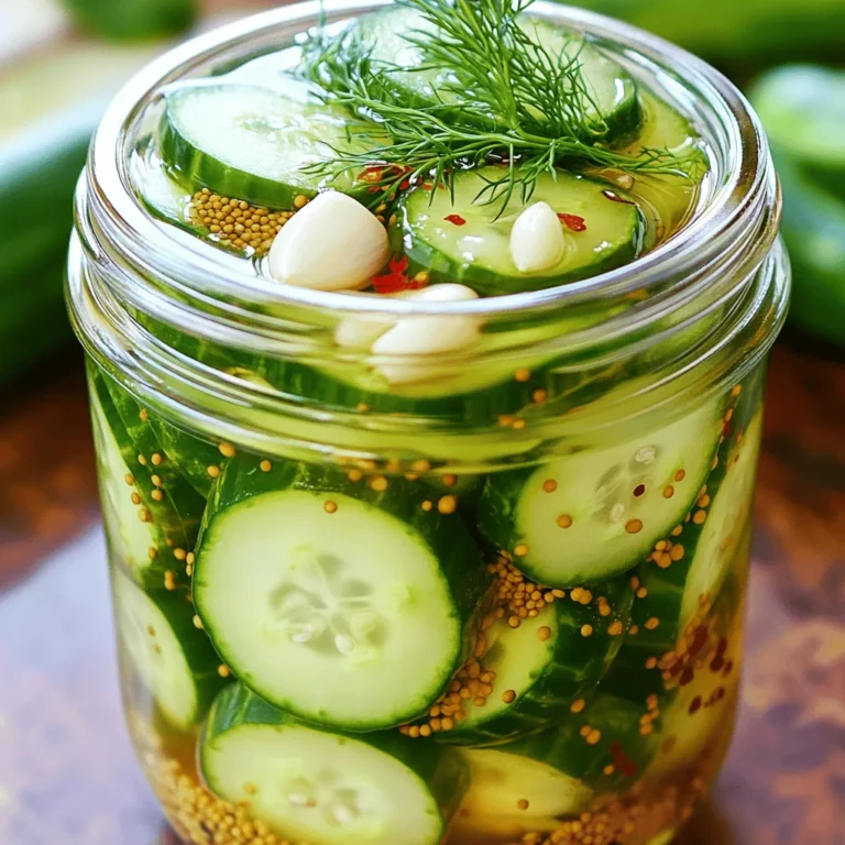 - 4 small cucumbers - 1 cup fresh water - 1 cup apple cider vinegar - 2 tablespoons granulated sugar - 1 tablespoon fine salt - 2 cloves garlic - 1 teaspoon mustard seeds - 1 teaspoon dill seeds - 1/2 teaspoon crushed red pepper flakes - Fresh dill sprigs for garnish To make quick refrigerator pickles, you need a few simple items. The main ingredients are cucumbers, water, and apple cider vinegar. I like using small cucumbers because they stay crisp and have great flavor. For seasoning, granulated sugar, fine salt, and garlic give the pickles a nice taste. The sugar balances the vinegar's tang. Don't skip the garlic; it adds depth to the flavor. You can also add optional ingredients to customize your pickles. Mustard seeds and dill seeds give an extra kick. If you like it spicy, add crushed red pepper flakes. Fresh dill sprigs make a lovely garnish and enhance the taste. In total, you can create a delightful and flavorful pickle with just these ingredients. It's fun to mix and match based on what you have at home! For the complete recipe, check out the Full Recipe. To start making your quick refrigerator pickles, combine water, apple cider vinegar, granulated sugar, and fine salt in a medium saucepan. Heat the mixture over medium heat. Stir well until the sugar and salt dissolve completely. This step is important because it forms the base for your pickles. Once dissolved, remove the saucepan from the heat and let it cool for about 10 minutes. While the brine cools, it’s time to prepare your cucumbers. Slice the small cucumbers into thin rounds. Next, take two cloves of garlic and gently smash them with the flat side of a knife. In a clean, airtight jar or container, begin layering your cucumber slices. Start with a layer of cucumber, then add the smashed garlic, mustard seeds, dill seeds, and optional crushed red pepper flakes for some heat. This layering adds flavor and texture. Now, carefully pour the cooled brine over the layered cucumbers. Make sure they are completely submerged in the liquid. This step is key for even flavor throughout the pickles. Once done, seal the jar tightly with a lid. Place it in the refrigerator and let the pickles marinate for at least 24 hours. If you can wait, the flavors will deepen. You can enjoy them after just a few hours, but be patient for the best taste. You can find the full recipe for these crispy quick refrigerator pickles to guide you through each step. Let your pickles marinate for at least 24 hours. This waiting time lets the flavors blend well. If you want more zing, consider adding spices. Mustard seeds and dill seeds bring depth. A pinch of crushed red pepper flakes adds heat if you like spice. Garnish your pickles with fresh dill. The green color looks nice and adds flavor. Serve them as a colorful appetizer or a tasty side dish. They pair well with sandwiches and BBQ. Always use clean jars to store your pickles. This keeps your pickles safe and fresh. Label your jars with the date you made them. This helps you track freshness and know when to eat them. {{image_4}} You can easily adjust the heat of your pickles. If you like spice, add more crushed red pepper flakes. They bring a nice kick. You can also try using jalapeños or other spicy peppers. Slice them thin and layer them with the cucumbers for a fun twist. This can turn a simple pickle into a spicy treat. To make your pickles unique, play with different vinegars. White wine vinegar or rice vinegar can change the taste. Each type of vinegar adds its own twist. You might also want to add herbs. Fresh thyme or basil can give your pickles a garden-fresh flavor. Just toss in a few sprigs while layering the cucumbers. This small change can lead to big flavor. The sweetness of your pickles is all up to you. If you want sweeter pickles, add more sugar. On the flip side, use less sugar for a tangier taste. You can also swap sugar with honey or agave syrup. This can add a different flavor profile. Experiment with these options to find your perfect balance. For the full recipe, check out the full recipe. To keep your quick refrigerator pickles fresh, use airtight containers or jars. This will prevent any air from getting in and ruining the flavor. Always store your pickles in the refrigerator. The cold helps keep them crunchy and tasty. Enjoy your pickles within 1-2 weeks for the best quality. After that, they may lose their crunch and flavor. Watch for signs of spoilage. If you see mold, off smells, or a change in color, it’s best to toss them out. Freezing pickles isn’t recommended. The texture changes when thawed, making them mushy. Instead, try other methods to preserve. You can make more pickles and give them away or share with friends. This way, you can enjoy your tasty treats without wasting any! Quick refrigerator pickles can last about 1 to 2 weeks in the fridge. Store them in an airtight jar to keep them fresh. Always check for any off smells or changes in texture before eating. If the pickles smell sour or feel slimy, it’s best to throw them away. Keeping your pickles submerged in the brine helps maintain their crispness and flavor. Yes, you can use many different vegetables for refrigerator pickles. Carrots, radishes, and green beans work well. You can even try cauliflower or bell peppers for a colorful mix. Just cut them into similar shapes and sizes for even pickling. The same brine works for these vegetables, but adjust the pickling time based on their texture. Quick refrigerator pickles are safe to eat if you follow proper methods. Make sure to use clean jars and fresh vegetables. The vinegar in the brine helps stop harmful bacteria. Always refrigerate your pickles after making them. If you notice any signs of spoilage or if they smell off, it's best to discard them. Enjoy your pickles safely! In this post, we explored making quick refrigerator pickles, detailing main and optional ingredients. Following simple steps, you can create tasty pickles in no time. Remember to let them marinate for the best flavor. Be creative with spices and adjust sweetness to your liking. Store in airtight jars for freshness and enjoy within 1-2 weeks. Quick pickles are fun and safe to make. With these tips, you can impress your friends or family. Now, go ahead and enjoy your homemade pickles!