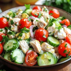 - 2 cups cooked chicken breast, diced into bite-sized pieces - 1 can (15 oz) chickpeas, thoroughly rinsed and drained - 1/2 cup plain Greek yogurt You need cooked chicken breast for protein. Chickpeas add fiber and texture. Greek yogurt gives creaminess and tang. These three ingredients make a great base for your salad. - 1/4 cup Dijon mustard - 1 tablespoon honey for a hint of sweetness - 1 cup cherry tomatoes, halved - 1/2 cup cucumber, diced - 1/4 cup red onion, finely chopped Dijon mustard adds a spicy kick. Honey balances the flavors with sweetness. Fresh veggies like cherry tomatoes, cucumbers, and red onions bring color and crunch. They also enhance the taste and nutrition of the dish. - Salt and pepper to taste - 1/4 cup fresh parsley, chopped Seasoning is key. Salt and pepper bring out the flavors. Fresh parsley adds brightness and a pop of color. Together, these seasonings elevate the dish and make it more appealing. This high protein chicken salad is not only easy to prepare but also packed with flavors and nutrients. You can find the Full Recipe in the previous section. Enjoy creating this delightful meal! 1. Start by placing the diced cooked chicken breast and rinsed chickpeas in a large bowl. Mix them well so they combine evenly. This step gives you a solid protein base. 2. Next, make the dressing. In a separate bowl, whisk together the Greek yogurt, Dijon mustard, and honey. Mix until smooth and creamy. This dressing adds a tasty kick to your salad. 3. Drizzle the dressing over the chicken and chickpeas. Use a spatula or spoon to gently mix everything together. Ensure that all the ingredients get coated with the dressing. 4. Now, add the halved cherry tomatoes, diced cucumber, finely chopped red onion, and fresh parsley. These fresh veggies bring color and crunch to the salad. 5. Carefully fold all the ingredients together with a spatula. Be gentle to keep the vegetables intact while ensuring everything is well combined. 6. Cover the mixing bowl with plastic wrap or a lid. Refrigerate the salad for at least 30 minutes. Chilling is key as it helps the flavors blend well. 7. For best results, let it chill longer if you can. The longer it sits, the better the taste becomes. Enjoy it as a meal or a side dish! For the full recipe, check out the recipe section above. To make this chicken salad easy, start with pre-cooking your chicken. I like to grill or roast chicken breast seasoned with salt and pepper. This method keeps it juicy and flavorful. Cook extra chicken when you meal prep. This way, you can use it in salads or wraps later. Store your ingredients separately until you are ready to mix. This keeps the salad fresh and crunchy. You can keep the chicken, chickpeas, and veggies in different containers in the fridge. Mix them just before serving for the best taste. When serving, consider the presentation. Use a large bowl to show off the colors. Garnish with extra parsley on top for a fresh look. You can also serve it on a bed of mixed greens for a colorful meal. Pair the salad with warm pita bread or whole-grain crackers. These sides add texture and a nice contrast to the salad’s creaminess. You can also add some sliced avocado for extra creaminess and healthy fats. To boost flavor, add spices like paprika or garlic powder. A pinch of chili flakes can add a nice kick. Don’t be afraid to try new spices. This makes your salad more exciting. Experiment with fresh herbs too. Basil or cilantro can change the salad's flavor profile. You can mix and match to find what you love best. Each herb brings its unique taste and aroma, making your salad special. {{image_4}} If you're looking for low-carb options, you can skip the chickpeas. This keeps the carbs down while still giving you protein from the chicken. If you want to make it keto-friendly, use avocado instead of Greek yogurt. Avocado adds creaminess without carbs. You can switch up the proteins in this salad. Try using canned tuna or shredded turkey. Both options keep the meal high in protein. For dressings, consider using a vinaigrette or a creamy avocado dressing. They add different flavors and textures to your salad. Adding fruits can take your chicken salad to the next level. Try diced apples or grapes for a sweet twist. You can also toss in nuts or seeds for a crunchy texture. Almonds or sunflower seeds work well and add healthy fats. For the full recipe, check out the Protein-Packed Chicken Salad section. Keep your chicken salad fresh by using airtight containers. These containers keep air out, which helps prevent spoilage. If you don’t have one, covered bowls work well too. Just make sure the cover fits snugly. For added freshness, store the salad in the fridge right after making it. This also helps the flavors blend better. Yes, you can freeze chicken salad! However, it’s best to freeze it without the fresh veggies. This way, they stay crunchy when you thaw the salad. To freeze, place the salad in a freezer-safe container. Make sure to leave some space at the top, as the salad will expand. When you want to eat it, take it out and thaw it in the fridge overnight. This keeps it safe and tasty. In the fridge, your chicken salad will last about 3 to 5 days. Always check for signs of spoilage before eating. If you see any mold or if it smells off, toss it out. A good rule is to trust your senses. If it doesn't look or smell right, it's best to let it go. Enjoy your high protein chicken salad fresh to get the best flavor! To boost protein in your chicken salad, add these ingredients: - 1 can (15 oz) chickpeas, rinsed and drained - 1/2 cup plain Greek yogurt - 1/4 cup diced hard-boiled eggs - 1/4 cup shredded cheese Chickpeas and Greek yogurt are great sources of protein. They not only enhance the taste but also make the salad creamy. Adding hard-boiled eggs increases protein and adds richness. Cheese brings a nice flavor and adds more protein. Yes, you can make this salad ahead of time. Here are some tips for meal prep: - Cook and cool chicken: Make sure your chicken is fully cooked and cooled before mixing it. - Store separately: Keep the dressing separate from the salad. This keeps veggies crisp. - Chill before serving: Refrigerate for at least 30 minutes. This helps the flavors blend well. You can prepare the chicken and chop the veggies a day before serving. Just mix everything together when you are ready to eat. Here are some great side dishes and pairings: - Whole-grain pita bread: Perfect for scooping up the salad. - Mixed greens: A fresh base adds crunch and color. - Vegetable sticks: Carrots or cucumbers are fun to dip in the salad. - Quinoa: A protein-rich grain that complements the salad well. These sides add variety and balance to your meal, making it more enjoyable. In this blog post, we explored the main ingredients, flavor boosters, and seasonings for a tasty chicken salad. We walked through step-by-step instructions on how to mix and chill your salad. I shared helpful tips for meal prep, serving suggestions, and variations to fit different diets. Finally, we discussed proper storage and answered common questions. With these insights, you can enjoy a delicious chicken salad that fits your needs. Now you can create your own version that’s both satisfying and easy to make!