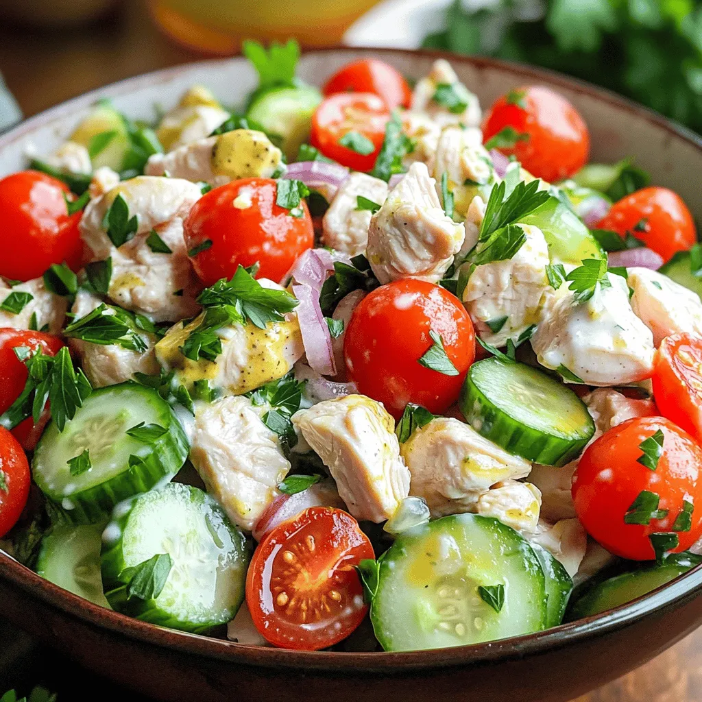 - 2 cups cooked chicken breast, diced into bite-sized pieces - 1 can (15 oz) chickpeas, thoroughly rinsed and drained - 1/2 cup plain Greek yogurt You need cooked chicken breast for protein. Chickpeas add fiber and texture. Greek yogurt gives creaminess and tang. These three ingredients make a great base for your salad. - 1/4 cup Dijon mustard - 1 tablespoon honey for a hint of sweetness - 1 cup cherry tomatoes, halved - 1/2 cup cucumber, diced - 1/4 cup red onion, finely chopped Dijon mustard adds a spicy kick. Honey balances the flavors with sweetness. Fresh veggies like cherry tomatoes, cucumbers, and red onions bring color and crunch. They also enhance the taste and nutrition of the dish. - Salt and pepper to taste - 1/4 cup fresh parsley, chopped Seasoning is key. Salt and pepper bring out the flavors. Fresh parsley adds brightness and a pop of color. Together, these seasonings elevate the dish and make it more appealing. This high protein chicken salad is not only easy to prepare but also packed with flavors and nutrients. You can find the Full Recipe in the previous section. Enjoy creating this delightful meal! 1. Start by placing the diced cooked chicken breast and rinsed chickpeas in a large bowl. Mix them well so they combine evenly. This step gives you a solid protein base. 2. Next, make the dressing. In a separate bowl, whisk together the Greek yogurt, Dijon mustard, and honey. Mix until smooth and creamy. This dressing adds a tasty kick to your salad. 3. Drizzle the dressing over the chicken and chickpeas. Use a spatula or spoon to gently mix everything together. Ensure that all the ingredients get coated with the dressing. 4. Now, add the halved cherry tomatoes, diced cucumber, finely chopped red onion, and fresh parsley. These fresh veggies bring color and crunch to the salad. 5. Carefully fold all the ingredients together with a spatula. Be gentle to keep the vegetables intact while ensuring everything is well combined. 6. Cover the mixing bowl with plastic wrap or a lid. Refrigerate the salad for at least 30 minutes. Chilling is key as it helps the flavors blend well. 7. For best results, let it chill longer if you can. The longer it sits, the better the taste becomes. Enjoy it as a meal or a side dish! For the full recipe, check out the recipe section above. To make this chicken salad easy, start with pre-cooking your chicken. I like to grill or roast chicken breast seasoned with salt and pepper. This method keeps it juicy and flavorful. Cook extra chicken when you meal prep. This way, you can use it in salads or wraps later. Store your ingredients separately until you are ready to mix. This keeps the salad fresh and crunchy. You can keep the chicken, chickpeas, and veggies in different containers in the fridge. Mix them just before serving for the best taste. When serving, consider the presentation. Use a large bowl to show off the colors. Garnish with extra parsley on top for a fresh look. You can also serve it on a bed of mixed greens for a colorful meal. Pair the salad with warm pita bread or whole-grain crackers. These sides add texture and a nice contrast to the salad’s creaminess. You can also add some sliced avocado for extra creaminess and healthy fats. To boost flavor, add spices like paprika or garlic powder. A pinch of chili flakes can add a nice kick. Don’t be afraid to try new spices. This makes your salad more exciting. Experiment with fresh herbs too. Basil or cilantro can change the salad's flavor profile. You can mix and match to find what you love best. Each herb brings its unique taste and aroma, making your salad special. {{image_4}} If you're looking for low-carb options, you can skip the chickpeas. This keeps the carbs down while still giving you protein from the chicken. If you want to make it keto-friendly, use avocado instead of Greek yogurt. Avocado adds creaminess without carbs. You can switch up the proteins in this salad. Try using canned tuna or shredded turkey. Both options keep the meal high in protein. For dressings, consider using a vinaigrette or a creamy avocado dressing. They add different flavors and textures to your salad. Adding fruits can take your chicken salad to the next level. Try diced apples or grapes for a sweet twist. You can also toss in nuts or seeds for a crunchy texture. Almonds or sunflower seeds work well and add healthy fats. For the full recipe, check out the Protein-Packed Chicken Salad section. Keep your chicken salad fresh by using airtight containers. These containers keep air out, which helps prevent spoilage. If you don’t have one, covered bowls work well too. Just make sure the cover fits snugly. For added freshness, store the salad in the fridge right after making it. This also helps the flavors blend better. Yes, you can freeze chicken salad! However, it’s best to freeze it without the fresh veggies. This way, they stay crunchy when you thaw the salad. To freeze, place the salad in a freezer-safe container. Make sure to leave some space at the top, as the salad will expand. When you want to eat it, take it out and thaw it in the fridge overnight. This keeps it safe and tasty. In the fridge, your chicken salad will last about 3 to 5 days. Always check for signs of spoilage before eating. If you see any mold or if it smells off, toss it out. A good rule is to trust your senses. If it doesn't look or smell right, it's best to let it go. Enjoy your high protein chicken salad fresh to get the best flavor! To boost protein in your chicken salad, add these ingredients: - 1 can (15 oz) chickpeas, rinsed and drained - 1/2 cup plain Greek yogurt - 1/4 cup diced hard-boiled eggs - 1/4 cup shredded cheese Chickpeas and Greek yogurt are great sources of protein. They not only enhance the taste but also make the salad creamy. Adding hard-boiled eggs increases protein and adds richness. Cheese brings a nice flavor and adds more protein. Yes, you can make this salad ahead of time. Here are some tips for meal prep: - Cook and cool chicken: Make sure your chicken is fully cooked and cooled before mixing it. - Store separately: Keep the dressing separate from the salad. This keeps veggies crisp. - Chill before serving: Refrigerate for at least 30 minutes. This helps the flavors blend well. You can prepare the chicken and chop the veggies a day before serving. Just mix everything together when you are ready to eat. Here are some great side dishes and pairings: - Whole-grain pita bread: Perfect for scooping up the salad. - Mixed greens: A fresh base adds crunch and color. - Vegetable sticks: Carrots or cucumbers are fun to dip in the salad. - Quinoa: A protein-rich grain that complements the salad well. These sides add variety and balance to your meal, making it more enjoyable. In this blog post, we explored the main ingredients, flavor boosters, and seasonings for a tasty chicken salad. We walked through step-by-step instructions on how to mix and chill your salad. I shared helpful tips for meal prep, serving suggestions, and variations to fit different diets. Finally, we discussed proper storage and answered common questions. With these insights, you can enjoy a delicious chicken salad that fits your needs. Now you can create your own version that’s both satisfying and easy to make!