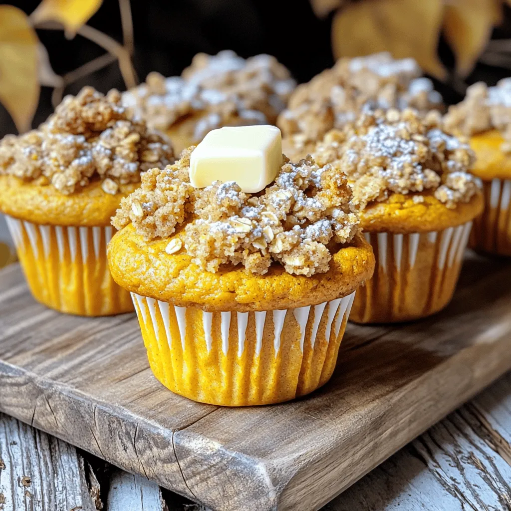 To make delicious pumpkin streusel muffins, gather these main ingredients: - 1 cup all-purpose flour - 1 cup whole wheat flour - 1 teaspoon baking powder - 1 teaspoon baking soda - 1 teaspoon ground cinnamon - 1/2 teaspoon ground nutmeg - 1/2 teaspoon salt - 1 cup canned pumpkin puree - 3/4 cup granulated sugar - 1/2 cup brown sugar, packed - 1/2 cup vegetable oil - 2 large eggs - 1 teaspoon vanilla extract These ingredients create a rich, moist base for your muffins. The pumpkin puree adds moisture and flavor. The mix of all-purpose and whole wheat flour gives a nice texture. For the crunchy topping, you'll need: - 1/2 cup rolled oats - 1/3 cup brown sugar, packed - 1/4 cup all-purpose flour - 1 teaspoon ground cinnamon - 1/4 cup cold butter, cut into small cubes The streusel topping adds a sweet crunch. The oats give it a hearty feel. Mixing in the cold butter helps create those nice, crumbly bits. Using these ingredients from the full recipe ensures your muffins turn out perfect every time. Enjoy the delightful blend of spices and textures in each bite. Preheat Oven Set your oven to 350°F (175°C). This heat is perfect for baking muffins. Preheating helps them rise well. Prepare Muffin Tin Line a muffin tin with paper liners. This makes it easy to remove the muffins later. Plus, it keeps the tin clean. Combine Dry Ingredients In a large bowl, mix these dry items: - 1 cup all-purpose flour - 1 cup whole wheat flour - 1 teaspoon baking powder - 1 teaspoon baking soda - 1 teaspoon ground cinnamon - 1/2 teaspoon ground nutmeg - 1/2 teaspoon salt Whisk them together well. This helps evenly distribute the baking powder and spices. Combine Wet Ingredients In a separate bowl, blend these wet ingredients: - 1 cup canned pumpkin puree - 3/4 cup granulated sugar - 1/2 cup brown sugar, packed - 1/2 cup vegetable oil - 2 large eggs - 1 teaspoon vanilla extract Stir until the mix is smooth and all items are mixed well. Gently Mix Wet and Dry Ingredients Carefully add the dry mix to the wet mix. Use a spatula or wooden spoon. Stir until just combined. Do not overmix! This keeps your muffins light and fluffy. Prepare and Add Streusel Topping In a small bowl, mix these for the streusel: - 1/2 cup rolled oats - 1/3 cup brown sugar, packed - 1/4 cup all-purpose flour - 1 teaspoon ground cinnamon - 1/4 cup cold butter, cut into small cubes Use a fork to mix until it looks like coarse crumbs. Sprinkle this topping on each muffin batter. Bake Time and Temperature Spoon the pumpkin batter into each lined cup, filling them about two-thirds full. Bake for 18-20 minutes. They are ready when a toothpick comes out clean or with a few moist crumbs. After baking, let the muffins cool in the tin for 5 minutes. Then, transfer them to a wire rack to cool completely. For the full recipe, refer to the detailed instructions above. Enjoy your warm and cozy pumpkin streusel muffins! How to Avoid Dense Muffins To keep your muffins light and fluffy, measure your flour correctly. Use a spoon to fill your measuring cup and then level it off with a knife. Too much flour makes dense muffins. Also, always check your baking powder and soda for freshness. Expired leavening agents won’t rise well. Importance of Not Overmixing Mix your batter gently. Stir until just combined. If you overmix, gluten forms, and your muffins become tough. This is key to soft, tender muffins. Use a spatula or a wooden spoon to fold in the dry ingredients. Serving Warm with Butter Serve these muffins warm right from the oven. A pat of butter melts and adds rich flavor. The warmth enhances the spices and pumpkin taste. Adding a Dusting of Powdered Sugar For a sweet touch, dust your muffins with powdered sugar. This adds a lovely finish and a hint of sweetness. It looks beautiful and tastes great. How to Store Leftover Muffins Store any leftover muffins in an airtight container. Keep them at room temperature for up to three days. This keeps them fresh and moist. Best Practices for Freezing Muffins To freeze, wrap each muffin in plastic wrap, then place them in a freezer bag. Label the bag with the date. They last up to three months. When ready to enjoy, thaw at room temperature or microwave for a few seconds. For the complete process, check the Full Recipe. {{image_4}} Gluten-Free Option You can swap the all-purpose flour with gluten-free flour. Use a blend designed for baking. This keeps the texture similar while making the muffins gluten-free. Dairy-Free Considerations For a dairy-free version, replace the butter in the streusel with coconut oil or a dairy-free spread. Use almond milk or oat milk instead of regular milk if needed. Adding Nuts or Chocolate Chips Mix in chopped nuts or chocolate chips into the batter for extra crunch or sweetness. Walnuts or pecans work well for a nutty flavor. Chocolate chips add a rich touch that pairs nicely with pumpkin. Seasonal Spice Alternatives You can change the spices to suit your taste. Try adding ginger, allspice, or cardamom for a different twist. Each spice brings its own warmth and depth to the muffins. Muffins as a Breakfast Sandwich Use the muffins as a base for a breakfast sandwich. Add a slice of cheese, a fried egg, or even some crispy bacon. This makes a hearty, on-the-go meal. Muffin Parfaits with Yogurt and Fruit Create a tasty parfait by layering muffin pieces with yogurt and fresh fruit. This makes for a fun and healthy snack or dessert. Use any seasonal fruit for freshness. For every variation, feel free to experiment and make it your own. The Full Recipe gives you a great base to start from. Enjoy the flavors! Pumpkin streusel muffins are tasty and nutritious. Each muffin has around 200 calories. They provide a good mix of carbs, fats, and protein. Here’s a quick look at the main nutrients: - Calories: 200 - Carbohydrates: 30 grams - Protein: 3 grams - Fat: 8 grams - Fiber: 2 grams The pumpkin puree in these muffins is packed with vitamins. It contains vitamin A, which is good for your eyes. The spices, like cinnamon and nutmeg, have health benefits too. They can help with digestion and boost your mood. I suggest eating one muffin as a serving. This fits well into a balanced diet. If you want to enjoy more, pair it with a piece of fruit or yogurt. This adds fiber and protein, making your snack more filling. For daily intake, limit sugar to about 25 grams for women and 36 grams for men. These muffins have some sugar, so be aware of how many you eat. Portion control is key, so try cutting them in half if you're sharing. Want to make these muffins even healthier? You can lower the sugar. Use less granulated sugar or swap it for a natural sweetener. Applesauce is a great choice to cut sugar without losing flavor. Adding seeds is another smart trick. Chia or flaxseeds boost fiber and omega-3s. Just sprinkle a tablespoon into your batter. You’ll get extra nutrition without changing the taste much. For the full recipe, refer to the link above. Enjoy your healthy baking! Can I use fresh pumpkin instead of canned? Yes, you can use fresh pumpkin. First, cook the pumpkin until soft. Then, mash it well. Make sure to drain any excess water. This will help keep your muffins from getting too wet. What can I substitute for vegetable oil? You can use melted coconut oil or applesauce. Both options add moisture. Each gives a unique flavor to the muffins. Why are my muffins sinking? Muffins can sink if the batter is too wet. It can also happen if the oven is not hot enough. Make sure to measure your ingredients carefully. Check your oven temperature with an oven thermometer. How to tell when muffins are done baking? To check if the muffins are done, insert a toothpick into the center. If it comes out clean or with a few crumbs, they are ready. The tops should look golden brown. How long do pumpkin muffins last? Pumpkin muffins can last up to 4 days at room temperature. You can store them in an airtight container. For longer storage, consider freezing them. Best way to reheat muffins for freshness? Reheat muffins in the oven at 350°F for about 5-10 minutes. You can also use the microwave for about 15-30 seconds. Enjoy them warm for the best taste! This article outlined the ingredients and steps for making pumpkin streusel muffins. You learned about key ingredients, from flour to pumpkin puree. I shared tips to prevent dense muffins and served delicious variations. You can easily adapt these muffins for different diets and preferences. Baking these muffins can be fun and rewarding. Enjoy the process and the tasty results!