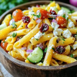 - 8 oz penne pasta - 1 cup feta cheese, crumbled - 1/2 cup dried cranberries - 1/4 cup red onion, finely chopped - 1/2 cup cucumber, diced - 1/2 cup cherry tomatoes, halved - 1/4 cup fresh parsley, chopped - 1/4 cup extra-virgin olive oil - 3 tablespoons freshly squeezed orange juice - 1 tablespoon freshly grated orange zest - 1 tablespoon apple cider vinegar - Salt and freshly cracked black pepper to taste I love how simple yet vibrant this feta cranberry penne salad is. You start with the main ingredients: penne pasta, feta cheese, and dried cranberries. Each element brings its own joy to the dish. The penne is hearty, the feta adds creaminess, and the cranberries give a sweet pop. Next, we add fresh veggies and herbs. The red onion adds a sharp bite, while the cucumber brings a refreshing crunch. Cherry tomatoes add color and sweetness. Finally, parsley ties it all together with a burst of freshness. The vinaigrette is where the magic happens. A mix of olive oil, orange juice, and zest creates a bright dressing. Apple cider vinegar adds a tangy touch, while salt and pepper enhance all the flavors. This vinaigrette is easy to whip up and makes this salad shine. You can find the full recipe for this delightful dish to enjoy. - Bringing water to a boil: Start by filling a large pot with water. Add a good pinch of salt. Place it on the stove and turn the heat to high. Wait for a rolling boil. - Cooking pasta to al dente: Once the water boils, add 8 oz of penne pasta. Cook for about 10-12 minutes, stirring occasionally. You want it firm, not mushy. - Rinsing and cooling the pasta: After cooking, drain the pasta in a colander. Rinse it under cold water. This stops cooking and cools it down quickly. Set it aside in the colander. - Mixing the dressing ingredients: In a small bowl, combine 1/4 cup extra-virgin olive oil, 3 tablespoons orange juice, 1 tablespoon orange zest, and 1 tablespoon apple cider vinegar. - Whisking for an emulsified texture: Use a whisk to mix everything well. Keep whisking until the dressing looks smooth and blended. This is key for a nice vinaigrette. - Combining cooled pasta with other ingredients: In a large bowl, add the cooled pasta. Then, gently fold in 1 cup crumbled feta cheese, 1/2 cup dried cranberries, 1/4 cup finely chopped red onion, 1/2 cup diced cucumber, and 1/2 cup halved cherry tomatoes. Add 1/4 cup chopped fresh parsley as well. - Tossing the salad with vinaigrette: Drizzle your orange vinaigrette over the pasta mixture. Use a large spoon to toss everything together. Be gentle to keep the feta intact. - Adjusting seasoning to taste: Taste the salad before serving. Add salt and black pepper as needed. This step enhances the overall flavor. - Importance of chilling before serving: Cover the salad with plastic wrap or a lid. Let it chill in the fridge for at least 30 minutes. This helps the flavors blend nicely. - Presentation tips for an appealing dish: For a beautiful display, use a clear glass bowl. This lets the colors shine. Garnish with extra parsley or a few whole cranberries. It adds a festive touch and makes it look inviting. To cook pasta without clumping, follow these steps: - Use a large pot with plenty of water. - Add a good amount of salt to the water. - Stir the pasta often in the first few minutes. Rinsing the pasta after cooking is very important. It stops the cooking process and cools it down quickly. This way, the pasta won’t stick together. While the orange vinaigrette shines, other dressings work too. Try a balsamic vinaigrette or a lemon dressing for a twist. You can customize the vinaigrette by adding herbs. Fresh thyme or basil gives a new flavor. Feta cranberry penne salad pairs well with grilled chicken or fish. It also complements a creamy soup for a full meal. This salad is ideal for picnics, potlucks, or summer gatherings. It's fresh, colorful, and easy to serve. For the full recipe, check the complete guide. {{image_4}} You can change up the cheese if you want. Goat cheese or mozzarella works great too. Both add a different flavor and texture. I love adding nuts for crunch. Walnuts or pecans add a nice bite. Just chop them roughly and mix them in. They pair well with the creamy feta and tart cranberries. The beauty of this salad lies in its flexibility. You can swap fruits or veggies based on what’s fresh. In spring, try adding fresh peas or asparagus. In fall, diced apples or roasted squash are perfect. These seasonal swaps enhance the taste and keep it exciting. Want to make it gluten-free? Use gluten-free penne pasta. It tastes just as good and holds up well. If you prefer a vegan option, switch the feta for a nut-based cheese. You can also use chickpeas for added protein. These swaps make the salad fit any diet. To refrigerate leftovers, place the salad in an airtight container. This helps keep it fresh. I recommend using glass containers. They do not absorb odors and are easy to clean. If you have a large batch, divide it into smaller portions. This way, you can enjoy it over several days. For longer shelf life, you can freeze the salad. However, some ingredients do not freeze well. To freeze, place the salad in a freezer-safe container. Leave some space at the top for expansion. When you are ready to eat, thaw it in the fridge overnight. This helps maintain the flavors and textures. You typically do not need to reheat this salad. It tastes great cold and stays fresh. If you prefer it warm, you can gently heat it in a pan. Just use low heat to avoid cooking the ingredients too much. Always remember, some people may like it cold, while others may enjoy it warm. It’s all about your taste! To make this salad, start with cooking the penne pasta. Bring a pot of salted water to a boil. Add the pasta and cook until it is al dente. Once cooked, drain it and rinse with cold water. This stops the cooking and cools the pasta. Next, prepare the orange vinaigrette. In a bowl, mix olive oil, orange juice, orange zest, apple cider vinegar, and some salt and pepper. Whisk until smooth. Then, combine the cooled pasta with feta, cranberries, red onion, cucumber, cherry tomatoes, and parsley in a large bowl. Drizzle the vinaigrette over the salad and toss gently. Chill the salad for about 30 minutes before serving. This helps the flavors come together. Yes, you can make this salad in advance. Chilling it in the fridge allows the flavors to meld. The longer it sits, the better it tastes. Just be sure to cover it well to keep it fresh. Absolutely! You can add proteins like grilled chicken, shrimp, or even beans. This will make the salad more filling. Just mix in your chosen protein after you combine the other ingredients. If you need an alternative to olive oil, you can use avocado oil or canola oil. Each oil brings a unique flavor. For a nutty taste, try sesame oil. Leftovers will stay fresh in the fridge for about three days. Store them in an airtight container to keep them tasty. If you notice any change in smell or color, it's best to discard them. For the full recipe, refer to the beginning of this article. This blog post shared a simple, tasty recipe for feta cranberry penne salad. I covered the key ingredients and how to mix them. You learned how to make a zesty vinaigrette and assemble the salad. I also shared tips for storage and serving. Enjoying this salad is easy. Customize it to fit your taste. You can add or swap ingredients based on what you have. With this recipe, fresh flavors await. It's perfect for gatherings or meal prep. Prepare your salad and enjoy every bite.