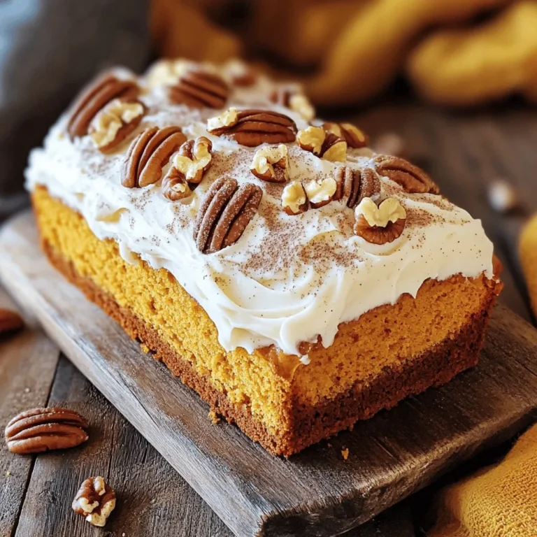 - 1 ¾ cups all-purpose flour - 1 teaspoon baking soda - ½ teaspoon baking powder - 1 teaspoon ground cinnamon - ½ teaspoon ground nutmeg - ½ teaspoon ground ginger - ½ teaspoon salt - 1 cup granulated sugar - ½ cup packed brown sugar - ½ cup vegetable oil - 3 large eggs - 1 cup pumpkin puree (canned or fresh) - 1 teaspoon vanilla extract - 1 cup chopped walnuts or pecans (optional) For the Cream Cheese Frosting: - 8 oz cream cheese, softened - ½ cup unsalted butter, softened - 2 cups powdered sugar - 1 teaspoon vanilla extract - A pinch of salt For this pumpkin bread, precision is key. Here are exact amounts for each ingredient: - All-purpose flour: 1 ¾ cups - Baking soda: 1 teaspoon - Baking powder: ½ teaspoon - Ground cinnamon: 1 teaspoon - Ground nutmeg: ½ teaspoon - Ground ginger: ½ teaspoon - Salt: ½ teaspoon - Granulated sugar: 1 cup - Brown sugar: ½ cup packed - Vegetable oil: ½ cup - Eggs: 3 large - Pumpkin puree: 1 cup - Vanilla extract: 1 teaspoon - Optional nuts: 1 cup chopped walnuts or pecans Feel free to add walnuts or pecans to your batter. They give a nice crunch and flavor. Adjust the amount to your liking! Start by preheating your oven to 350°F (175°C). This temperature helps the bread rise well. While the oven heats, grab a 9x5 inch loaf pan. Grease it lightly with butter or cooking spray. This step prevents the bread from sticking, making it easier to remove later. In a medium mixing bowl, combine the following dry ingredients: - 1 ¾ cups all-purpose flour - 1 teaspoon baking soda - ½ teaspoon baking powder - 1 teaspoon ground cinnamon - ½ teaspoon ground nutmeg - ½ teaspoon ground ginger - ½ teaspoon salt Whisk them together well. Sifting your dry ingredients helps avoid clumps. It ensures the spices and leavening agents mix evenly, leading to a better rise and flavor. In a large mixing bowl, blend these wet ingredients: - 1 cup granulated sugar - ½ cup packed brown sugar - ½ cup vegetable oil Use a whisk to mix until smooth. Next, crack in 3 large eggs, adding one at a time. Mix well after each egg. Then add 1 cup pumpkin puree and 1 teaspoon vanilla extract. Stir until everything is well combined and creamy. Gradually add the dry mixture into the wet mixture. Stir gently. Mix just until you don’t see any flour streaks. Over-mixing can make the bread dense and tough. If you want to add nuts, fold in 1 cup of chopped walnuts or pecans now. Pour the batter into your prepared loaf pan. Use a spatula to smooth the top. Bake in the preheated oven for about 60-70 minutes. To check if it's done, insert a toothpick into the center. If it comes out clean, your bread is ready. While the bread bakes, make the cream cheese frosting. In a medium bowl, beat together: - 8 oz cream cheese, softened - ½ cup unsalted butter, softened Mix until smooth and creamy. Gradually add 2 cups powdered sugar, 1 teaspoon vanilla extract, and a pinch of salt. Blend until fluffy. This frosting will enhance your pumpkin bread and add a lovely touch. Once the pumpkin bread is cool, spread the cream cheese frosting generously over the top. Enjoy your delicious treat! For the full recipe, check the recipe section. To make sure your pumpkin bread is moist, use fresh pumpkin puree. Canned pumpkin also works well, but check the label for quality. The right amount of oil keeps the bread tender. If your batter is too thick, add a splash of milk. This helps achieve the perfect texture. To avoid a dense loaf, mix your ingredients carefully. Over-mixing can lead to tough bread. Stir just until you see no dry flour. Let your batter rest for a few minutes before pouring it into the pan. This can help improve the rise. For a smooth cream cheese frosting, start with softened cream cheese. Beat it with softened butter until creamy. Gradually add the powdered sugar while mixing. This prevents lumps and gives you the best texture. If it seems too thick, add a drop of milk to loosen it. For garnishing, consider adding a sprinkle of cinnamon or chopped nuts on top of the frosting. You can also use mini chocolate chips for a sweet twist. These small touches make your bread look and taste even better. To serve your pumpkin bread, slice it into thick pieces. Place the slices on a nice plate or wooden board for a rustic look. A light dusting of cinnamon on the frosting adds warmth and charm. Pair your bread with warm drinks like coffee or spiced tea. The flavors match perfectly and create a cozy vibe. For a fun twist, serve it with a scoop of vanilla ice cream on the side. This makes for a delightful treat. For the full recipe, check out our Pumpkin Spice Delight Bread. {{image_4}} You can make your pumpkin bread even tastier by adding extras. Chocolate chips bring a rich flavor that many love. Dried fruit, like raisins or cranberries, adds a sweet burst. You can also change the spices. Try using allspice or cardamom for a fun twist. These changes can make your bread unique with every bake. Want to lighten up your pumpkin bread? Use whole wheat flour instead of all-purpose flour. This swap adds fiber and nutrients. You can also try different sweeteners. Honey or maple syrup can replace granulated sugar for a more natural taste. If you are vegan, substitute eggs with applesauce or flaxseed mixed with water. These options keep the bread moist and delicious. Pumpkin bread is great year-round, but you can make it festive. For Halloween, add a hint of nutmeg or cloves. During the winter holidays, incorporate spices like peppermint or vanilla. These flavors bring joy and warmth to each slice. Use seasonal spices to make your bread reflect the time of year. You can even add a layer of cranberry sauce on top for a tart finish. Each season offers new ways to enjoy this classic treat. To keep your pumpkin bread fresh, store it in an airtight container. This helps retain moisture and flavor. You can also wrap it tightly in plastic wrap or foil. If you want to freeze it, slice the bread first. Place the slices in a freezer bag, removing as much air as possible. This makes it easy to grab a piece later without defrosting the whole loaf. Store your cream cheese frosting in a sealed container in the fridge. It can last up to one week. If you need to reapply frosting, let it sit at room temperature for about 30 minutes. This will soften it and make it easier to spread. If it seems too thick, you can add a bit of milk to reach your desired consistency. At room temperature, pumpkin bread lasts about 3-4 days. If refrigerated, it can last up to a week. Always check for signs of spoilage. Look for mold or a change in smell. If it feels dry or crumbly, it’s best to toss it. Enjoy your pumpkin bread within these time frames for the best taste and quality! Baking pumpkin bread usually takes about 60 to 70 minutes. Check it at 60 minutes. Insert a toothpick into the center. If it comes out clean, the bread is done. If it has batter on it, bake longer. Keep an eye on the edges; they may brown faster. Yes, you can make pumpkin bread ahead of time. Bake it, then cool and wrap it tightly. Store it in the fridge for up to a week. You can also freeze it for up to three months. Just make sure to let it cool completely before wrapping. If you don't have pumpkin puree, try using applesauce or mashed sweet potatoes. Both give moisture and good flavor. You can also use butternut squash puree if you have it. Just make sure to keep the same amount as the recipe calls for. You can make pumpkin bread without eggs. Try using a flaxseed meal instead. Mix one tablespoon of flaxseed meal with three tablespoons of water for each egg. Let it sit for a few minutes until it thickens. Applesauce can also work as an egg substitute—use a quarter cup for each egg. Your cream cheese frosting should be smooth and fluffy. It should easily spread on the bread. If it is too thick, mix in a bit of milk. If too thin, add more powdered sugar. The right texture should hold its shape but still be soft. For the full recipe, check the previous sections. You learned how to make delicious pumpkin bread from start to finish. We covered all ingredients, including optional nuts for texture. I shared tips for perfecting your loaf and creating smooth cream cheese frosting. You also discovered storage techniques to keep your bread fresh. Remember, baking is both fun and a chance to be creative. Try variations or seasonal flavors to make this recipe your own. Savor every slice and enjoy the warm, inviting aroma in your home!
