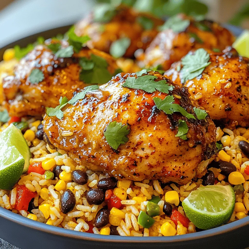 - 4 chicken thighs (bone-in, skin-on) - 2 tablespoons jerk seasoning - 1 tablespoon olive oil - 1 cup long-grain rice - 2 cups chicken broth - 1 can (15 oz) black beans, drained and rinsed I love using chicken thighs for this dish. They stay juicy and full of flavor. Jerk seasoning brings a wonderful mix of spices. Olive oil helps to sear the chicken well, creating a nice crust. Rice absorbs all those tasty juices and pairs perfectly with the beans. - 1 red bell pepper, diced - 1 cup corn kernels (fresh or frozen) - 1 teaspoon garlic powder - 1 teaspoon onion powder - 1 lime, juiced - Salt and pepper to taste The red bell pepper adds sweetness and color. Corn gives a nice crunch and freshness. Garlic and onion powders enhance the overall flavor. Lime juice adds a burst of brightness, while salt and pepper balance everything out. - Fresh cilantro, chopped (for garnish) - Lime wedges for serving Fresh cilantro adds a lovely touch and aroma. Lime wedges are great for squeezing over the dish before eating. They brighten the flavors even more, making each bite special. For the complete guide, check out the Full Recipe. To coat the chicken with jerk seasoning, start by placing the chicken thighs in a large mixing bowl. Sprinkle the jerk seasoning evenly over the chicken. Use your hands to rub the seasoning all over the chicken. Cover the bowl with plastic wrap. For the best flavor, let the chicken marinate for at least 30 minutes. If you have time, marinate it overnight in the fridge. To achieve crispy skin, heat olive oil in a large skillet over medium-high heat. Once the oil is hot, place the marinated chicken thighs skin-side down in the skillet. Sear them for about 5-7 minutes until the skin is golden brown. When it’s time to flip the chicken, use tongs to carefully turn each thigh. Cook for an additional 5 minutes on the other side, then remove the chicken from the skillet. Next, sauté the diced red bell pepper in the same skillet. Cook it for about 2-3 minutes until it becomes soft. This adds great flavor to your rice. After that, stir in the long-grain rice and cook it for another minute. This step helps the rice soak up the flavors of the oil and bell pepper. Slowly pour in the chicken broth, followed by the drained black beans and corn kernels. Also, add garlic powder, onion powder, lime juice, salt, and pepper. Stir well to mix everything together. Bring the mixture to a gentle boil. Now, gently layer the seared chicken thighs on top of the rice mixture. Cover the skillet with a lid, reduce the heat to low, and let it simmer for 20-25 minutes. This simmering time is crucial for making the chicken tender and ensuring the rice is cooked through. You can find the Full Recipe for Caribbean Jerk Chicken & Rice at the end of this article. Marinating is key for great flavor. I recommend at least 30 minutes. If you can, let the chicken sit overnight. This allows the spices to really soak in. Fresh lime juice is a must. It tastes brighter than bottled juice. Plus, it adds a zesty kick to the chicken. To check if the rice is done, taste it. It should be tender but not mushy. If it’s not ready, cover it and let it steam a bit longer. After cooking, fluff the rice with a fork. This helps separate the grains and keeps it light. For a nice look, serve the chicken on top of the rice. Add a sprinkle of beans and corn for color. Use fresh cilantro as a bright garnish. Lime wedges on the side add a fun touch. This dish looks great and tastes even better! For more details, check the Full Recipe. {{image_4}} You can change the heat of your jerk chicken easily. If you like it mild, choose a jerk seasoning with less spice. Look for brands that list "mild" on the label. If you want more heat, use a spicy jerk blend. You can also add fresh or pickled peppers for an extra kick. Jalapeños or Scotch bonnets work great. Just chop them finely and mix them in before cooking. If you want to switch up the protein, you have options. You can use pork instead of chicken. Pork tenderloin works well and cooks quickly. If you prefer a plant-based meal, tofu is a great choice. Just press and cube the tofu before marinating. Cooking times will vary; pork takes about 25-30 minutes while tofu cooks in about 15-20 minutes. Adjust your cooking time to ensure everything is tender and flavorful. You don’t have to stick with rice for your base. Try using quinoa for a nutty flavor. It cooks in about 15 minutes, making it a quick substitute. Cauliflower rice is another option if you want a low-carb meal. It cooks very fast, in just 5-7 minutes. Simply sauté it lightly to keep some crunch. Both alternatives add variety and nutrition to your dish. For the full recipe, check out the detailed instructions. To keep your Caribbean jerk chicken and rice fresh, first let it cool. Place the chicken and rice in separate containers. This prevents the rice from getting soggy. Use airtight containers for best results. You can also wrap the chicken in plastic wrap before placing it in a container. This adds an extra layer of protection. If you want to save leftovers for later, freezing is a great option. Make sure the chicken and rice are cool before freezing. Use freezer-safe containers or bags. Remove as much air as possible to prevent freezer burn. To reheat, take the leftovers out and thaw overnight in the fridge. Heat them in the microwave or on the stove until hot. This will keep the rice fluffy and the chicken juicy. Leftovers can last in the fridge for about 3 to 4 days. After that, they might spoil. Look for signs like a sour smell or a change in color. If the chicken or rice looks off, it’s best to toss it. Always trust your senses when it comes to food safety. You want to enjoy every bite of this tasty dish! Caribbean jerk seasoning is a spice mix that packs a punch. It blends herbs and spices to create a unique flavor. Common ingredients include: - Allspice - Thyme - Scallions - Garlic - Ginger - Scotch bonnet peppers - Cinnamon This seasoning has deep roots in Jamaican culture. It originated from the Maroons, runaway slaves who used it to preserve meat. Today, jerk seasoning symbolizes Caribbean cuisine and is enjoyed worldwide. Yes, you can prepare Caribbean jerk chicken and rice ahead of time. To do this, marinate the chicken at least 30 minutes before cooking. For better flavor, marinate overnight. Store the marinated chicken in the fridge. You can also cook the rice in advance. Just keep it in an airtight container. For safe storage, refrigerate leftovers within two hours of cooking. Reheat chicken and rice to 165°F before serving. Many sides complement Caribbean jerk chicken and rice. Here are some popular choices: - Plantains: Fried or baked for sweetness. - Coleslaw: A crunchy, fresh contrast. - Grilled vegetables: Bright and flavorful. - Corn salad: Adds color and texture. For appetizers, try tropical fruit salsa or shrimp skewers. A light salad with citrus dressing also pairs well. For the complete recipe, check out the Caribbean Jerk Chicken & Rice [Full Recipe]. This blog post covered the key ingredients and steps to make Caribbean jerk chicken and rice. You learned about the main ingredients like chicken thighs, jerk seasoning, and flavorful vegetables. I shared step-by-step instructions, tips for perfect rice, and storage info for leftovers. By following these simple guidelines, you can create a delicious dish that impresses. Experiment with variations to suit your taste. Enjoy cooking and sharing this vibrant meal with friends and family!