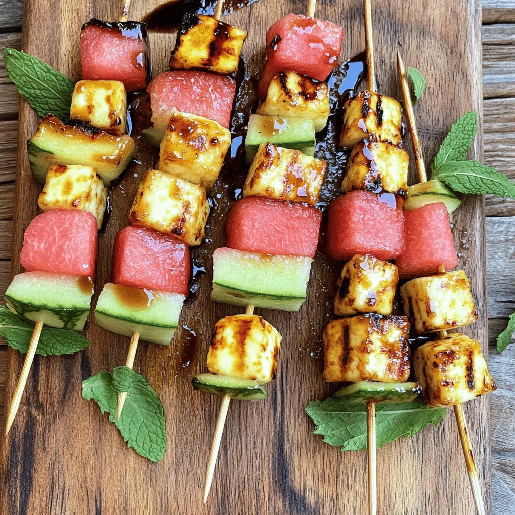 - Watermelon cubes - Fresh mint leaves Watermelon adds a juicy sweet burst. It balances the salty halloumi perfectly. Choose ripe watermelon for the best flavor. Fresh mint leaves offer a bright finish. They elevate each bite with a refreshing taste. - Halloumi cheese Halloumi is a semi-hard cheese from Cyprus. It has a unique ability to hold its shape when grilled. This gives you a lovely golden crust. The salty and creamy flavor complements the sweet watermelon. It's a star ingredient in these skewers. - Olive oil, balsamic glaze, salt, and pepper Olive oil enhances the grilling process. It adds a rich flavor and helps prevent sticking. Balsamic glaze brings a tangy sweetness. Use it to drizzle over the skewers for extra depth. Don’t forget salt and pepper to taste. These staples enhance all the flavors in the dish. For the full recipe, check out the details above. - Soak wooden skewers: If you use wooden skewers, soak them in water for at least 30 minutes. This step is key to stop them from burning on the grill. - Cut watermelon and halloumi: Take a medium watermelon and cut it into 1-inch cubes. Do the same with 8 ounces of halloumi cheese. Keeping the size uniform helps them cook evenly. - Threading watermelon and halloumi: Start by threading the watermelon and halloumi cubes onto your skewers. Alternate the pieces for a nice mix. - Ensuring even spacing: Leave a little space between the pieces. This helps heat circulate around each cube for better grilling. - Preheat the grill: While you prep the skewers, preheat your grill to medium-high heat. This ensures a good sear on your ingredients. - Grill times for perfect texture: Place the skewers on the grill and cook for about 3-4 minutes per side. You want the halloumi to be golden and a bit crispy, while the watermelon should show nice grill marks. Now you have the perfect grilled watermelon halloumi skewers. For a full recipe, check the [Full Recipe]. To get those perfect grill marks, you need a hot grill. Preheat your grill to medium-high heat before you start cooking. Place the skewers down gently and avoid moving them too much. Let them sit for 3-4 minutes on each side. This gives the watermelon and halloumi time to caramelize. To avoid burning, watch the skewers closely. Halloumi can burn fast due to its low moisture. If you see it turning dark too quickly, move it to a cooler part of the grill. Always check the watermelon too. It should show nice grill marks without becoming mushy. For extra flavor, try adding herbs. Fresh basil or oregano pairs well with the sweetness of watermelon. You can also sprinkle some chili flakes for a spicy kick. If you prefer a sweeter taste, use honey instead of balsamic glaze. As for sides, consider a light salad. A simple arugula salad with lemon juice complements the skewers. You can also serve it with grilled corn on the cob for a delightful summer meal. For serving, presentation matters. Lay the skewers on a wooden board or a colorful platter. Add some fresh mint leaves around them. This not only looks nice but also adds a fresh touch. Pair your skewers with drinks that refresh. I recommend a light white wine or lemonade. If you want something non-alcoholic, a mint-infused iced tea works well. These choices elevate your meal and make it feel special. Check out the Full Recipe to get all the details you need for these delicious skewers. {{image_4}} You can change up the cheese. Try feta or goat cheese for a new taste. Both will add a salty kick. For fruits, consider peaches or pineapple. They grill well and add sweetness. Switch up the marinade. A honey-soy blend brings a sweet touch. You could also try a spicy sriracha glaze for heat. Adding fresh herbs like basil or rosemary boosts flavor. These herbs pair well with both watermelon and halloumi. Mini skewers work great for appetizers. They make for easy bites at parties. For a main dish, use larger skewers. This way, you can pack more fruit and cheese on each stick. It gives a hearty serving that keeps everyone satisfied. For the full recipe, follow my instructions to make these delicious skewers. To keep your grilled watermelon halloumi skewers fresh, refrigerate any leftovers. First, let them cool down to room temperature. Then, place them in an airtight container. This helps prevent moisture loss and keeps flavors intact. You can stack them gently to save space. For reheating, the best method is to use a grill or an oven. Preheat your grill to medium heat. Place the skewers on the grill for about 2-3 minutes, turning them halfway. This helps maintain their texture and flavor. If using an oven, set it to 350°F (175°C) and heat for about 5 minutes. Avoid microwaving, as it can make the halloumi rubbery. In the fridge, these skewers last for about 3 days. Make sure they are sealed well to keep them fresh. If you want to store them longer, you can freeze them. Wrap each skewer tightly in plastic wrap and place them in a freezer bag. They can last up to 2 months in the freezer. Just remember to thaw them in the fridge before reheating. Grill the skewers for about 3-4 minutes on each side. This timing helps the halloumi turn golden and crispy. The watermelon should also get nice grill marks, adding to the flavor. Yes, you can prep the skewers ahead. Assemble them and store in the fridge for up to 4 hours. Just remember to add the balsamic glaze and mint just before serving for the best taste. If you can't find halloumi, try using feta or queso blanco. Both have a nice texture and flavor, but they might melt more. You can also use grilled tofu for a vegan option. You can use a grill pan on your stovetop. Heat it to medium-high and follow the same grilling time. Another option is to use an oven broiler. Place the skewers on a baking sheet and broil for about 5-6 minutes, turning halfway. For the full recipe, check out the details above! We discussed how to make delicious watermelon and halloumi skewers. Fresh ingredients like watermelon and mint give a refreshing taste. Grilling tips help you get those perfect marks without burning. You can even switch up ingredients for new flavors or serve them in fun ways. For leftovers, just store them in airtight containers. These skewers are easy to prep and great for any meal. Enjoy your time grilling and sharing these tasty bites!