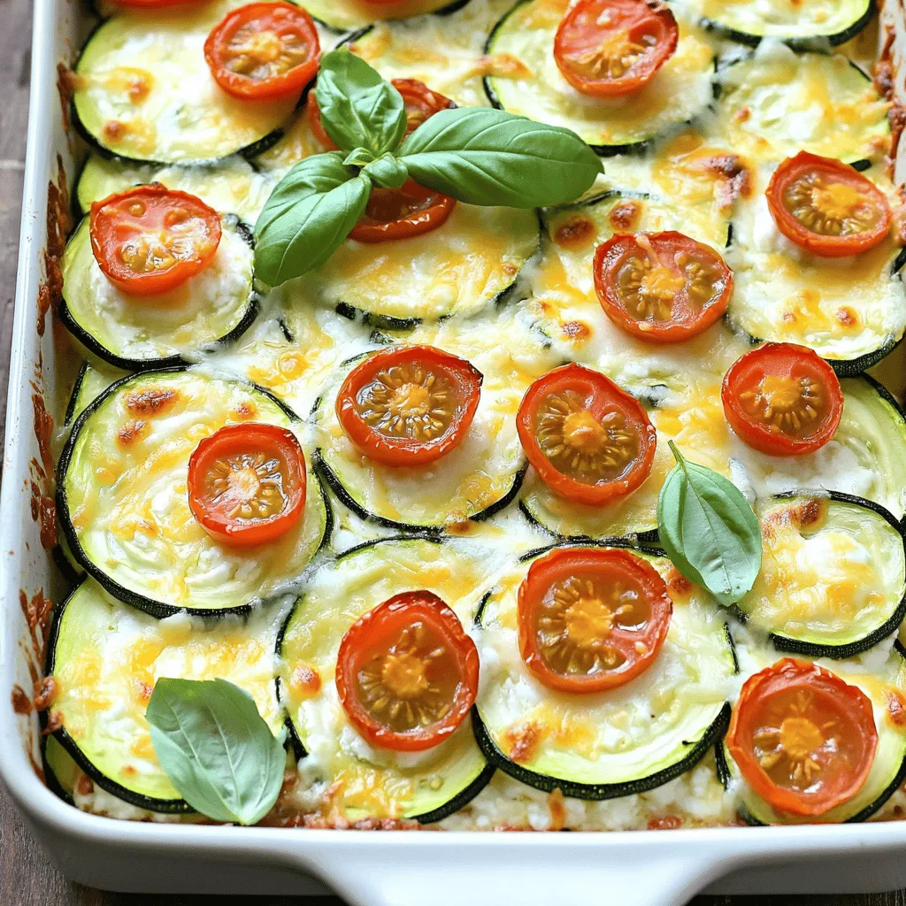 - 4 medium zucchinis, thinly sliced - 1 cup shredded mozzarella cheese, divided - 1 cup cottage cheese - ½ cup grated Parmesan cheese - 1 large egg - 1 teaspoon garlic powder - 1 teaspoon dried oregano - 1 teaspoon salt - ½ teaspoon black pepper - 1 cup cherry tomatoes, halved (for garnish) - Fresh basil leaves, for garnish Zucchini is the star here. It gives the dish a fresh taste and a nice texture. The cheese adds creaminess and flavor. Mozzarella melts beautifully, while Parmesan gives a rich, savory punch. Cottage cheese adds protein and moisture, making each bite filling. The egg binds everything together, ensuring a perfect bake. Seasonings like garlic powder and oregano enhance the dish’s flavor, making it more enjoyable. If you're dairy-free, try using vegan cheese. You can replace egg with flaxseed meal mixed with water. For gluten-free diets, this recipe is naturally gluten-free, so no changes are needed. If you want to add more veggies, consider bell peppers or spinach for extra nutrients. Always adjust based on your needs, so everyone can enjoy this dish. For the full recipe, check the main listing. First, preheat your oven to 375°F (190°C). This temperature helps cook the zucchini just right. Next, lightly grease a 9x13 inch baking dish. This step stops the zucchini bake from sticking. Now, grab 4 medium zucchinis. Thinly slice them and place them in a large bowl. Add 1 teaspoon of garlic powder, 1 teaspoon of dried oregano, 1 teaspoon of salt, and ½ teaspoon of black pepper. Toss the zucchini slices until they are well coated. In another bowl, mix 1 cup of cottage cheese, 1 large egg, and half of the shredded mozzarella cheese. Stir this mix until it is creamy and combined. Start layering your dish. Place half of the seasoned zucchini slices at the bottom of the greased baking dish. Spread them out evenly. Next, take half of the cheese mixture and spread it over the zucchini. Make sure it covers the slices well. Now, add the rest of the zucchini slices on top. Spread them out again to keep it even. Pour the remaining cheese mixture over this layer. Finish your layering by sprinkling ½ cup of grated Parmesan cheese and the rest of the shredded mozzarella cheese on top. This will create a nice, cheesy crust. Now, it's time to bake! Place the baking dish in your preheated oven. Bake it for 30-35 minutes. You want the top to be golden brown and bubbly. Once it looks perfect, take it out of the oven. Let the dish cool for 5-10 minutes. This cooling time helps set the layers. Before serving, garnish with fresh halved cherry tomatoes and basil leaves for a colorful touch. You can find the full recipe linked above if you need more details! To keep your zucchini bake from getting soggy, salt the zucchini first. Slice the zucchini and sprinkle it with salt. Let it sit for about 10 minutes. This draws out extra water. After that, pat the slices dry with a towel. This step helps keep your dish firm and tasty. For a cheesy flavor, you can mix mozzarella and Parmesan. Mozzarella melts well, while Parmesan adds a nice crunch. Try adding a bit of cheddar for sharpness. You can also use ricotta for a creamier texture. Experiment with your favorite cheeses to find the perfect blend. Serve the zucchini bake after it cools for 5-10 minutes. This resting time helps set the layers. Cut it into squares for easy serving. Garnish with fresh tomatoes and basil right before serving. This adds color and fresh flavor to the dish. For the full recipe, check out the details above. {{image_4}} You can switch up the veggies in this dish. Try adding bell peppers, mushrooms, or spinach. These give extra flavor and color. Just chop them small so they cook well. Mix them in with the zucchini for a tasty twist. Roasted vegetables also add a nice touch. They bring rich flavors that pair well with cheese. Want to make it heartier? Add protein! Ground turkey or chicken works great. Just cook the meat first, then layer it in. You can also add cooked sausage or bacon for a savory kick. Beans are another option for a meatless meal. They boost protein while keeping it healthy. This recipe is already gluten-free! If you want a bit more texture, use gluten-free breadcrumbs on top. This gives a nice crunch. You can also use quinoa or rice as a base. Just cook them first and layer them under the zucchini. This will make it filling and delicious. For the full recipe, check out the Cheesy Zucchini Delight Bake. After enjoying your cheesy zucchini bake, let it cool. Transfer leftovers to an airtight container. Store them in the fridge for up to three days. This will keep the dish fresh and tasty. Label the container with the date, so you know when to eat it. Remember to keep it covered to avoid drying out. To reheat your cheesy zucchini bake, preheat your oven to 350°F (175°C). Place the leftovers in an oven-safe dish. Cover with foil to keep moisture in. Heat for about 15-20 minutes, or until warmed through. You can also use a microwave. Microwave in short bursts, checking often, until hot. This will make sure your dish stays cheesy and delicious. If you want to store it longer, freezing is a great option. Allow the zucchini bake to cool completely. Cut it into portions for easy meals later. Wrap each piece in plastic wrap, then place them in a freezer bag. Label the bag with the date. It can last up to three months in the freezer. When you’re ready to eat, thaw it in the fridge overnight before reheating. You can enjoy your cheesy zucchini bake anytime! For the full recipe, check out the details above. Yes, you can use other cheeses. Cheddar, gouda, or even feta add great flavor. Each cheese brings a unique taste and texture. Just remember to keep the total amount the same. Mixing cheeses can also make the dish fun and tasty. Your zucchini bake will stay fresh for about three to four days in the fridge. Make sure to store it in an airtight container. This keeps the flavors in and the moisture out. If you want it to last longer, consider freezing it. Yes, you can prepare this dish ahead of time. Assemble it a day before and keep it in the fridge. Just remember to bake it the next day. This makes it easy for meal prep or when hosting friends. You can also freeze it before baking for up to three months. Just thaw it overnight in the fridge before baking. For the full recipe, check out the earlier sections. This blog post covered all you need for a perfect zucchini bake. We discussed key ingredients, how to layer, and baking tips. I shared ways to avoid soggy zucchini and the best cheese mixes. You can also modify the dish to fit your diet. Now, you can store leftovers easily and reheat them. Remember to have fun with variations and make this dish your own. Zucchini bake is simple, tasty, and versatile, perfect for any meal. You’ll enjoy making this dish as much as eating it!